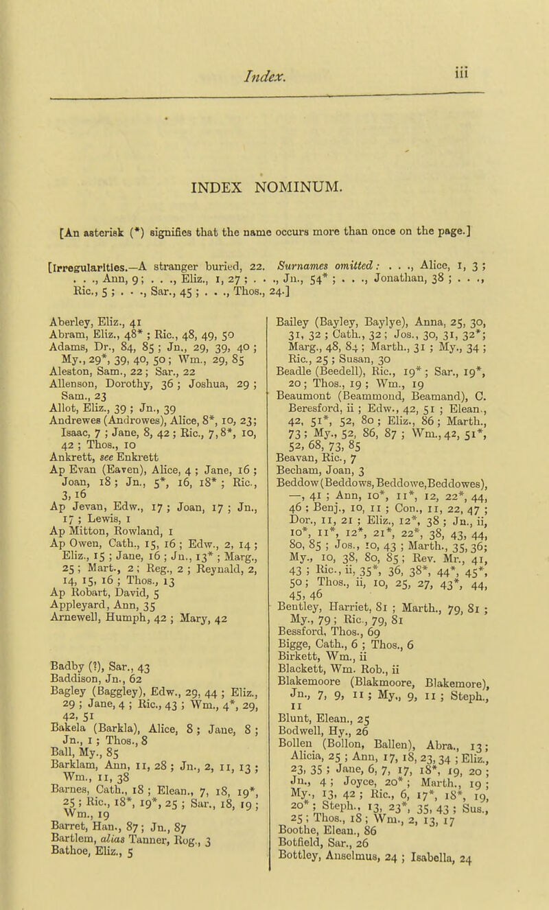 INDEX NOMINUM. [An asterisk (*) signifies that the name occurs more than once on the page.] [irregularities.—A stranger buried, 22. Surnames omitted: . . ., Alice, 1, 3; . . ., Ann, 9; . . ., Eliz., I, 27; . . ., Jn., 54* ; . . ., Jonathan, 38 ; . . ., Hie., 5 ; . • ., Sar., 45 ; . . ., Thos., 24.] Aberley, Eliz., 41 Abram, Eliz., 48* ; Ric, 48, 49, 50 Adams, Dr., 84, 85 ; Jn., 29, 39, 40 ; My., 29*, 39, 40, 50; ffm, 29, 85 Aleston, Sam., 22 ; Sar., 22 Allenson, Dorothy, 36 ; Joshua, 29 ; Sam., 23 Allot, Eliz., 39 ; Jn., 39 Andrewes (Androwes), Alice, 8*, 10, 23; Isaac, 7 ; Jane, 8, 42; Ric, 7,8*, 10, 42 ; Thos., 10 Ankrett, see Enkrett Ap Evan (Eaven), Alice, 4 ; Jane, 16 ; Joan, 18 ; Jn., 5* 16, 18* ; Ric, 3,16 Ap Jevan, Edw., 17 ; Joan, 17 ; Jn., 17 ; Lewis, I Ap Mitton, Rowland, I Ap Owen, Cath., 15, 16 ; Edw., 2, 14 ; Eliz., 15 ; Jane, 16 ; Jn., 13* ; Marg., 25 ; Mart., 2; Reg., 2 ; Reynald, 2, 14, 15, 16 ; Thos., 13 Ap Robart, David, 5 Appleyard, Ann, 35 Arnewell, Humph, 42 ; Mary, 42 Badby (?), Sar., 43 Baddison, Jn., 62 Bagley (Baggley), Edw., 29, 44 ; Eliz., 29 ; Jane, 4 ; Ric, 43 ; Wm., 4*, 29, 42, 51 Bakela (Barkla), Alice, 8; Jane, 8; Jn., 1; Thos., 8 Ball, My., 85 Barklam, Ann, 11, 28 ; Jn., 2, 11, 13 ; Wm., 11,38 Barnes, Oath., 18 ; Elean., 7, 18, 19*, 25 ; Ric, 18*, 19*, 25 ; Sar., 18, 19 ; Wm., 19 Barret, Han., 87; Jn., 87 Bartlem, alias Tanner, Rog., 3 Bathoe, Eliz., 5 Bailey (Bayley, Baylye), Anna, 25, 30, 31, 32 ; Cath., 32; Jos., 30, 31, 32*; Marg., 48, 84 ; Marth., 31 ; My., 34 ; Ric, 25 ; Susan, 30 Beadle (Beedell), Ric, 19* ; Sar., 19*, 20; Thos., 19; Wm., 19 Beaumont (Beammond, Beamand), C. Beresford, ii ; Edw., 42, 51 ; Elean., 42, 51*, 52, 80; Eliz., 86; Marth., 73; My., 52, 86, 87 ; Wm.,42, 51*, 52, 68, 73, 85 Beavan, Ric, 7 Becham, Joan, 3 Beddow (Beddo ws, Beddowe,Beddowes), —, 41 ; Ann, 10*, 11* 12, 22* 44, 46 ; Benj., 10, 11 ; Con., 11, 22, 47 ; Dor., II, 21 ; Eliz., 12*, 38 ; Jn., ii, 10* 11*, 12*, 21*, 22*, 38, 43, 44, 80, 85 ; Jos., :o, 43 ; Marth., 35, 36; My., 10, 38, 80, 85; Rev. Mr., 41, 43 5 Bio.,ii, 35*. 36, 38*, 44*, 45*. 50; Thos., ii, 10, 25, 27, 43* 44, 45, 46 Beutley, Harriet, 81 ; Marth., 79, 81 ; My., 79 ; Ric, 79, 81 Bessford, Thos., 69 Bigge, Cath., 6 ; Thos., 6 Birkett, Wm., ii Blackett, Wm. Rob., ii Blakemoore (Blakmoore, Blakemore), Jn., 7, 9, 11 ; My,, 9, 11 ; Steph., Blunt, Elean., 25 Bodwell, Hy., 26 Bollen (Bollon, Ballen), Abra., 13; Alicia, 25 ; Ann, 17, 18, 23, 34 ; Eliz., 23, 35 ; Jaue, 6, 7, 17, 18*, 19, 20 ; Jn., 4; Joyce, 20*; Marth., 19; My-, 13, 42 ; Ric, 6, 17*, iS*, 19, 20* ; Steph., 13, 23*, 35, 43 ; Sub., 25; Thos., 18; Wm., 2, 13, I; Boothe, Elean., 86 Botfield, Sar., 26 Bottley, Anselmus, 24 ; Isabella, 24