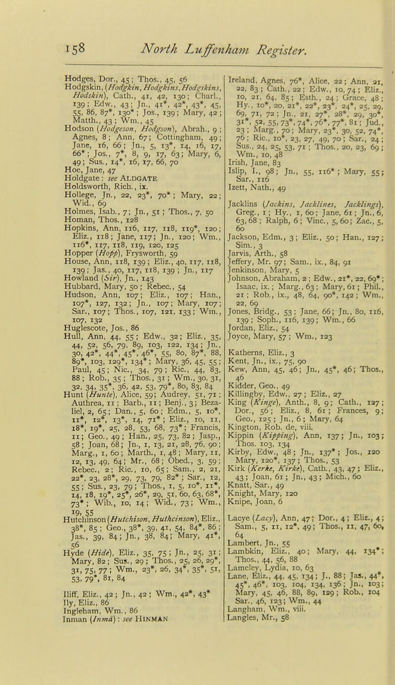 Hodges, Dor., 45; Thos., 45, 56 Hodgskin, (Hodgkin, Hodgkins, ffodgskins, Hodskin), Cath., 41, 42, 130; Cliarl., 139; Edw., 43; Jn., 41*, 42*, 43*, 45, 55, 86, 87*, 130* ; Jos., 139; Mary, 42 ; Matth., 43 ; Wni., 45 Hodson [Hodgeson, Hodgson), Abrah., 9 ; Agnes, 8; Ann, 67; Cottinghara, 49; Jane, 16, 66; Jn., 5, 13*, 14, 16, 17, 66*; Jos., 7», 8, 9, 17, 63; Mary, 6, 49; Sus., 14*, i6, 17, 66, 70 Hoe, Jane, 47 Holdgate: see Aldgate Holdsworth, Rich., ix. HoUege, Jn., 22, 23*, 70* ; Mary, 22; Wid., 69 Holmes, Isab., 7; Jn., 51; Thos., 7, 50 Homan, Thos., 128 Hopkins, Ann, 116, 117, 118, 119*, 120; Eliz., 118; Jane, 117; Jn., 120; Wm., 116*, 117, 118, 119, 120, 125 Hopper (Hopp), Frysworth, 59 House, Ann, 118, 139; Eliz., 40, 117, 118, 139; Jas., 40, 117, 118, 139 ; Jn., 117 Howland [Sir], Jn., 143 Hubbard, Mary, 50; Rebec., 54 Hudson, Ann, 107; Eliz., 107; Han., 107*, 127, 132; Jn., 107; Mary, 107; Sar., 107; Thos., 107, 121, 133; Win., 107, 132 Huglescote, Jos., 86 Hull, Ann, 44, 55; Edw., 32; Eliz., 35, 44. 52. 56, 79. 89, 103, 122, 134; Jn., 30, 42*, 44*, 45*, 46*, 55, 80, 87*, 88, 89*. 103. 129*, 134*; Mary, 36, 45, 55 ; Paul, 45; Nic, 34, 79; Ric, 44, 83, 88 ; Rob., 35 ; Thos., 31; Wm., 30, 31, 32. 34. 35*. 36, 42. 53. 79*. 80, 83, 84 Hunt {Hunte), Alice, 59; Audrey, 51, 71; Authrea, 11; Barb., 11; Benj., 3; Beza- liel, 2, 65; Dan., 5, 60; Edm., 5, 10*, II*, 12*. 13*, 14, 71*; Eliz., 10, II, 18*, 19*, 25, 28, 53, 68, 73*; Francis, II; Geo., 49 ; Han., 25, 73, 82 ; Jasp., 58; Joan, 68; Jn., i, 13, 21, 28, 76, 90; Marg., I, 60; Marth., i, 48; Mary, 11, 12, 13, 49, 64; Mr., 68; Obed., 3, 59; Rebec, 2; Ric, 10, 65; Sam., 2, 21, 22*, 23, 28*, 29, 73, 79, 82*; Sar., 12, 55; Sus., 23, 79; Thos., i, 5, 10*, ii*, 14, 18, 19*, 25*, 26*, 29, 51, 60, 63, 68*, 73*; Wib., 10, 14; Wid., 73; Wm., 19, ss HutchinsonHuthcinson), Eliz., 38*. 85 ; Geo., 38*, 39, 41. 54. 84*, 86; Jas., 39, 84; Jn., 38, 84; Mary, 41*, 56 Hyde {.Hide), Eliz., 35, 75; Jn., 25, 31; Mary, 82; Sus., 29; Thos., 25, 26, 29*, 31. 75- 77 ; Wm., 23*, 26, 34*, 35*. 51, S3. 79*. 81, 84 Iliff, Eliz., 42; Jn., 42; Wm., 42*, 43* Ily, Eliz., 86 Ingleham, Wm., 86 Inman {/nmd): see HiNMAN Ireland, Agnes, 76*, Alice, 22; Ann, ai, 22, 83 ; Cath., 22; Edw., 10, 74; Eliz., 10, 21, 64, 85; Esth., 24; Grace, 48; Hy., 10*, 20, 21*, 22*, 23*, 24*, 25, 20, 69, 71, 72; Jn., 21, 27*, 28*, 29, 30*, 31*. 52. 55. 73*. 74*. 76*. 77*. 81; Jud., 23 ; Marg., 70; Mary, 23*, 30, 52, 74*, 76 ; Ric, 10*, 23, 27, 49, 70; Sar., 24; Sus., 24, 25, 53, 71 ; Thos., 20, 23, 69 ; Wm., 10, 48 Irish, Jane, 83 Islip, I., 98; Jn., 55, 116*; Mary, 55; Sar., 116 Izett, Nath., 49 Jacklins (Jackins, Jacklines, Jacklings), Greg., I; Hy., i, 60; Jane, 61; Jn., 6, 63,68 ; Ralph, 6 ; Vine, 5, 60; Zac, 5, 60 Jackson, Edm., 3; Eliz., 50; Han., 127; Sim., 3 Jarvis, Arth., 58 Jeffery, Mr. 97; Sam., ix., 84, 91 Jenkinson, Mary, 5 Johnson, Abraham, 2 ; Edw., 21*, 22, 69*; Isaac, ix.; Marg. ,63; Mary, 61; PML, 21 ; Rob., ix., 48, 64, 90*, 142 ; Wm., 22, 69 Jones, Bridg., 53; Jane, 66; Jn., 80, 116, 139; Soph., 116, 139; Wm., 66 Jordan, Ehz., 54 Joyce, Mary, 57 ; Wm., 123 Katherns, Eliz., 3 Kent, Jn., ix., 75, 90 Kew, Ann, 45, 46; Jn., 45*, 46; Thos., 46 Kidder, Geo., 49 Killingby, Edw., 27 ; Eliz., 27 King (Kinge), Anth., 8, 9; Cath., 127; Dor., 56; Eliz., 8, 61; Frances, 9; Geo., 125 ; Jn., 6 ; Mary, 64 Kington, Rob. de, viii. Kippin [Kipping), Ann, 137; Jn., 103; Thos. 103, 134 Kirby, Edw., 48; Jn., 137*; Jos., 120 Mary, 120*, 137; Thos., 53 Kirk {Kerke, Kirke), Cath., 43, 47; Eliz., 43 ; Joan, 61; Jn., 43 ; Mich., 60 Knatt, Sar., 49 Knight, Mary, 120 Knipe, Joan, 6 Lacye (Lacy), Ann, 47; Dor., 4; Eliz., 4; Sam., 5, II, 12*, 49; Thos., 11, 47, 60, 64 Lambert, Jn., 55 Lambkin, Eliz., 40; Mary, 44, 134*; Thos., 44, 56, 88 Lamcley, Lydia, 10, 63 Lane, Eliz., 44, 45, 134; J., 88; Jas., 44*. 45*, 46*, 103, 104, 134, 136; Jn., 103; Mary, 45, 46, 88, 89, 129; Rob., 104 Sar., 46, 123; Wm., 44 Langham, Wm., viii. Langles, Mr., 58