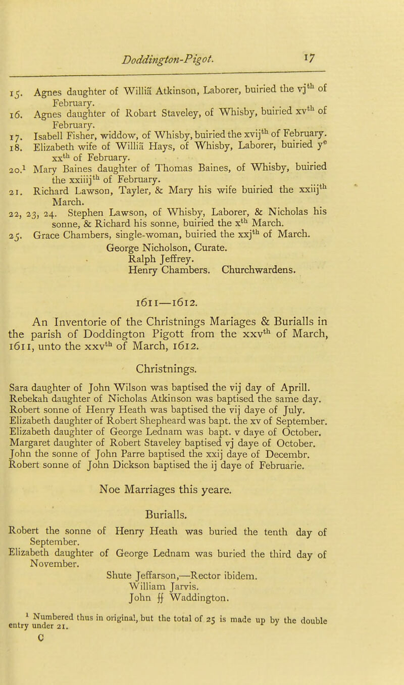 15. Agnes daughter of Willia Atkinson, Laborer, buiried the vj' of February. . 16. Agnes daughter of Robart Staveley, of Whisby, buiried xv' ot February. 17. Isabell Fisher, widdow, of Whisby, buiried the xvij'^ of February. 18. Elizabeth wife of WilHa Hays, of Whisby, Laborer, buiried y° xx'** of February. 10} Mary Baines daughter of Thomas Baines, of Whisby, buiried the xxiiij''' of February. 21. Richard Lawson, Tayler, & Mary his wife buiried the xxiij* March. 22, 23, 24. Stephen Lawson, of Whisby, Laborer, & Nicholas his Sonne, & Richard his sonne, buiried the x'*^ March. 25. Grace Chambers, single-woman, buiried the xxj^ of March. George Nicholson, Curate. Ralph Jeffrey. Henry Chambers. Churchwardens. 1611—1612. An Inventorie of the Christnings Mariages & Burialls in the parish of Doddington Pigott from the xxv*** of March, 1611, unto the xxv' of March, 1612. Christnings. Sara daughter of John Wilson was baptised the vij day of Aprill. Rebekah daughter of Nicholas Atkinson was baptised the same day. Robert sonne of Henry Heath was baptised the vij daye of July. Elizabeth daughter of Robert Shepheard was bapt. the xv of September. Elizabeth daughter of George Lednam was bapt. v daye of October. Margaret daughter of Robert Staveley baptised vj daye of October. John the sonne of John Parre baptised the xxij daye of Decembr. Robert sonne of John Dickson baptised the ij daye of Februarie. Noe Marriages this yeare. Burialls. Robert the sonne of Henry Heath was buried the tenth day of September. Elizabeth daughter of George Lednam was buried the third day of November. Shute Jeffarson,—Rector ibidem. William Jarvis. John jf Waddington. 1 Numbered thus in original, but the total of 25 is made up by the double entry under 21. c 1 C