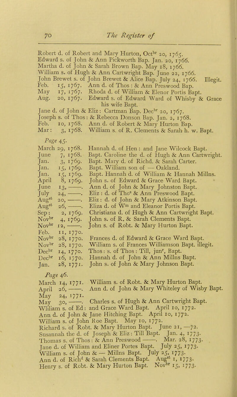 Robert d. of Robert and Mary Hurton, Oct* 20, 1765. Edward s. of John & Ann Pickworth Bap. Jan. 20, 1766. Martha d. of John & Sarah Brown Bap. May 18, 1766. William s. of Hugh & Ann Cartwright Bap. June 22, 1766. John Brewet s. of John Brewet & Alice Bap. July 24, 1766. Illegit. Feb. 15, 1767. Ann d. of Thos : & Ann Preswood Bap. May 17, 1767. Rhoda d. of William & Elenor Portis Bapt. Aug. 20, 1767. Edwards, of Edward Ward of Whisby & Grace his wife Bapt. Jane d. of John & EHz: Cartman Bap. Dec'^' 20, 1767. Joseph s. of Thos: & Rebecca Donson Bap. Jan. 2, 1768. Feb. ID, 1768. Ann d. of Robert & Mary Plurton Bap. Mar: 3, 1768. William s. of R. Clements & Sarah h. w. Bapt. Page 45. March 29, June 7, Jan. Jan. Jan. April June July, Aug*^ Sep: Nov'^ Novb^ Feb. Nov^'f Novi'' Dec*^^ Dec'^'^ Jan. 3, 8, 13. 24, 20, 26, 2, 4. 12, II, 28, 28, 14, 16, 28, 1768. 1768. 1769. 1769. 1769. 1769. 1769. 1769. 1770. 1770. 1770. 1770. 1770. 177:. Hannah d. of Hen : and Jane Wilcock Bapt. Bapt. Caroline the d. of Hugh & Ann Cartwright. Bapt. Mary d. of Richd. & Sarah Carter. Bapt. William son of — Oakland. Bapt. Hannah d. of William & Hannah Millns. John s. of Edward & Grace Ward Bapt. Ann d. of John & Mary Johnston Bapt. Eliz : d. of Tho^ & Ann Preswood Bapt. Eliz: d. of John & Mary Atkinson Bapt. Eliza d. of W and Eleanor Portis Bapt. Christiana d. of Hugh & Ann Cartwright Bapt. John s. of R. & Sarah Clements Bapt. John s. of Robt. & Mary Hurton Bapt. Frances d. of Edward & Grace Ward Bapt. William s. of Frances Williamson Bapt. illegit. Thos: s. of Thos : Till, jun^ Bapt. Hannah d. of John & Ann Millns Bapt. John s. of John & Mary Johnson Bapt. William s. of Robt. & Mary Hurton Bapt. Ann d. of John & Mary Whiteley of Wisby Bapt. Page 46. March 14, 1771. April 26, . May 24, 1771. May 30, . Charles s. of Hugh & Ann Cartwright Bapt. Wliliam s. of Ed : and Grace Ward Bapt. April 10, 1772. Ann d. of John & Jane Hitching Bapt. April 10, 1772. William s. of John Roe Bapt. May 10, 1772. Richard s. of Robt. & Mary Hurton Bapt. June 21, —72. Susannah the d. of Joseph & Eliz: Till Bapt. Jan. 4, 1773. Thomas s. of Thos: & Ann Preswood . Mar. 28, 1773. Jane d. of William and Eliner Fortes Bapt. July 25, 1773. William s. of John & — Millns Bapt. July 25, 1773. Ann d. of Rich'^ & Sarah Clements Bapt. Aug^^ i, 1773. Henry s. of Robt. & Mary Hurton Bapt. Nov''' 15, 1773.