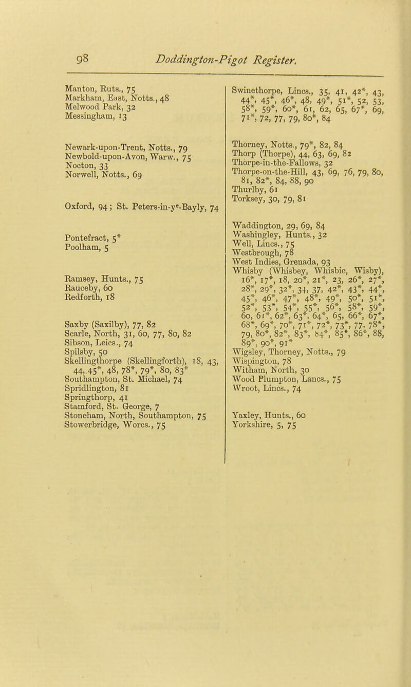 Manton, Ruts., 75 Markham, East, Notts., 48 Melwood Park, 32 Messiaghain, 13 Newark-upon-Trent, Notts., 79 Newbold-upon-Avon, Warw., 75 Nocton, 33 Norwell, Notts., 69 Oxford, 94; St. Peters-in-y'-Bayly, 74 Pontefract, 5* Poolham, 5 Ramsey, Hunts., 75 Rauceby, 60 Redforth, 18 Saxby (Saxilby), 77, 82 Scarle, North, 31, 60, 77, 80, 82 Sibson, Leics., 74 Spilsby, 50 Skellingthorpe (Skellingforth), iS, 43, 44,.45*.48,78*,79*, 80, 83* Southampton, St. Michael, 74 Spridlington, 81 Springthorp, 41 Stamford, St. George, 7 Stoneham, North, Southampton, 75 Stowerbridge, Worcs., 75 Swinethorpe, Lines., 35, 41, 42*, 43, 44*, 45*, 46*, 48, 49*, 51*, 52, 53, 58*, 59*. 60*, 61, 62, 65, 67*, 69, 71*, 72, 77, 79, 80*, 84 Thomey, Notts., 79*, 82, 84 Thorp (Thorpe), 44, 63, 69, 82 Thorpe-in-the-Fallows, 32 Thorpe-on-the-Hill, 43, 69, 76, 79, 80, 81, 82*, 84, 88, 90 Thurlby, 61 Torksey, 30, 79, 81 Waddington, 29, 69, 84 Washingley, Hunts., 32 Well, Lines., 75 Westbrough, 78 West Indies, Grenada, 93 Whisby (Wliisbey, Whisbie, Wisby), 16*, 17* 18, 20*, 21*, 23, 26*, 27*, 28*, 29*, 32*, 34, 37, 42*, 43*. 44*. 45*, 46*, 47*, 48*, 49*, 50*, 51*, 52*, 53*, 54*, 55*, 56*, 58*, 59*. 60, 6£*, 62*, 63*. 64*, 65, 66*, 67*, 68*, 69*, 70*, 71*, 72*, 73*. 77. 78*, 79, 80*, 82*, 83*, 84*, 85*. 86*. 88, 89*. 90*, 91* Wigsley, Thorney, Notts., 79 Wispiiigton, 78 Witham, North, 30 Wood Plumpton, Lanes., 75 VVroot, Lines., 74 Yaxley, Hunts., 60 Yorkshire, 5, 75 I