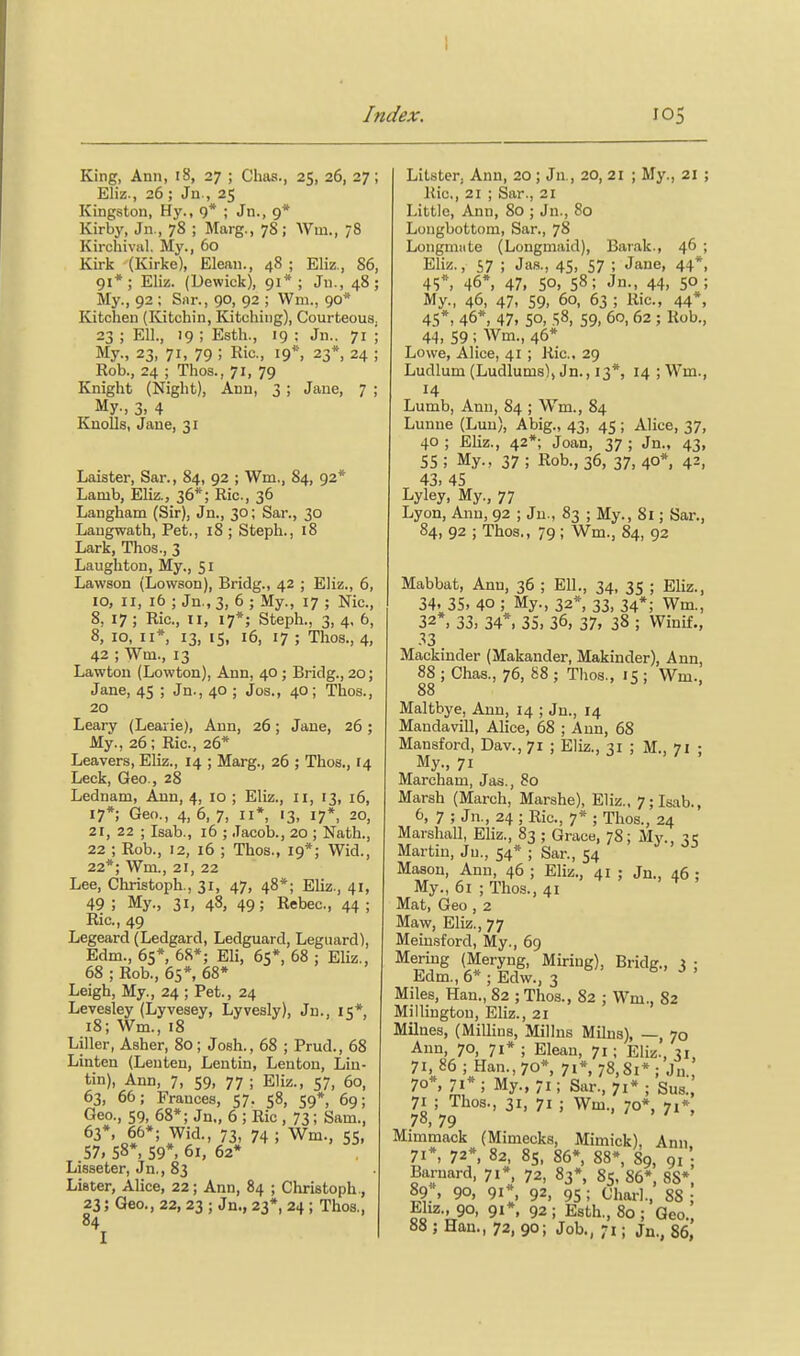 I Index. 105 King, Ann, 18, 27 ; Cliaa., 25, 26, 27; Eliz., 26 ; Jn., 25 Kingston, Hy., 9* ; Jn., 9* Kirby, Jn., 78 ; Marg., 78; Wm., 78 Kircliiviil. My., 60 Kirk (Kirke), Elean., 48 ; Eliz., 86, 91*; Eliz. (Dewick), 91*; Jn., 48; My., 92 ; Snr., 90, 92 ; Wm., 90* Kitchen {Kitchin, Kitching), CourteouSj 23 ; Ell., 19 ; Esth., 19 : Jn.. 71 ; My., 23, 71, 79 ; Ric, 19*-, 23*, 24 ; Rob., 24 ; Thos., 71, 79 Knight (Night), Ann, 3 ; Jane, 7 ; My-, 3. 4 Knolls, Jane, 31 Laister, Sar., 84, 92 ; Wm., 84, 92* Lamb, Eliz., 36*; Ric, 36 Langham (Sir), Jn., 30; Sar., 30 Laugwath, Pet,, 18 ; Steph., 18 Lark, Thos., 3 Laughton, My,, 51 Lawson (Lowson), Bridg., 42 ; Eliz., 6, 10, II, 16 ; Jn., 3, 6 ; My., 17 ; Nic, 8, 17; Ric, II, 17*; Steph., 3, 4, 6, 8, 10, II*, 13, 15, 16, 17 ; Thos., 4, 42 ; Wm., 13 Lawton (Lowton), Ann, 40 ; Bridg., 20; Jane, 45 ; Jn., 40 ; Jos., 40; Thos., 20 Leary (Learie), Ann, 26; Jane, 26; My., 26; Ric, 26* Leavers, Eliz., 14 ; Marg., 26 ; Thos., 14 Leek, Geo., 28 Lednam, Ann, 4, 10 ; Eliz., 11, 13, 16, 17*; Geo., 4, 6, 7, II*, 13, 17*, 20, 21, 22 ; Isab., 16 ; Jacob., 20 ; Nath., 22 ; Rob., 12, 16 ; Thos., 19*; Wid., 22*; Wm., 21, 22 Lee, Christoph., 31, 47, 48*; Eliz., 41, 49 ; My., 31, 48, 49; Rebec, 44 ; Ric, 49 Legeard (Ledgard, Ledguard, Legiiard), Edm., 65*, 68*; Eli, 65*, 68 : Eliz., 68 ; Rob., 65*, 68* Leigh, My., 24 ; Pet., 24 Levesley (Lyvesey, Lyvesly), Jn., 15* 18; Wm., 18 Liller, Asher, 80; Josh., 68 ; Prud., 68 Linten (Lenten, Lentin, Leuton, Liu- tin), Ann, 7, 59, 77; Eliz., 57, 60, 63, 66; Frances, 57. 58, 59*, 69; Geo., 59, 68*; Jn., 6 ; Ric , 73; Sam., 63*, 66*; Wid., 73, 74 ; Wm., 55, 57, S8*, 59*. 61, 62* Lisseter, Jn., 83 Lister, Alice, 22; Ann, 84 ; Christoph., 23; Geo., 22, 23 ; Jn., 23*, 24 ; Thos., 84 I Litster, Ann, 20; Jn., 20, 21 ; My., 21 ; Kic, 21 ; Sar., 21 Little, Ann, So ; Jn., 80 Longbottom, Sar., 78 Longmiite (Longmaid), Barak., 46 ; Eliz., 57 ; Jas., 45, 57 ; Jane, 44*, 4S*> 46*, 47, SO, 58; Jn-, 44, 5° ; My., 46, 47, 59, 60, 63 ; Ric, 44*, 45*, 46*, 47, 50, 58, 59, 60, 62 ; Rob., 44, 59 ; Wm., 46* Lowe, Alice, 41 ; Ric. 29 Ludlum (Ludlums), Jn., 13*, 14 ; Wm., 14 Lumb, Ami, 84 ; Wm., 84 Lunne (Lun), Abig., 43, 45 ; Alice, 37, 40 ; Eliz., 42*; Joan, 37 ; Jn., 43, 55 ; My., 37 ; Rob., 36, 37, 40*, 43, 43, 45 Lyley, My., 77 Lyon, Aiin, 92 ; Jn., 83 ; My., 81; Sar., 84, 92 ; Thos., 79; Wm., 84, 92 Mabbat, Ann, 36 ; Ell., 34, 35 ; Eliz., 34. 35, 40 ; My., 32*, 33, 34*; Wm., 32*, 33, 34*. 35, 36, 37, 38 ; Winif., .^3 Mackinder (Makander, Makinder), Ann, 88 ; Chas., 76, 88 ; Thos., 15 ; Wm.. 88 Maltbye, Arm, 14 ; Jn., 14 Mandavill, Alice, 68 ; Ann, 68 Mansford, Dav., 71 ; Eliz., 31 ; M., 71 ; My., 71 Marcham, Jas., 80 Marsh (March, Marshe), Eliz., 7; Isab., 6, 7 ; Jn., 24 ; Ric, 7* ; Thos., 24 Marshall, Eliz., 83 ; Grace, 78; My., 35 Martin, Jn., 54* ; Sar., 54 Mason, Ann, 46 ; Eliz., 41 ; Jn., 46 : My., 61 ; Thos., 41 ^ Mat, Geo, 2 Maw, Eliz., 77 Meiusford, My., 69 Meriug (Meryng, Miring), Bridg., 3 ; Edm., 6* ; Edw., 3 Miles, Han., 82 ; Thos., 82 ; Wm., 82 Millington, Eliz., 21 Milnes, (MiUius, Millns Mihis), —, 70 Ann, 70, 71* ; Elean, 71; Eliz., 31, 71,86 ; Han., 70*, 71*, 78,81*; Jn., 70*, 71*; My., 71; Sar., 71* ; Sus., 71 ; Thos., 31, 71 ; Wm., 70*, 71* 78, 79 Mimmack (Mimecks, Mimick), Ann 71*, 72*, 82, 8s, 86*, 88*, 89, 91 Barnard, 71*, 72, 83*, 85, 86*, 88*. 89 , 90, 91*, 92, 95; Oharl., 88 : Eliz.,90, 91*. 92; Esth., 80; Geo., 88 ; Han., 72, 90; Job., 71; Jn., 86,