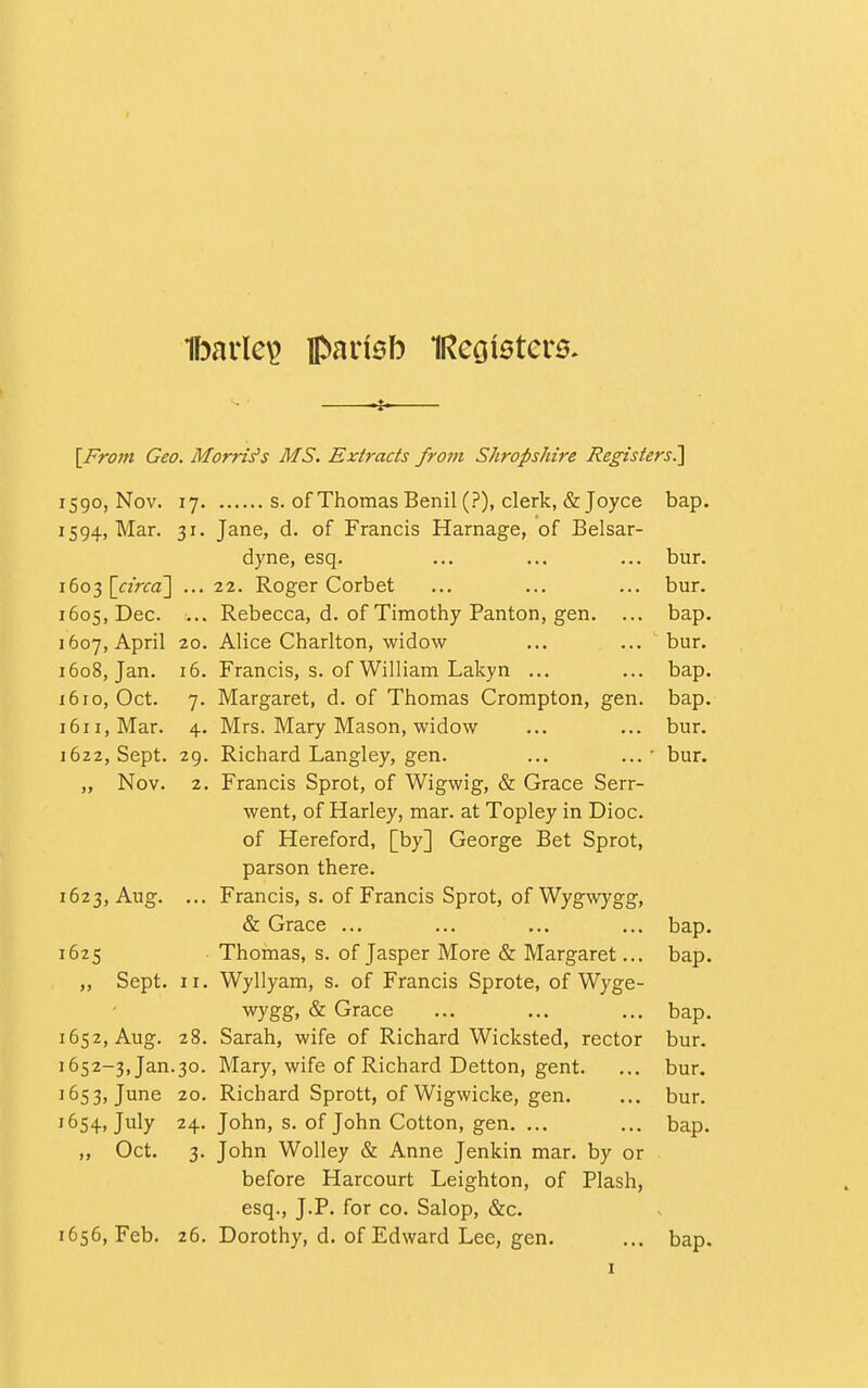 [From Geo. Morris's MS. Extracts from Shropshire Registers^ 1590, Nov. 17 s. of Thomas Benil (?), clerk, & Joyce bap. 1594, Mar. 31. Jane, d. of Francis Harnage, of Belsar- dyne, esq. ... ... ... bur. 1603 \circd\ ... 22. Roger Corbet ... ... ... bur. 1605, Dec. ... Rebecca, d. of Timothy Panton, gen. ... bap. 1607, April 20. Alice Charlton, widow ... ... bur. 1608, Jan. 16. Francis, s. of William Lakyn ... ... bap. J 610, Oct. 7. Margaret, d. of Thomas Crompton, gen. bap. 1611, Mar. 4. Mrs. Mary Mason, widow ... ... bur. 1622, Sept. 29. Richard Langley, gen. ... ... bur. „ Nov. 2. Francis Sprot, of Wigwig, & Grace Serr- went, of Harley, mar. at Topley in Dioc. of Hereford, [by] George Bet Sprot, parson there. 1623, Aug. ... Francis, s. of Francis Sprot, of Wygwygg, & Grace ... ... ... ... bap. 1625 Thomas, s. of Jasper More & Margaret... bap. ,, Sept. II. Wyllyam, s. of Francis Sprote, of Wyge- wygg, & Grace ... ... ... bap. 1652, Aug. 28. Sarah, wife of Richard Wicksted, rector bur. 1652-3, Jan.30. Mary, wife of Richard Detton, gent. ... bur. 1653, June 20. Richard Sprott, of Wigwicke, gen. ... bur. 1654, July 24. John, s. of John Cotton, gen. ... ... bap. ,, Oct. 3. John Wolley & Anne Jenkin mar. by or before Harcourt Leighton, of Plash, esq., J.P. for co. Salop, &c. 1656, Feb. 26. Dorothy, d. of Edward Lee, gen. ... bap.