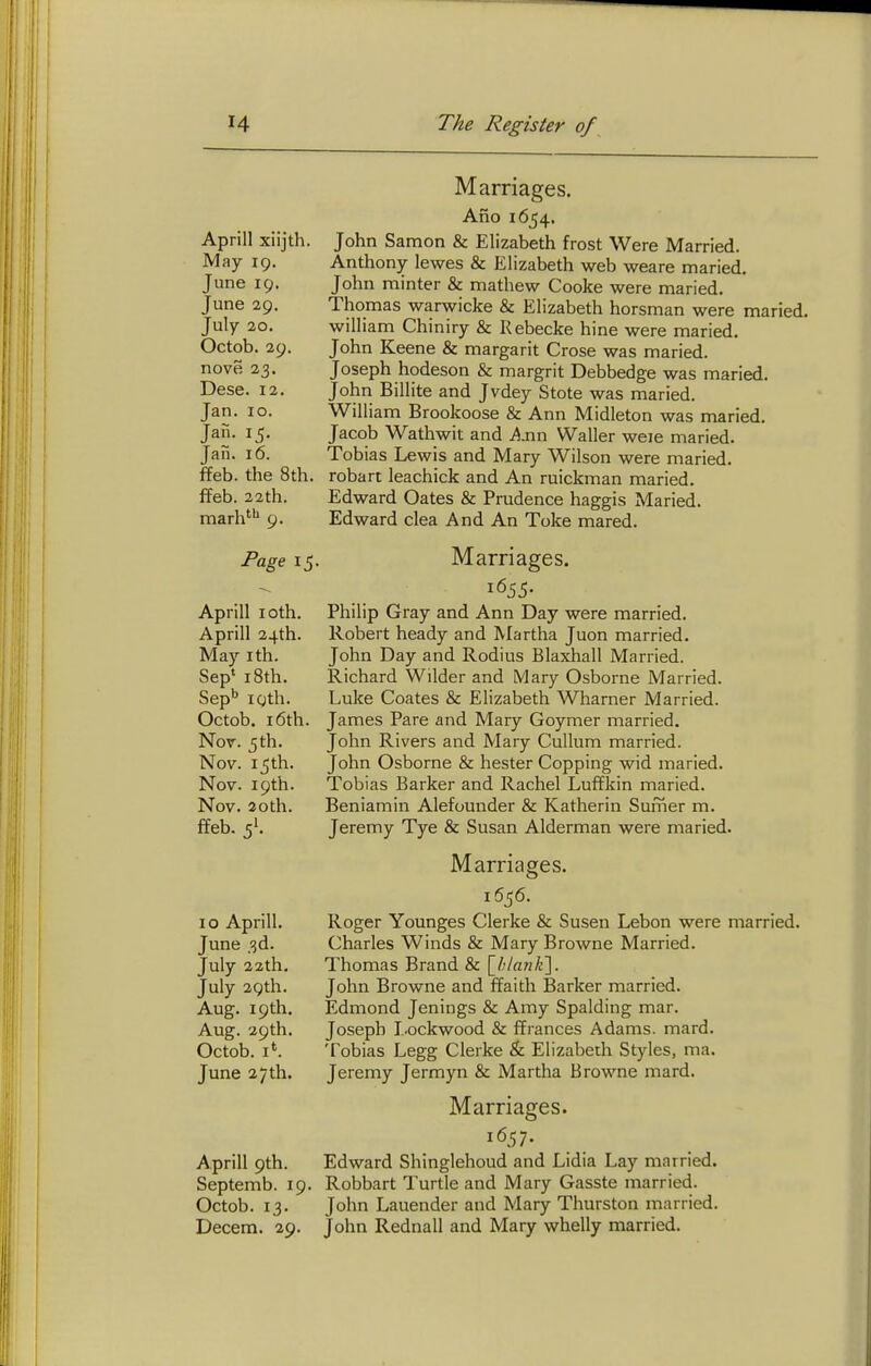 Aprill xiijth. May 19. June 19. June 29, July 20. Octob. 29. nove 23. Dese. 12. Jan. 10. , 16. the 8th. Jan Jan ffeb ffeb. 22 th. marh''^ 9. Page 15 Aprill loth. Aprill 24th. May ith. Sep' 18th. Sep** igth. Octob. 16th. Nov. 5 th. Nov. 15 th. Nov. 19th. Nov. 2oth. ffeb. 5I. 10 Aprill. June .ijd. July 22th. July 29th. Aug. 19th. Aug. 29th. Octob. I*. June 27 th. Aprill 9th. Septemb. 19. Octob. 13. Decern. 29. Marriages, Ano 1654, John Samon & Elizabeth frost Were Married. Anthony lewes & Elizabeth web weare maried. John minter & mathew Cooke were maried. Thomas warwicke & Elizabeth horsman were maried. William Chiniry & Kebecke hine were maried. John Keene & margarit Crose was maried. Joseph hodeson & margrit Debbedge was maried. John Billite and Jvdey Stote was maried. William Brookoose & Ann Midleton was maried. Jacob Wathwit and ^.nn Waller weie maried. Tobias Lewis and Mary Wilson were maried. robart leachick and An ruickman maried. Edward Oates & Prudence haggis Maried. Edward clea And An Toke mared. Marriages. 1655. Philip Gray and Ann Day were married. Robert heady and Martha Juon married. John Day and Rodius Blaxhall Married. Richard Wilder and Mary Osborne Married. Luke Coates & Elizabeth Wharner Married. James Pare and Mary Goymer married. John Rivers and Mary CuUum married. John Osborne & hester Copping wid maried. Tobias Barker and Rachel LufEkin maried. Beniamin Alefounder & Katherin Sumer m. Jeremy Tye & Susan Alderman were maried. Marriages. 1556. Roger Younges Gierke & Susen Lebon were married. Charles Winds & Mary Browne Married. Thomas Brand & [^7«7i/e]. John Browne and ffaith Barker married. Edmond Jenings & Amy Spalding mar. Joseph Lockwood & ffrances Adams, mard. Tobias Legg Clerke & Elizabeth Styles, ma. Jeremy Jermyn & Martha Browne mard. Marriages. 1657. Edward Shinglehoud and Lidia Lay married. Robbart Turtle and Mary Gasste married. John Lauender and Mary Thurston married. John Rednall and Mary whelly married.