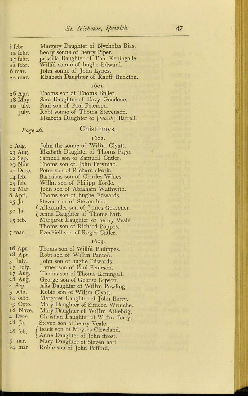 1 febr. Margery Daughter of Nycholas Bias. 12 febr. henry sonne of henry Piper. 15 febr. prissilia Daughter of Tho. Keningalle. 22 febr. Wilhn sonne of hughe Edward. 6 mar. John sonne of John Ljoies. 23 mar. Elzabeth Daughter of Rauff Buckton. 1601. 26 Apr. Thoms son of Thoms Buller. 18 May. Sara Daughter of Davy Goodene. 20 July. Paul son of Paul Peterson. July. Robt Sonne of Thoms Stevenson. Elzabeth Daughter of {hlanK} Barrell. Page 46. Chistinnys. 1602. 2 Aug. John the sonne of Wittm Clyatt. 23 Aug. Elzabeth Daughter of Thoms Page. 22 Sep. Samuell son of Samuell Cutler. 29 Nov. Thoms son of John Peryman. 20 Dece. Peter son of Richard cleark. 14 feb. Barnabas son of Charles Wines. 25 feb. Willm son of Philipp fforde. 12 Mar. John son of Abraham Wathwith, 8 Apri. Thoms son of hughe Edwards. 25 Ja. Steven son of Steven hart. T C Allexander son of Tames Gravener. ^ J ' ( Anne Daughter of Thoms hart. 15 feb. Margaret Daughter of henry Veale. Thoms son of Richard Poppes. 7 mar. Ezechiell son of Roger Cutler. 1603. 16 Apr. Thoms son of Willm Philippes. 18 Apr. Robt son of Wiltm Panton. 3 July. John son of hughe Edwards. 17 July. James son of Paul Peterson. 17 Aug. 'I'homs son of Thoms Keningall. 28 Aug. George son of George Gipson. 4 Sep. A lis Daughter of Wittm Powling. 9 octo. Robte son of Wittm Clyatt. 14 octo. Margaret Daughter of John Berry. 23 Octo. Mary Daughter of Simeon Wrinche. 18 Nove. Maiy Daughter of Wittm Attlebrig. 4 Dece. Christian Daughter of Wittm fferry. 28 Ja. Steven son of henry Veale. 26 feb ( ^^^^'^ °^ Moyses Cleveland. ( Anne Daughter of John ffrost. 5 mar. Mary Daughter of Steven hart. »4 mar. Robte son of John Pofford.