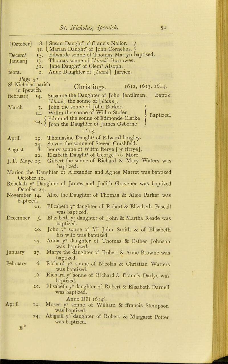 [October] 8. I Susan Daught of ffrancis Nailer. ) 31. t Marian Daughf of John Cornelius. ) Decem^ 13. Edwarde sonne of Thomas Martyn baptised. Januarij 17. Thomas sonne of \hlan]i\ Burrowes. 31. Jane Daughf of Clem' Alsoph. febra. 2. Anne Daughter of \hlank'\ Jarvice. Page 50. S' Nicholas parish Christinas. 1613.1614. in Ipswich. o ffebruarij 14. Susanne the Daughter of John Jentilman. Baptiz. \hlank'\ the sonne of \hlank'\. March 7. John the sonne of John Barker. \ 14. Willm the sonne of Willm Stofer f Baotized f Edmund the sonne of Edmonde Clerke t  \ Jo^ the Daughter of James Osborne / 1613. Thomasine Daughf^ of Edward langley. Steven the sonne of Steven Crashfeld. henry sonne of WiHm fferye [or ffrrye]. Elzabeth Daught' of George °//o More. Gilbert the sonne of Richard & Mary Waters was baptized. Marion the Daughter of Alexander and Agnes Marret was baptized October 10. Rebekah y^ Daughter of James and Judith Gravener was baptized October 24. November 14. Alice the Daughter of Thomas & Alice Parker was Aprill 19. August 8. 22. J.T. Maye 23. baptized. 11. December 5. 20. January February 23- 27. 6. 16. Aprill 10. 24. B' Elizabeth y* daughter of Robert & Elizabeth Pascall was baptized. Elizabeth y« daughter of John & Martha Reade was baptized. John y-^ Sonne of M John Smith & of Elisabeth his wife was baptized. Anna y« daughter of Thomas & Esther Johnson was baptized. Marye the daughter of Robert & Anne Browne was baptized. Richard y« sonne of Nicolas & Christian Watters was baptized. Richard sonne of Richard & ffrancis Darlye was baptized. Elisabeth y° daughter of Robert & Elisabeth Darnell was baptized. Anno Dni 1614°. Moses y« sonne of William & ffrancis Stempson was baptized. Abigaill y° daughter of Robert & Margaret Potter was baptized.