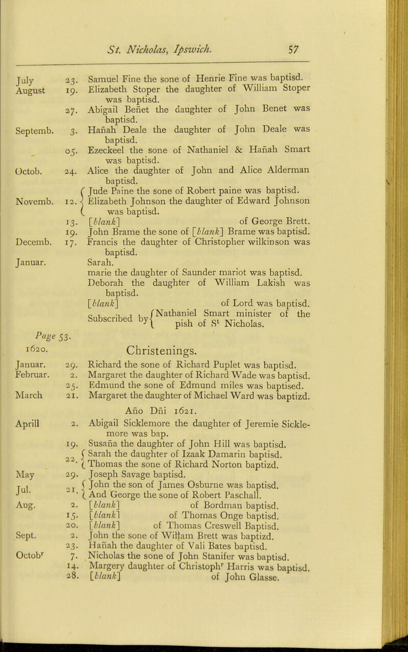 23- August 19. Septemb. 3- J Octob. 24. Novemb. 12. 19. Decemb. 17- Januar. Page 53- 1620. Januar. 29. Februar. 2. 25- March 21. Aprill 2. 19. 22. May 29. Jul. 21. Aug. 2. 1.5- 20. Sept. 2. 23- Octob 7- H- 28. Samuel Fine the sone of Henrie Fine was baptisd. Elizabeth Stoper the daughter of William Stoper was baptisd. Abigail Beiiet the daughter of John Benet was baptisd. Hanah Deale the daughter of John Deale was baptisd. Ezeckeel the sone of Nathaniel & Hanah Smart was baptisd. Alice the daughter of John and Alice Alderman baptisd. ( Jude Paine the sone of Robert paine was baptisd. •< Elizabeth Johnson the daughter of Edward Johnson ( was baptisd. \hlan\i\ of George Brett. John Brame the sone of \Jbla'nk'\ Brame was baptisd. Francis the daughter of Christopher wilkinson was baptisd. Sarah. marie the daughter of Saunder mariot was baptisd. Deborah the daughter of William Lakish was baptisd. \hlan}L\ of Lord was baptisd. c u -u J t. fNathaniel Smart minister of the Subscribed by| ^^^^ Nicholas. Christenings. Richard the sone of Richard Puplet was baptisd. Margaret the daughter of Richard Wade was baptisd. Edmund the sone of Edmund miles was baptised. Margaret the daughter of Michael Ward was baptizd. Aho Dili 1621. Abigail Sicklemore the daughter of Jeremie Sickle- more was bap. Susana the daughter of John Hill was baptisd. f Sarah the daughter of Izaak Damarin baptisd. I Thomas the sone of Richard Norton baptizd. Joseph Savage baptisd. C John the son of James Osburne was baptisd. ( And George the sone of Robert Paschall. \hlanli\ of Bordman baptisd. [Z'/an/dl of Thomas Onge baptisd. \hlank'\ of Thomas Creswell Baptisd. John the sone of Wittam Brett was baptizd. Hanah the daughter of Vali Bates baptisd. Nicholas the sone of John Stanifer was baptisd. Margery daughter of Christoph Harris was baptisd. {blanlil of John Glasse.