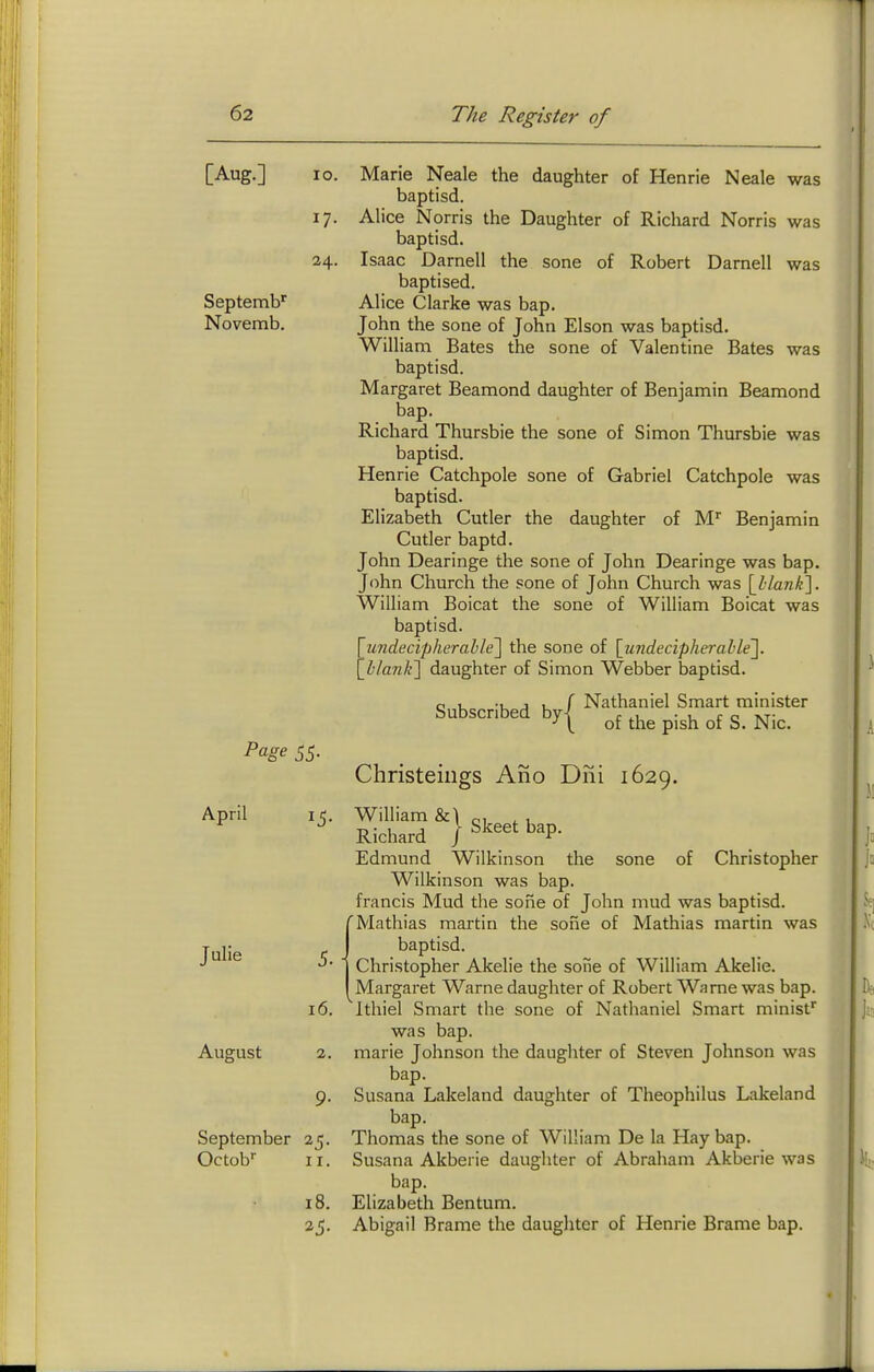 [Aug.] lO. 17- 24. Septemb' Novemb. Page S5- April 15- Julie August 16. September 25. Octob II. 18. 25- Marie Neale the daughter of Henrie Neale was baptisd. Alice Norris the Daughter of Richard Norris was baptisd. Isaac Darnell the sone of Robert Darnell was baptised. Alice Clarke was bap. John the sone of John Elson was baptisd. William Bates the sone of Valentine Bates was baptisd. Margaret Beamond daughter of Benjamin Beamond bap. Richard Thursbie the sone of Simon Thursbie was baptisd. Henrie Catchpole sone of Gabriel Catchpole was baptisd. Elizabeth Cutler the daughter of M' Benjamin Cutler baptd. John Dearinge the sone of John Dearinge was bap. John Church the sone of John Church was \_l-lank']. William Boicat the sone of William Boicat was baptisd. undecipherahle] the sone of [undecipherahle]. Ila7ik'\ daughter of Simon Webber baptisd. o u -u J u r Nathaniel Smart minister Subscribed by| ^.^^ g_ ^.^^ Christeiiigs Ano Dni 1629. William &) „, ^ , Richard jSkeetbap. Edmund Wilkinson the sone of Christopher Wilkinson was bap. francis Mud the sone of John mud was baptisd. 'Mathias martin the sone of Mathias martin was baptisd. Christopher Akelie the soiie of William Akelie. Margaret Warne daughter of Robert Wame was bap. ^Ithiel Smart the sone of Natlianiel Smart minisf was bap. marie Johnson the daughter of Steven Johnson was bap. Susana Lakeland daughter of Theophilus Lakeland bap. Thomas the sone of William De la Hay bap. Susana Akberie daughter of Abraham Akberie was bap. Elizabeth Bentum. Abigail Brame the daughter of Henrie Brame bap. «