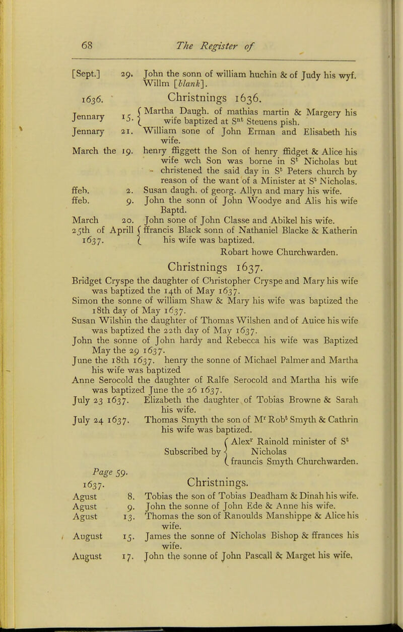 [Sept.] 29. 1636. Jennary 15. Jennary 2i. March the 19. ffeb. ffeb. March 20. 25th of Aprill 1637. John the sonn of william huchin & of Tudy his wyf. Willm \llank-\. Christnings 1636. C Martha Daugh. of mathias martin & Margery his ( wife baptized at S' Steuens pish. William sone of John Erman and Elisabeth his wife. henry ffiggett the Son of henry flSdget & Alice his wife wch Son was borne in S* Nicholas but - christened the said day in S' Peters church by reason of the want of a Minister at S* Nicholas. Susan daugh. of georg. Allyn and mary his wife. John the sonn of John Woodye and Alis his wife Baptd. John sone of John Classe and Abikel his wife. C ffrancis Black sonn of Nathaniel Blacke & Katherin \ his wife was baptized. Robart howe Churchwarden. Christnings 1637. Bridget Cryspe the daughter of Christopher Cryspe and Mary his wife was baptized the 14th of May 1637. Simon the sonne of william Shaw & Mary his wife was baptized the 18th day of May 1637. Susan Wilshin the daughter of Thomas Wilshen and of Auice his wife was baptized the 22th day of May 1637. John the sonne of John hardy and Rebecca his wife was Baptized May the 29 163 7. June the i8th 1637. henry the sonne of Michael Palmer and Martha his wife was baptized Anne Serocold the daughter of Ralfe Serocold and Martha his wife was baptized June the 26 1637. July 23 1637. Elizabeth the daughter of Tobias Browne & Sarah his wife. July 24 1637. Thomas Smyth the son of M^ Rob* Smyth & Cathrin his wife was baptized. ( Alex*' Rainold minister of S' Subscribed by \ Nicholas ( frauncis Smyth Churchwarden. Page 59. 1637. Agust 8. Agust 9- Agust 13- August August I?- Christnings. Tobias the son of Tobias Deadham & Dinah his wife. John the sonne of John Ede & Anne his wife. Thomas the son of Ranoulds Manshippe & Alice his wife. James the sonne of Nicholas Bishop & flfrances his wife. John the sonne of John Pascall & Marget his wife.