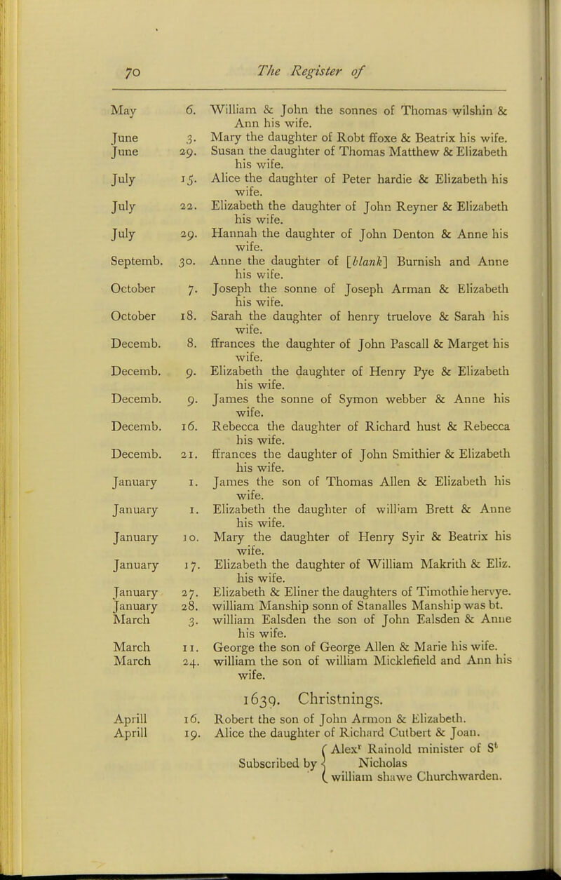 May 6. William & John the sonnes of Thomas wilshin & Ann his wife. June ,3. Mary the daughter of Robt ffoxe & Beatrix his wife. June 29. Susan the daughter of Thomas Matthew & Elizabeth his wife. July 15. Alice the daughter of Peter bardie & Elizabeth his wife. July 22. Elizabeth the daughter of John Reyner & Elizabeth his wife. July 29. Hannah the daughter of John Denton & Anne his wife. Septemb. 30. Anne the daughter of \hlank'\ Burnish and Anne his wife. October 7. Joseph the sonne of Joseph Arman & Elizabeth his wife. October 18. Sarah the daughter of henry truelove & Sarah his wife. Decemb. 8. ffrances the daughter of John Pascall & Marget his wife. Decemb. 9. Elizabeth the daughter of Henry Pye & Elizabeth his wife. Decemb. 9. James the sonne of Symon webber & Anne his wife. Decemb. 16. Rebecca the daughter of Richard hust & Rebecca his wife. Decemb. 21. ffrances the daughter of John Smithier & Elizabeth his wife. January i. James the son of Thomas Allen & Elizabeth his wife. January i. Elizabeth the daughter of will-am Brett & Anne his wife. January \o. Mary the daughter of Henry Syir & Beatrix his wife. January 17. Elizabeth the daughter of William Makrith & Eliz. his wife. January 27. Elizabeth & Eliner the daughters of Timothie hervye. January 28. william Manship sonn of Stanalles Manship was bt. March 3. william Ealsden the son of John Ealsden & Anne his wife. March 11. George the son of George Allen & Marie his wife. March 24. william the son of william Micklefield and Ann his wife. 1639. Christnings. Aprill 16. Robert the son of John Armon & Elizabeth. Aprill 19. Alice the daughter of Richard Cutbert & Joan. ( Alex^ Rainold minister of 8*^ y j C william shawe Churchwarden. Subscribed by \ Nicholas