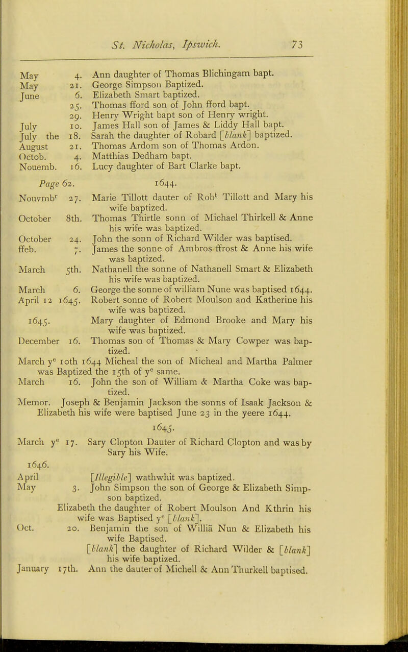 Ann daughter of Thomas Blichingam bapt. George Simpson Baptized. Elizabeth Smart baptized. Thomas fford son of John fford bapt. Henry Wright bapt son of Henry wright. James Hall son of James & Liddy Hall bapt. Sarah the daughter of Robard \hlan]i\ baptized. Thomas Ardom son of Thomas Ardon. Matthias Dedham bapt. Lucy daughter of Bart Clarke bapt. 1644. Marie Tillott dauter of Rob'' Tillott and Mary his wife baptized. Thomas Thirtle soon of Michael Thirkell & Anne his wife was baptized. John the sonn of Richard Wilder was baptised. James the sonne of Ambros ffrost & Anne his wife was baptized. Nathanell the sonne of Nathanell Smart & Elizabeth his wife was baptized. George the sonne of william Nune was baptised 1644. Robert sonne of Robert Moulson and Katherine his wife was baptized. Mary daughter of Edmond Brooke and Mary his wife was baptized. Thomas son of Thomas & Mary Cowper was bap- tized. March y® loth 1644 Micheal the son of Micheal and Martha Palmer was Baptized the i^th of y*^ same. March 16. John the son of William & Martha Coke was bap- tized. Memor. Joseph & Benjamin Jackson the sonns of Isaak Jackson & Elizabeth his wife were baptised June 23 in the yeere 1644. 1645. Sary Clopton Dauter of Richard Clopton and was by Sary his Wife. May 4- May 21. June 6. 25- 29. July 10. July the 18. August 21. Octob. 4- Nouemb. 16. Page 62. Nouvmb 27. October 8th. October 24. ffeb. March 5th. March 6. April 12 I 645- 1645. December 16. March r 17- 1646. A pril May {Illegihle\ wathwhit was baptized. 3. John Simpson the son of George & Elizabeth Simp- son baptized. Elizabeth the daughter of Robert Moulson And Kthrin his wife was Baptised y*^ \J-lavk'\. Oct. 20. Benjamin the son of Willia Nun & Elizabeth his wife Baptised. \hlank'\ the daughter of Richard Wilder & \hlank'\ his wife baptized. January 17th. Ann the dauter of Michell & Ann Thurkell baptised.