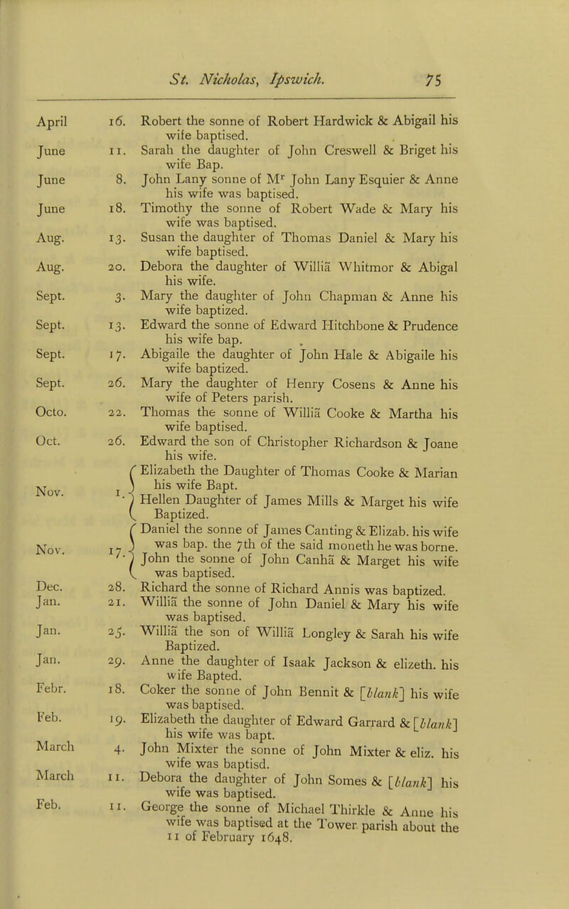April 16. June II. June 8. June i8. Aug. 13- Aug. 20. Sept. 3- Sept. 13- bept. '7- Sept. 26. Octo. 22. Oct. 26. Nov. I. Nov. 17. Dec. 28 Jan. 21. Jan. Jan. 29. Febr. 18. Feb. 19. March 4- March II. Feb. II. Robert the sonne of Robert Hardwick & Abigail his wife baptised. Sarah the daughter of John Creswell & Briget his wife Bap. John Lany sonne of M^ John Lany Esquier & Anne his wife was baptised. Timothy the sonne of Robert Wade & Mary his wife was baptised. Susan the daughter of Thomas Daniel & Mary his wife baptised. Debora the daughter of Willia Whitmor & Abigal his wife. Mary the daughter of John Chapman & Anne his wife baptized. Edward the sonne of Edward Hitchbone & Prudence his wife bap. Abigaile the daughter of John Hale & Abigaile his wife baptized. Mary the daughter of Henry Cosens & Anne his wife of Peters parish. Thomas the sonne of Willia Cooke & Martha his wife baptised. Edward the son of Christopher Richardson & Joane his wife. ■ Elizabeth the Daughter of Thomas Cooke & Marian his wife Bapt. Hellen Daughter of James Mills & Marget his wife Baptized. ■ Daniel the sonne of James Canting & Elizab. his wife was bap. the 7th of the said moneth he was borne. John the sonne of John Canha & Marget his wife was baptised. Richard the sonne of Richard Annis was baptized. Willia the sonne of John Daniel & Mary his wife was baptised. Willia the son of Willia Longley & Sarah his wife Baptized. Anne the daughter of Isaak Jackson & elizeth. his wife Bapted. Coker the sonne of John Bennit & [Z)/a«/e] his wife was baptised. Elizabeth the daughter of Edward Garrard & {llanKX his wife was bapt. John Mixter the sonne of John Mixter & eliz. his wife was baptisd. Debora the daughter of John Somes & IhlanKX his wife was baptised. George the sonne of Michael Thirkle & Anne his wife was baptised at the Tower parish about the II of February 1648.