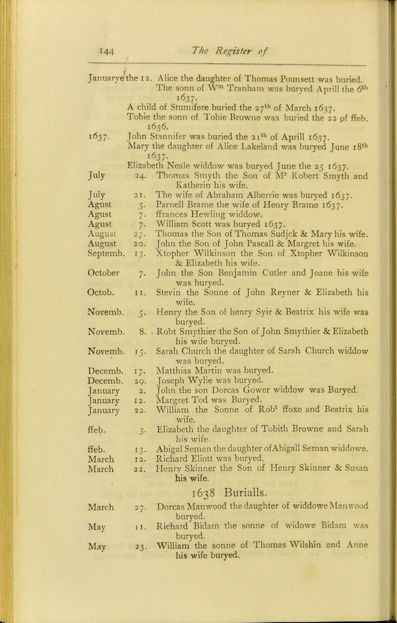 Januarye^the 12. Alice the daughter of Thomas Pounsett was buried. The sonn of Tranhani wns buryed Aprill the 6' 1637- A child of Stumifere buried the 27*'' of March 16.37. Tobie the sonn of lobie Browne was buried the 22 pf ffeb. 16,36. John Stannifer was buried the 21' of Aprill 1637. Mary the daughter of Alice Lakeland was buryed June 18*'' 1637. Elizabeth Neale widdow was buryed June the 25 1637. 24. Thomas Smyth the Son of M Robert Smyth and Katherin his wife. The wife of Abraham Alberrie was buryed 1637. Parnell Brame the wife of Henry Brame 1637. ffrances Hewling widdow. William Scott was buryed 1637. Thomas the Son of Thomas Sudjck & Mary his wife. John the Son of John Pascall & Margret his wife. Xtopher Wilkinson the Son of Xtopher Wilkinson & Elizabeth his wife. John the Son Benjamin Cutler and Joane his wife was burj'ed. Stevin the Sonne of John Reyner & Elizabeth his wife. Henrjr the Son of henry Syir & Beatrix his wife was buryed. Robt Smythier the Son of John Smythier & Elizabeth his wife buryed. Sarah Church the daughter of Sarah Church widdow was buryed. Matthias Martin was buryed. Joseph Wylie was buryed. John the son Dorcas Gower widdow was Buryed. Margret Tod was Buryed. William the Sonne of Rob' ffoxe and Beatrix his wife. Elizabeth the daughter of Tobith Browne and Sarah his wife. Abigal Seman the daughter of Abigail Seman widdowe. Richard Eliott was buryed. Henry Skinner the Son of Henry Skinner & Susan his wife. 1638 Burialls. Dorcas Manwood the daughter of widdowe Manwood buryed. Richard Bidam the sonne of widowe Bidani was buryed. William the sonne of Thomas Wilshin and Anne his wife buryed. 1637. July J»iy Agust Agust Agust August August Septemb. October Octob. Novemb. Novemb. Novemb. Decemb. Decemb. January January January ffeb. ffeb. March March March May May 21. 7- 7- -) -I • 20. 1.3- /■ II. I/- 29. 2. 12. 22. 13- 12. 22. 11. 23-