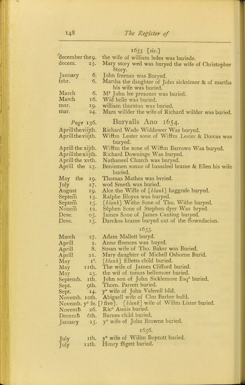 december theo. decern. January 6. febr. 6. March 6. March 16. mar. 19. mar. 24. Page 136. Aprilltheviijth. Aprilltheviijth. Aprill the xijth. Aprillthexiijth. Aprill the xvth. Aprill the 23. May the 19. July 27. August 19. Septem 13- Septem ^6- Nouem 12. Dese. 05- Dese. 15- March 27. Aprill 2. Aprill 8. Aprill 21. May I*. May iith. May Septemb. ith. Sept. 9th. Sept. 14. Novemb. loth. Novemb. y fe. Novemb 26. Decemb 6th. January July Ith. July 12th. 16^3 [sic.'] the wife of william ledes was buriede. Mary story wed was buryed the wife of Christopher Story. John freman was Buryed. Martha the daughter of John sickelmor & of martha his wife was buried. M^ John lee presoner was buried. Wid belle was buried, william thurston was buried. Mara willder the wife of Richard willder was buried. Buryalls Ano 1654. Richard Wade Widdower Was buryed. Wittm Lester sone of Wittm Lester & Dorcas was buryed. Wittm the sone of Wittm Barrowe Was buryed. Richard Downinge Was buryed. Nathaneel Church was buryed. Beniemen sonne of bassaleel brame & Ellen his wife buried. Thomas Mathes was bvried. wod Smeth was buried. Alee the Wiffe of [blank'] haggrafe buryed. Ralphe Bloyes was buryed. [Hank] Withe Sone of Tho. Withe buryed. Sephen Sone of Stephen dyer Was bryed. James Sone of James Canting buryed. Darckos brame buryed out of the fTowndacion. Adam Mallett buryd. Anne ffrences was buyrd. Susan wife of Tho. Baker was Buried. Mary daughter of Michell Osborne Burid. [blank] Elletts child buried. The wife of James Clifford buried, the wif of tomas bellemoer buried. John son of John Sicklemore Esq buried. Thom. Parrett buried, y^ wife of John Vsferell bud. Abigaell wife of Clm Barber burd. [?five]. [blank] wife of Willm Lister buried. Ric° Annis buried. Barnes child buried, y'' wife of John Browne buried. 1656. y^ wife of Willm Boycott buried. Henry ffigett buried.