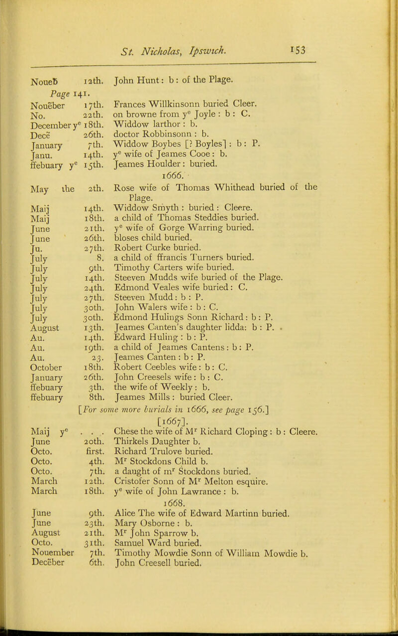 NoueB 12th. Page 141. Noueber 17th. No. 22th. December y 18th. Dece 20tn. January /th. Janu. 14th. ffebuary y 15th. May ihe 2th. Maij 14th. Maij 18th. Tune 2ith. Tune 26th. 27th. July 8. July 9th. July 14th. July 24th. July 27 th. July 30th. July 30th. August 13th. Au. 14th. Au. 19th. Au. 23- October 18 th. January 26th. ffebuary 3th. ffebuary 8th. Maij y June 20th. Octo. first. Octo. 4th. Octo. 7th. March 12th. March 18th. June 9th. June 23th. August 2ith. Octo. 31th. Nouember 7th. Deceber 6th. John Hunt: b: of the Plage. Frances Willkinsonn buried Cleer. on browne from y Joyle : b : C. Widdow larthor : b. doctor Robbinsonn : b. Widdow Boybes [? Boyles] : b : P. y'' wife of Jeames Cooe : b. Jeames Houlder: buried. 1666. Rose wife of Thomas Whithead buried of the Plage. Widdow Snhyth : buried : Cleere. a child of Thomas Steddies buried. y« wife of Gorge Warring buried, bloses child buried. Robert Curke buried, a child of ffrancis Turners buried. Timothy Carters wife buried. Steeven Mudds wife buried of the Plage. Edmond Veales wife buried: C. Steeven Mudd: b : P. John Walers wife : b : C. Edmond Hulings Sonn Richard: b : P. Jeames Canten's daughter lidda: b : P. . Edward Huling : b : P. a child of Jeames Cantens : b : P. Jeames Canten : b : P. Robert Ceebles wife : b : C. John Creesels wife : b : C. the wife of Weekly : b. Jeames Mills : buried Cleer. [For some more burials in 1666, see page 156.] [1667]. Chese the wife of M'' Richard doping: b : Cleere. Thirkels Daughter b. Richard Trulove buried. M^ Stockdons Child b. a daught of m'' Stockdons buried. Cristofer Sonn of M^ Melton esquire, y® wife of John Lawrance : b. 1668. Alice The wife of Edward Martinn buried. Mary Osborne : b. M^ John Sparrow b. Samuel Ward buried. Timothy Mowdie Sonn of William Mowdie b. John Creesell buried.