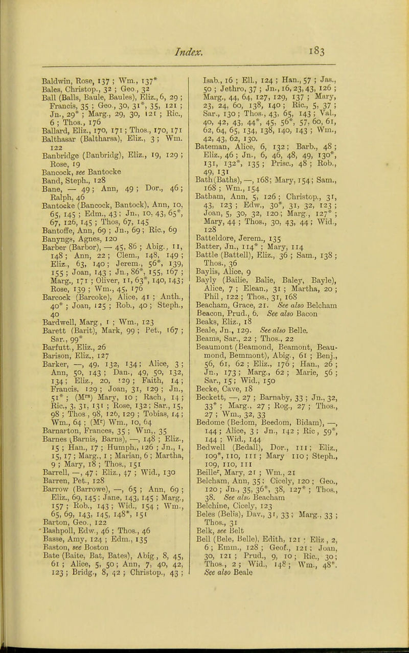 Baldwin, Rose, 137 ; Wm., 137* Bales, Christop., 32 ; Geo, 32 Bull (Balls, Baule, Baules), Filiz., 6, 29 ; Frauds, 35 ; Geo., 30, 31*, 35, 121 ; Jn., 29* ; Marg., 29, 30, 121 ; llic, 6 ; Thos., 176 Ballard, Eliz., 170, 171; Thos., 170, 171 Balthasar (Bnltharsa), Eliz., 3 ; Wm. 122 Banbridge (Danbridg), Eliz., 19, 129 ; Rose, 19 Baucock, see Bantocke Band, Steph., 128 Bane, — 49; Ann, 49 ; Dor., 46; Ralph, 46 Bantocke (Bancock, Bantock), Ann, 10, 65, 145 ; Edm., 43 ; Jn., 10, 43, 65*, 67, 126, 145 ; Thos, 67, 145 Bantoffe, Ann, 69 ; Jn., 69 ; Ric, 6g Banyngs, Agnes, 120 Barber (Barbor), — 45, 8(3 ; Abig., 11, 148; Ann, 22; Clem., 148, 149 ; Eliz., 63, 140; Jerem., 56*, 139, 155 ; Joan, 143 ; Jn., 86*, 155, 167 ; Marg., i-i ; Oliver, H, 63*, 140,143; Rose, 139 ; Wm., 45, 176 Barcock (Barcoke), Alice, 41 ; Anth., 40* ; Joan, 125 ; Rob., 40; Steph., 40 Bardwell, Marg, r ; Wm., 123 Barett (Barit), Mark, 99 ; Pet., 167 ; Sar., 99* Barfutt., EHz., 26 Bariaon, Eliz., 127 Barker, —, 49, 132, 134; Alice, 3; Ann, 50, 143 ; Dan., 49, 5°. 132, 134; Eliz., 20, 129; Faith, 14; Francis, 129 ; Joan, 31, 129 ; Jn., 51*; (M) Mary, 10; Rach, 14; Ric, 3, 31, 131 ; Rose, 132; Sar., 15, 98 ; Thos , 98, 126, 129 ; Tobias, 14; Wm., 64 ; (M-) Wm., 10, 64 Barnarton, Frances, 35 ; Wm,, 35 Barnes ^Barnis, Barns), —, 148 ; Eliz., 15 ; Han., 17 ; Humph., 126 ; Jn., I, 15, 17 ; Marg., I ; Marian, 6 ; Martha, 9 ; Mary, 18 ; Tho.s., 151 Barren, —, 47 ; Eliz., 47 ; Wid., 130 BaiTen, Pet., 128 Barrow (Barrowe), —, 65 ; Ann, 69 ; Eliz., 69, 145; Jane, 143, 145 ; Marg., 157; Rob., 143; Wid., 154; Wm., 65, 69, 143, 145, 148*, 15' Barton, Geo., 122 Bashpoll, Edw., 46 ; Thos., 46 Basse, Amy, 124 ; Edm., 135 Baston, see Boston Bate (Baite, Bat, Bates), Abig , 8, 45, 61 ; Alice, 5, 50; Ann, 7, 40, 42, 123 ; Bridg., 8, 42 ; Christop., 43 ; Isab., 16 ; Ell., 124 ; Han., 57 ; Jas., SO ; Jethro, 37 ; Jn., 16,23,43, 126 ; Marg., 44, 64, 127, 129, 137 ; Mary, 23, 24, 60, 138, 140 ; Ric, S, 37 ; Sar., 130; Thos., 43, 65, 143; Val., 40, 42, 43, 44*, 45, 56*, 57, 60, 61, 62, 64, 65, 134, 138, 140, 143 ; Wm., 42, 43, 62, 130. Bateman, Alice, 6, 132; Barb., 48; Eliz., 46; Jn., 6, 46, 48, 49, 130*, 131, 132*, 135 ; Pri.sc, 48 ; Rob., 49, 131 Bath(Baths),—, 168; Mary, 154; Sam., 168 ; Wm., 154 Batham, Ann, 5, 126; Christop., 31, 43, 123 ; Edw., 30*, 31, 32, 123 ; Joan, 5, 30, 32, 120; Marg., 127*; Mary, 44 ; Thos., 30, 43, 44; Wid., 128 Batteldore, Jerem., 135 Batter, Ju., 114* ; Mary, 114 Battle (Battell), Eliz., 36 ; Sam., 138 ; Thos., 36 Baylis, Alice, 9 Bayly (Bailie, Balie, Baley, Bayle), Alice, 7 ; Elean., 31 ; Martha, 20 ; Phil, 122 ; Thos., 31, 168 Beacham, Grace, 21. See also Belcham Beacon, Prud., 6. See also Bacon Beaks, Eliz., l8 Beale, Jn., 129. See aha Belle. Beams, Sar., 22 ; Tlios., 22 Beaumont (Beamoud, Beamont, Beau- mond, Bemmont), Abig., 61 ; Benj., 56, 61, 62 ; Eliz., 176 ; Han., 26 ; Jn., 173; Marg., 62 ; Marie, 56 ; Sar., 15; Wid., 150 Becke, Cave, 18 Beckett, —, 27 ; Barnaby, 33 ; Jn., 32, 33* ; Marg., 27 ; Rog., 27 ; Thos., 27 ; Wm., 32, 33 Bedome (Bedom, Beedom, Bidam), —, 144; Alice, 3; Jn., 142; Ric, 59* 144 ; Wid., 144 Bedwell (Bedall), Dor., in; Eliz., 109*, no, in; Mary no; Steph., log, no, in Beille'', Mary, 21 ; Wm., 21 Belcham, Ann, 35 : Cicely, 120 ; Geo., 120; Jn., 35, 36*, 38, 127* ; Thos., 38. <See also Beacham Belchine, Cicely, 123 Beles (Belts), Dav., 31, 33 ; Marg.. 33 ; Thos., 31 Belk, see Belt Bell (Bele, Belle), Edith, I2I ; Eliz, 2, 6; Emm., 128; Geof., 121; Joan, 30, 121 ; Prud., 9, ro; Ric, 30; Thos., 2; Wid., 148; Wm., 48*. See also Beale