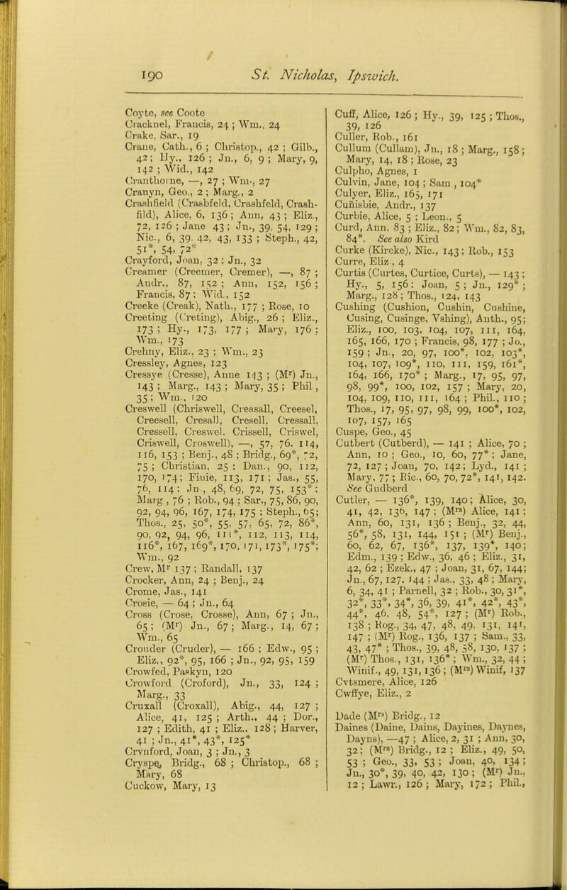 / 190 Si. Nicholas, Ipswich. Coyte, see Coote Cracknel, Fraucis, 2\ ; Wm., 24 Crake, Sar., 19 Crane, Cath., 6 ; Christop., 42 ; Gilb., 42; Ily., 126; Jn., 6, 9; Mary, 9, 142 ; Wid., 142 CIranthoine, —, 27 ; Wm., 27 Cranyn, Geo., 2 ; Marg., 2 Craslifield (Crasbfeld, Craslifeld, Crasli- fild), Alice. 6, 136; Ann, 43; Wiz., 72, 126 ; Jaue 43 ; Jn., 39, 54, 129 ; Nic, 6, 39. 42, 43, 133 ; Steph., 42, 51*, 54, 72^^- Crayford, Joan, 32 ; Jn., 32 Creamer (Creeuier, Cremer), —, 87 ; Audr., 87, 152; Ami, 152, 156; Fraucis, 87; Wid., 152 Creeke (Creak), Natli., 177 ; Rose, 10 Greeting ((.'retiug), Abig., 26 ; Eliz., 173 ; Hy., 173, 177 ; Mary, 176 ;. Wm., 173 Crehny, Eliz.. 23 ; Wm., 23 Cressley, Agnes, 123 Cressye (Cresse), Anue i')3 ; (M) Jn., 143 ; Marg., 143 ; Mary, 35 ; Phil, 35 ; Wm.. 120 Creswell (Chriswell, Creasall, Creesel, Cree.sell, Cresall, Cresell, Cressall, Cressell, Creswel. Crissell, Criswel, Criswell, Croswell), —, 57, 76. 114, 116, 153 ; Beuj., 48 ; Bridg!, 69'', 72, 75 ; Cbrislian. 25 ; Dan., 90, 112, 170, 174; Finie, 113, 171; Jas., 55, 76, 114; Jn , 48, 69, 72, 75, 153*; ]\Jaig , 76 ; Rob., 94 ; Sar., 75, 86, 90, 92, 94, 96, 167, 174. 175 : Steph., b5; Thos., 25, 50*, 55, 57, 65, 72, 86*, 90, 92, 94, 96, III*, 112, 113, 114, 116*, 167, 169*, 170, 171, 173* 17s*; \Vm., 92 Crew, Mr 137 ; Randall, 137 Crocker, Ann, 24 ; Beuj., 24 Crome, Jas., 141 Crosie, — 64 ; Jn., 64 Cross (Crose, Cros.se), Ann, 67 ; Jn., 65; (M') Jn., 67; Marg., 14, 67; Wm., 65 Cronder (Cruder), — 166 ; Edw., 95 ; Eliz., 92'', 95, 166 ; Jn., 92, 95, 159 Crowfed, Paskyn, 120 Crowford (Croford), Jn., 33, 124 ; Marg., 33 Cruxall (Croxall), Abig., 44, 127 ; Alice, 41, 125 ; Arth., 44 ; Dor., 127 ; Edith, 41 ; Eliz., 128; Harver, 41 ; Jn., 41*, 43*, 125* Crvnford, Joan, 3 ; Jn., 3 Cryspq, Bridg., 68 ; Christop., 68 ; Mary, 68 Cuckow, Mary, 13 CufiF, Alice, 126 ; Hy., 39, 125 ; Thos., 39, 126 Culler, Rob., 161 Cullum (Cullam), Jn., 18 ; Marg., 158; Mary, 14, 18 ; Rose, 23 Culpho, Agnes, I Culvin, Jane, 104 ; >Sara , 104* Culyer, Eliz., 165, 171 Cunisbie, Andr., 137 Curbie, Alice, 5 ; Leon., 5 Curd, Ann, 83 ; Eliz., 82; Wm., 82, 83, 84*. See also Kird Curke (Kircke), Nic, 143; Rob., 153 Curre, Eliz , 4 Curtis (Curtes, Cui-tice, Curts), — 143 ; Hy., 5, 156: Joan, 5; Jn., 129*; Marg., 128; Thos., 124, 143 Cu.shing (Cushion, Cushin, Cushine, Cusing, Cusinge, Vshing), Anth., 95; Eliz., 100, 103, 104, 107, III, 164, 165, 166, 170 ; Francis, 98, 177 ; Jo., 159 ; Jn., 20, 97, 100*. 102, 103*, 104, 107, 109*, no. III, 159, 161*, 164, 166, 170*; Marg., 17, 95, 97, 98, 99*, 100, 102, 157 ; Mary, 20, 104, 109, no, III, 164; Phil., 110; Thos., 17, 95, 97, 98, 99, lOO*. 102, 107, 157, 165 Cuspe, Geo., 45 Cutbert (Cutberd), — 141 ; Alice, 70 ; Ann, 10 ; Geo., 10, 60, 77* ; Jane, 72, 127 ; Joan, 70, 142; Lyd., 141 ; Mary, 77 ; Ric, 60, 70, 72*, 141, 142. See Gudberd Cutler, — 136*, 139, 140; Alice, 30, 41, 42, 135, 147; (Mfs) Alice, 141; Ann, 60, 131, 136 ; Benj., 32, 44, 56*, 58, 131, 144, 151 ; (Mf) Beuj., 60, 62, 67, 136*, 137, 139*, 140; Edm., 139 ; Edw., 36, 46 ; Eliz., 31, 42, 62 ; Ezek., 47 : Joan, 31, 67, 144; Jn., 67,127, 144 ; Jas., 33, 48 ; Mary, 6, 34, 41 ; Parriell, 32 ; Rob., 30, 31*, 32*, 33*. 34*, 36, 39. 41*. 42*, 43*. 44*, 46. 48, 54*, 127 ; (W) Rob., 13S ; Hog., 34, 47, 48, 49. 131, 141, 147 ; iW) Rog., 136, 137 ; Sam., 33, 43, 47* ; Thos., 39, 48, 58, 130, 137 ; (MO Thos., 131, 136* ; Wm., 32, 44 ; Winif., 49. .131.136; (M-^lWrnif, 137 Cvtsmere, Alice, 126 Cwffye, Eliz., 2 Dade (M») Bridg., 12 Daines (Daine, Daius, Dayines, Daynes, Dayus). —47 ; Alice, 2, 31 ; Ann, 30, 32; (Mfs) Bridg., 12 ; Ehz., 49, 50, S3 ; Geo., 33, 53 ; Joan, 40, 134; Ju., 30*, 39. 40, 42. 130; (Mf) Jn., 12; Lawr., 126; Mary, 172; Phil.,