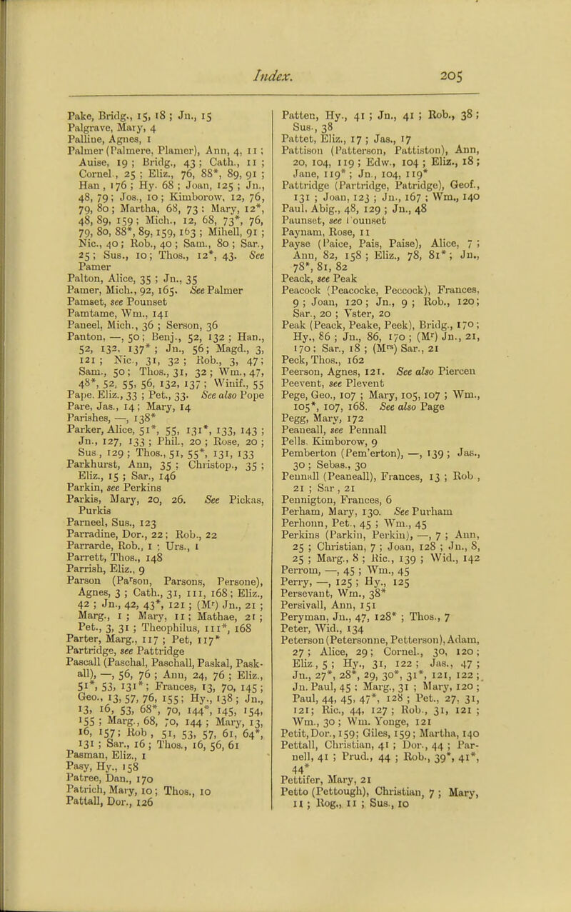 Pake, Briclg., 15, 18 ; Jn., 15 Palgrave, Mary, 4 Pallitie, Agnes, 1 Palmer (Palmere, Plamer), Ann, 4, 11 ; Auise, 19; Briclg., 43; Cath., 11 ; Cornel., 25 ; Eliz., 76, 88*, 89, 91 ; Han , 176 ; Hy. 68 ; Joan, 125 ; Jn., 48, 79; Jos., 10; Kimborow, 12, 76, 79, 80; Martha, 68, 73 ; Mary, 12*, 48,89, 159; Mich., 12, 68, 73*, 76, 79, 80, 88*, 89,159, 163 ; Mihell, 91 ; Nic, 40; Rob., 40; Sam., 80; Sar., 25; Sus., 10; Thos., 12*, 43. See Pamer Palton, Alice, 35 ; Jn., 35 Pamer, Mich., 92, 165. -See Palmer Pamset, see Pounset Pamtame, Wm., 141 Paneel, Mich., 36 ; Serson, 36 Pantou,—,50; Benj., 52, 132; Han., 52, 132. 137*; Jn., 56; Magd., 3, 121 ; Nic, 31, 32 ; Pvob., 3, 47; Sam., 50; Thos., 31, 32; Wm.,47, 48*, 52, 55, S6, 132, 137 ; VViuif., 55 Pape. Eliz., 33 ; Pet, 33. See also Pope Pare, Jas., 14 ; Mary, 14 Parishes, —, 138* Parker, Alice, 51*, 55, 131*, 133, 143 ; Jn., 127, 133 ; Phil, 20 ; Rose, 20 ; Sus , 129 ; Thos., 51, 55*, 131, 133 Parkhurst, Ann, 35 : Christop., 35 ; Eliz., 15 ; Sar., 146 Parkin, see Perkins Parkis, Mary, 20, 26. See Pickas, Purkis Parneel, Sus., 123 Parradine, Dor., 22; Rob., 22 Parrarde, Rob., i -. Urs., i Parrett, Thos., 148 Parrish, Eliz., 9 Parson (Pai'son, Parson.s, Persone), Agnes, 3 ; Cath., 31, in, 168; Eliz., 42 ; Jn., 42, 43*, 121 ; (M^ Jn., 21 ; Marg., i; Mary, 11; Mathae, 21; Pet., 3, 31 ; Theophilus, in* 168 Parter, Marg., 117 ; Pet, 117* Partridge, »ee Pattridge Pascall (Paschal, Paschall, Paskal, Pask- all), —, 56, 76 ; Ann, 24, 76 ; Eliz., S 1*1 53, 131*; Frances, 13, 70, 145; Geo., 13,57, 76, 155; Hy., 138; Jn., 13. 16, 53, 68*, 70, 144*, 145, 154, 155 ; Marg., 68, 70, 144 ; Mary, 13, 16, 157; Rob, 51, 53, 57. 61, 64*, 131 ; Sar., 16 ; Thos., 16, 56, 61 Pasman, Eliz., i Pasy, Hy., 158 Patree, Dan., 170 Patrich, Maiy, lo ; Thos., 10 Patlall, Dor., 126 Patten, Hy., 41 ; Jn., 41 ; Rob., 38 ; Sua., 38 Pattet, Eliz., 17 ; Jas., 17 Pattison (I'atterson, Pattiston), Ann, 20, 104, 119; Edw., 104; Eliz., 18; Jane, 119*; Jn., 104, 119* Patti-idge (Partridge, Patridge), Geof., 131 ; Joan, 123 ; Jn., 167 ; Wm., 140 Paul, Abig., 48, 129 ; Jn., 48 Paunset, see 1 ounset Paynani, Rose, 11 Payse (I'aice, Pais, Paise), Alice, 7 ; Ann, 82, 158; Eliz., 78, 81*; Jn., 78*, 81, 82 Peack, see Peak Peacock (Peacocke, Peccock), Frances, 9; Joan, 120; Jn., 9; Rob., 120; Sar., 20 ; Vster, 20 Peak (Peack, Peake, Peek), Bridg., 170; Hy., 86 ; Jn., 86, 170 ; (M--) Jn., 21, 170; Sar., i8 ; (M-^) Sar., 21 Peck, Thos., 162 Peersou, Agnes, 121. jS^ce also Pierceu Peevent, see Pleveut Pege, Geo., 107 ; Mary, 105, 107 ; Wm., 105*, 107, 168. See also Page Pegg, Mary, 172 Peaueall, see Pennall Pells, Kimborow, 9 Pemberton (Pem'erton), —, 139; Jas., 30 ; Sebas., 30 Pennall (Peaneall), Frances, 13 ; Rob , 21 ; Sar, 21 Pennigton, Frances, 6 Perham, Mary, 130. <See Pui-ham Perhonn, Pet., 45 ; Wm., 45 Perkins (Parkin, Perkiu), —, 7 ; Ann, 25 ; Christian, 7 ; Joan, 128 ; Jn., 8, 25 ; Marg., 8 ; Kic, 139 ; Wid., 142 Perrom, —, 45 ; Wm., 45 Perry, —, 125 ; Hy., 125 Persevant, Wm., 38* Persivall, Ann, 151 Peryman, Jn., 47, 128* ; Thos., 7 Peter, Wid., 134 Peterson (Petersonne, Pctterson),Adam, 27; Alice, 29; Cornel., 30, 120; Eliz , 5 ; Hy., 31, 122 ; Jas., 47 ; Jn., 27*, 28*, 29, 30*, 31*, 121, 122 Jn. Paul, 45 ; Marg., 31 ; Mary, 120 ; Paul, 44, 45, 47*, 128 ; Pet., 27, 31, 121; Ric, 44, 127; Rob., 31, 121 ; Wm., 30 ; Wm. Yonge, 121 Petit,Dor., 159; Giles, 159; Martha, 140 Pettall, Christian, 41 ; Dor., 44 ; Par- nell, 41 ; Prud., 44 ; Rob., 39*, 41*, 44* Pettifer, Mary, 21 Petto (Pettough), Christian, 7 ; Mary, n ; Rog,, II ; Sus., 10