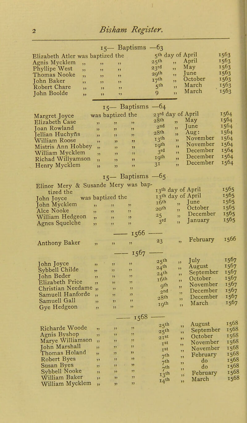 15— Baptisms —63 Elizabeth Atler was bapt Agnis Mycklem Phyllipe West Thomas Nooke John Baker Robert Chare John Boolde zed the 5th day of April 25th 23rd 29th 17th 9 April May June October March March 1563 1563 1563 1563 1563 1563 1563 15— Baptisms was baptized the 11 )) )) )> 5) )) )) )) Margret Joyce Elizabeth Case „ „ Joan Rowland „ » Jellian Huchyns „ „ William Roose „ „ Mistris Ann Hobbey „ „ William Mycklem „ ,, Richad Willyamson „ „ Henry Mycklem „ 15— Baptisms Elinor Mery & Susande Mery was bap tized the John Joyce was baptized the John Mycklem „ » Alee Nooke „ William Hedgeon „ >) -64 23'''l day of April 28th 2nd 28th 13 19 th ,th 3rd 19th 31 -65 1564 May 1564 June 1564 Aug: 1564 November 1564 November 1564 December 1564 December 1564 December 1564 13th day of April 13th day of April Agnes Squelche Anthony Baker John Joyce Sybbell Childe John Beder Elizabeth Price Christian Needame Samuell Hanforde Samuell Gall Gye Hedgeon Richarde Woode Agnis Byshop Marye Williamson John Marshall Thomas Holand Robert Byes Susan Byes Sybbell Nooke WiUiam Baker William Mycklem i6th 20th 25 3rd 1565 1565 1565 1565 June October December 1565 January 1565 1566 1567 23 25th 24th 24th l6th gth 2nd 28th 19th —1568 )) )) 11 11 25'h 25th 2lSt I St ist yth ^th ^th th 13 14 th February 1566 July 1567 August 1567 September 1567 October 1567 November 1567 December 1567 December 1567 March 1567 August 1568 September 1568 October 156S November 156S November 1568 February 1568 do 1568 do 1568 February 1568 March 1568