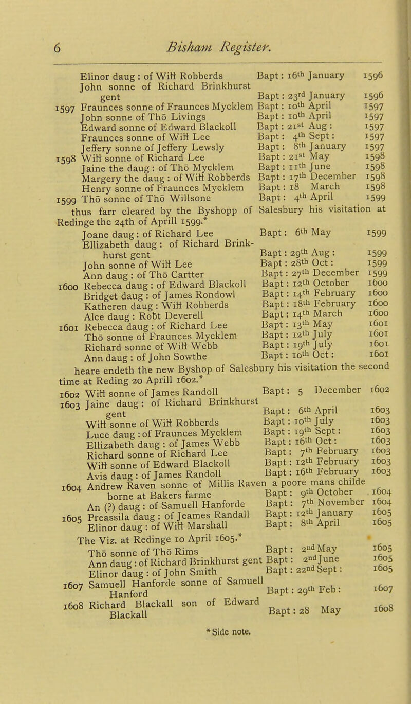 Elinor daug : of Witt Robberds Bapt: i6'h January 1596 John Sonne of Richard Brinkhurst gent Bapt: 23^^ January 1597 Fraunces sonne of Fraunces Mycklem Bapt: lo'h April John sonne of Tho Livings Edward sonne of Edward BlackoU Fraunces sonne of Witt Lee Jeffery sonne of Jeffery Lewsly 1598 Witt sonne of Richard Lee Jaine the daug : of Tho Mycklem Margery the daug : of Witt Robberds Henry sonne of Fraunces Mycklem 1599 Tho sonne of Th5 Willsone thus farr cleared by the Byshopp of Salesbury his visitation at Redinge the 24th of Aprill 1599* Joane daug: of Richard Lee Ellizabeth daug: of Richard Brink- burst gent John sonne of Witt Lee Ann daug : of Tho Cartter 1600 Rebecca daug : of Edward BlackoU Bridget daug : of James Rondowl Katheren daug : Witt Robberds Alee daug : Robt Deverell 1601 Rebecca daug : of Richard Lee Th5 sonne of Fraunces Mycklem Richard sonne of Witt Webb Ann daug : of John Sowthe heare endeth the new Byshop of Salesbury his visitation the second time at Reding 20 Aprill 1602.* 1602 Witt sonne of James RandoU Bapt 1603 Jaine daug: of Richard Brinkhurst Bapt: lo'h April Bapt: 21^' Aug : Bapt: 4tl> Sept: Bapt: January Bapt: 21^* May Bapt: ii'h June Bapt: 17''' December Bapt: 18 March Bapt: April Bapt: 6'h May Bapt: 29* Aug : Bapt: 28th Oct: Bapt: 27*'' December Bapt: 12'h October Bapt: 14'^ February Bapt: i8ih February Bapt: i4*i> March Bapt: 13^ May Bapt: 12^ July Bapt: 19'h July Bapt: lo'h Oct 1596 1597 1597 1597 1597 1597 1598 1598 1598 1598 1599 1599 1599 1599 1599 1600 1600 1600 1600 1601 1601 1601 1601 5 December 1602 Bapt: Bapt: Bapt: Bapt: Bapt; Bapt Bapt 6th April iQth July igth Sept: i6tlJ Oct: 7'h February 12'h February le'h February 1604 gent Witt sonne of Witt Robberds Luce daug : of Fraunces Mycklem Ellizabeth daug : of James Webb Richard sonne of Richard Lee Witt sonne of Edward BlackoU Avis daug : of James RandoU . Andrew Raven sonne of Millis Raven a poore mans chUde borne at Bakers farme Bapt: 9th October An (?) daug : of Samuell Hanforde Bapt: 7'h November 1605 Preassila daug : of Jeames Randall Bapt: 12th January Elinor daug : of Witt Marshall Bapt: 8th AprU The Viz. at Redinge lo April 1605.* Tho sonne of Tho Rims Bapt Ann daug: of Richard Brinkhurst gent Bapt Elinor daug : of John Smith Bapt Samuell Hanforde sonne of Samuell „ , . Hanford ^ ^ Bapt: 29'1> Feb. Richard Blackall son of Edward Blackall Bapt: 28 May 2nd May 2°^June 22°'! Sept: 1607 1608 1603 1603 1603 1603 1603 1603 1603 1604 1604 1605 1605 1603 1605 1605 1607 1608 ♦Side note.