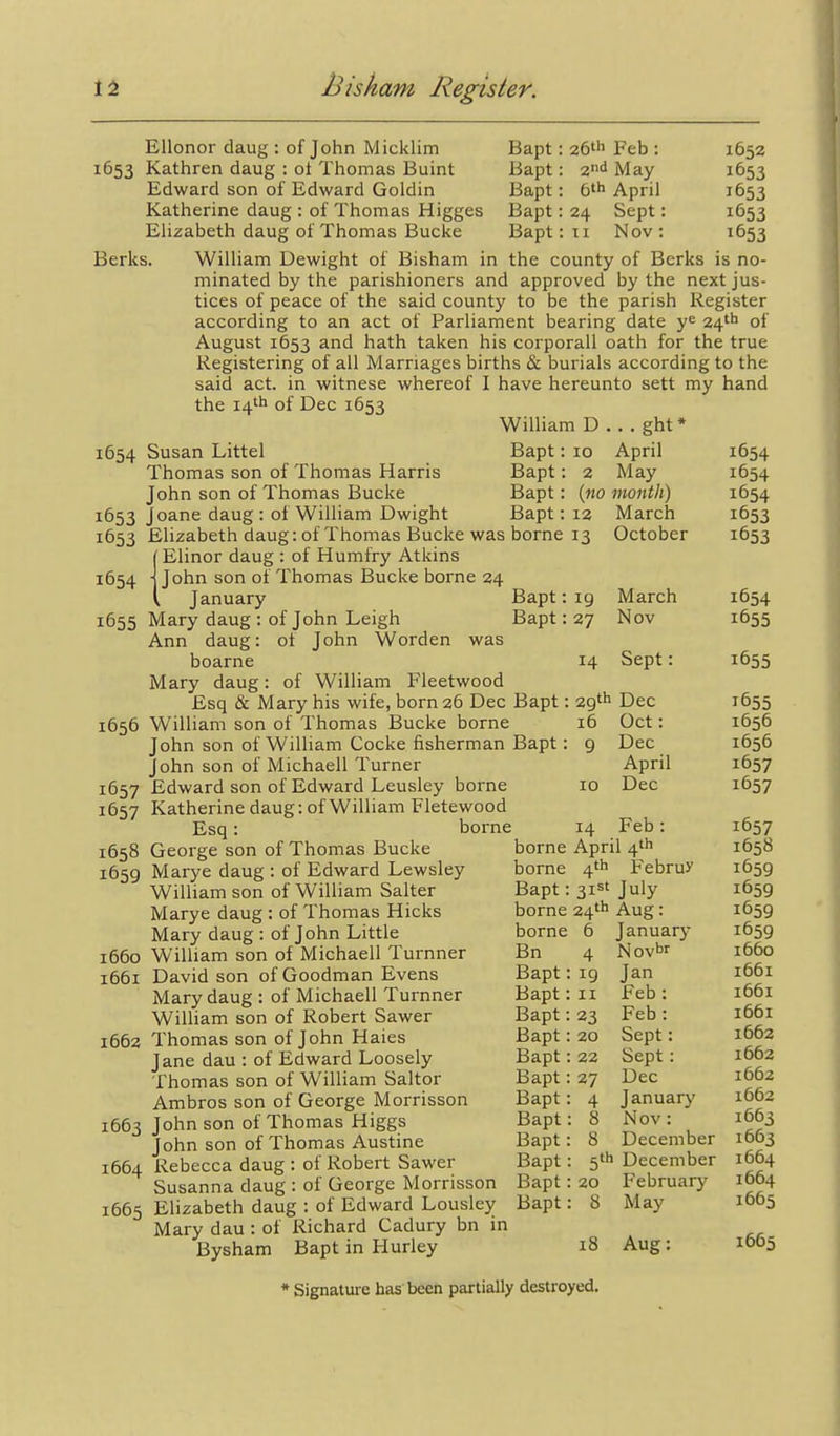 Ellonor daug : of John Micklim 1653 Kathren daug : ot Thomas Buint Edward son of Edward Goldin Katherine daug : of Thomas Higges Elizabeth daug of Thomas Bucke Bapt: 26th Feb : Bapt: 2'^ May Bapt: 6'*> April Bapt: 24 Sept: Bapt: II Nov : 1652 1653 1653 1653 1653 Berks. William Dewight of Bisham in the county of Berks is no- minated by the parishioners and approved by the next jus- tices of peace of the said county to be the parish Register according to an act of Parliament bearing date ye 24'* of August 1653 and hath taken his corporall oath for the true Registering of all Marriages births & burials according to the said act. in witnese whereof I have hereunto sett my hand the 14''' of Dec 1653 1654 William D . . , ght * Bapt: 10 April Bapt -.2 May Bapt: {no month) Bapt: 12 1654 1655 1656 1657 1657 Bapt; Bapt: 19 27 March October March Nov Susan Littel Thomas son of Thomas Harris John son of Thomas Bucke 1653 Joane daug: of William Dwight 1653 Elizabeth daug: of Thomas Bucke was borne 13 (Elinor daug : of Humfry Atkins ■ John son of Thomas Bucke borne 24 January Mary daug : of John Leigh Ann daug: ot John Worden was boarne Mary daug: of William Fleetwood Esq & Mary his wife, born 26 Dec Bapt: 29'^ Dec William son of Thomas Bucke borne 16 Oct: John son of William Cocke fisherman Bapt: 9 Dec John son of Michaell Turner April Edward son of Edward Leusley borne 10 Dec Katherine daug: of William Fletewood Esq: borne 14 Feb: 14 Sept: 1658 George son of Thomas Bucke 1659 Marye daug : of Edward Lewsley William son of William Salter Marye daug : of Thomas Hicks Mary daug : of John Little William son of Michaell Turnner David son of Goodman Evens Mary daug : of Michaell Turnner William son of Robert Sawer Thomas son of John Haies Jane dau : of Edward Loosely Thomas son of William Saltor Ambros son of George Morrisson 1663 John son of Thomas Higgs John son of Thomas Austine Rebecca daug : of Robert Sawer Susanna daug : of George Morrisson Elizabeth daug : of Edward Lousley Mary dau : of Richard Cadury bn in Bysham Bapt in Hurley borne April 4'^ borne 4**1 ]?ebruy Bapt: 31S' July borne 24* Aug: borne 6 January 1660 1661 1662 1664 1665 Bn 4 Bapt: 19 Bapt: II Bapt: 23 Bapt: 20 Bapt: 22 Bapt: 27 Bapt: 4 Bapt: Bapt: Bapt: Bapt: Bapt: 8 8 20 8 Novbr Jan Feb: Feb: Sept: Sept: Dec January Nov: December December February May 18 Aug: 1654 1654 1654 1653 1653 1654 1655 1655 1655 1656 1656 1657 1657 1657 1658 1659 1659 1659 1659 1660 1661 1661 1661 1662 1662 1662 1662 1663 1663 1664 1664 1665 1665 * Signature has been partially destroyed.