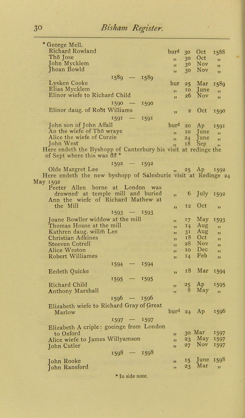 George Mell. Richard Rowland Tho Jose John Mycklem Jhoan Bowld 1589 — 1589 burd 30 Oct 1588 )) 30 Oct » »> 30 Nov » 30 Nov »j bur 25 Mar 1589 » 10 June » 26 Nov » )) 2 Oct 1590 bur! 20 Ap 1591 >j 10 June » )) 24 June )) 18 Sep visit at redinge the Lysken Cooke Elias Mycklem Elinor wiefe to Richard Child 1590 — 1590 Elinor daug. of Robt Williams 1591 — 1591 John son of John Affall An the wiefe of Tho wraye Alice the wiefe of Curzie John West Here endeth the Byshopp of Canterbury of Sept where this was 3d * 1593 — 1592 Olde Margret Lee „ 25 Ap 1592 Here endeth the new byshopp of Salesburie visit at Redinge 24 May 1592 Peeter Allen borne at London was drowned at temple mill and buried Ann the wiefe of Richard Mathew at the Mill 1593 — 1593 Joane Bowller widdow at the mill Thomas House at the mill Kathren daug. willm Lee Christian Adkines Steeven Cotrell Alice Weston Robert Williames V) 1594 — 1594 Eedeth Quicke Richard Child Anthony Marshall 1595 1595 1596 — 1596 Elizabeth wiefe to Richard Gray of Great Marlow 1597 — 1597 Elizabeth A criple : goeinge from London to Oxford Alice wiefe to James Willyamson John Cutler 1598 — 1598 John Rooke John Ransford * In side note. burd 6 July 1592 12 Oct » 17 May 1593 14 Aug 31 Aug 18 Oct 28 Nov ID Dec 14 Feb 18 Mar 1594 25 Ap 1595 8 May 24 Ap 1596 30 Mar 1597 23 Ma J' 1597 27 Nov 1597 15 June 1598 23 Mar