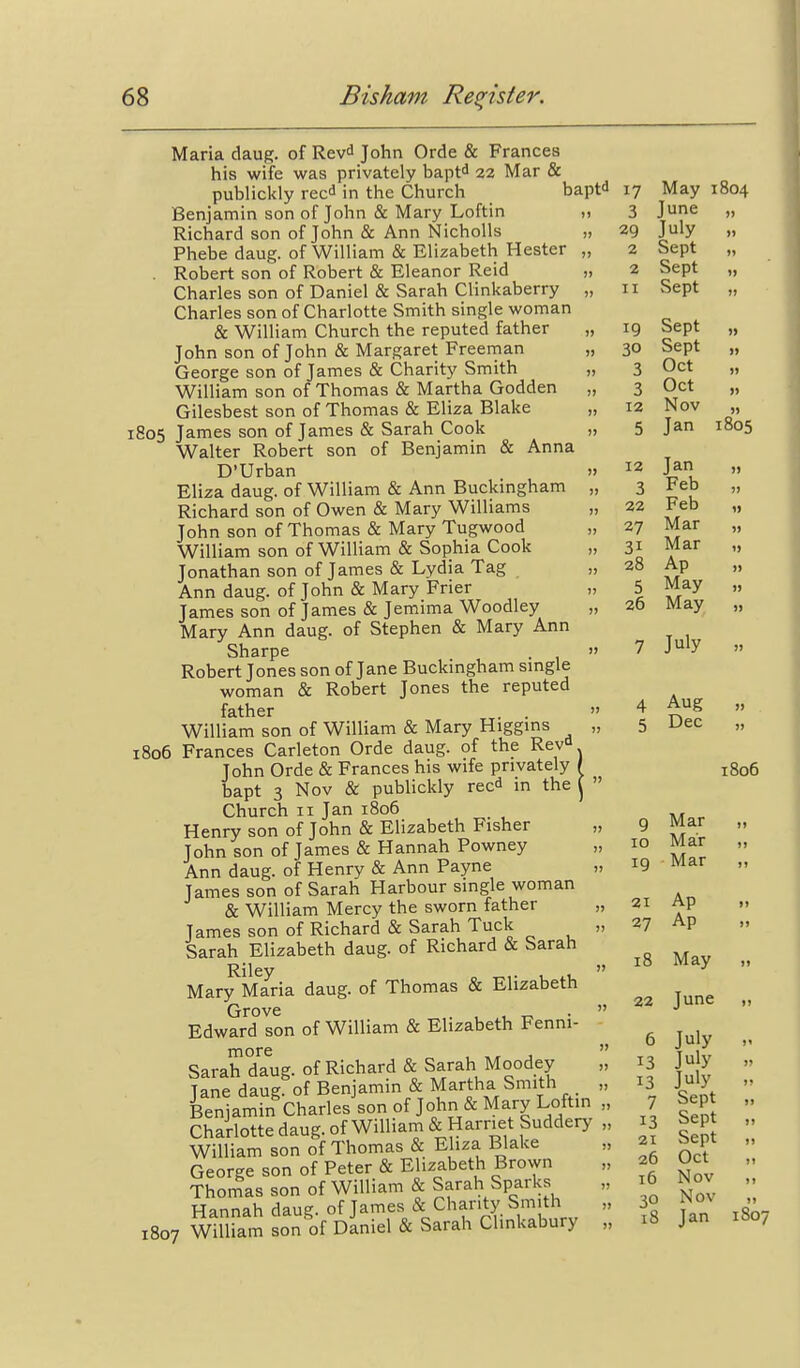 Maria daug- of Revd John Orde & Frances his wife was privately bapt^ 22 Mar & publickly reed in the Church bapt^ 17 May 1804 Benjamin son of John & Mary Loftin >, 3 Ju^ „ Richard son of John & Ann Nicholls „ 29 July » Phebe daug. of William & Elizabeth Hester „ 2 Sept „ . Robert son of Robert & Eleanor Reid „ 2 Sept „ Charles son of Daniel & Sarah Clinkaberry „ 11 Sept „ Charles son of Charlotte Smith single woman & William Church the reputed father „ 19 Sept „ John son of John & Margaret Freeman „ 30 Sept „ George son of James & Charity Smith „ 3 Oct „ William son of Thomas & Martha Godden „ 3 Oct „ Gilesbest son of Thomas & Eliza Blake „ la Nov „ 1805 James son of James & Sarah Cook „ 5 J^n 1805 Walter Robert son of Benjamin & Anna D'Urban » 12 Jan „ Eliza daug. of William & Ann Buckingham „ 3 Feb „ Richard son of Owen & Mary Williams „ 22 Feb „ John son of Thomas & Mary Tugwood „ 27 Mar „ William son of William & Sophia Cook „ 31 Mar „ Jonathan son of James & Lydia Tag „ 28 Ap „ Ann daug. of John & Mary Frier „ 5 May „ James son of James & Jemima Woodley „ 26 May „ Mary Ann daug. of Stephen & Mary Ann Sharpe Robert Jones son of Jane Buckmgham smgle woman & Robert Jones the reputed father . . William son of William & Mary Higgms 1806 Frances Carleton Orde daug. of the Rev^i, John Orde & Frances his wife privately ' bapt 3 Nov & publickly reed in the Church II Jan 1806 Henry son of John & Elizabeth Fisher ,: John son of James & Hannah Powney , Ann daug. of Henry & Ann Payne , James son of Sarah Harbour single woman & William Mercy the sworn father , James son of Richard & Sarah Tuck , Sarah Elizabeth daug. of Richard & Sarah Riley „ -r,,- 1. i.u ' Mary Maria daug. of Thomas & Elizabeth Grove . , , • ' Edward son of William & Elizabeth Fenni- more , . Sarah daug. of Richard & Sarah Moodey Jane daug. of Benjamin & Martha Smith Benjamin Charles son of John & Mary Loftin Charlotte daug. of William & Harriet Suddery William son of Thomas & Eliza Blake George son of Peter & Elizabeth Brown Thomas son of William & Sarah Sparks Hannah daug. of James & Charity Smith 1807 William son of Daniel & Sarah Clinkabury 7 July 4 Aug » 5 Dec 1806 9 Mar >» 10 Mar )» 19 Mar )> 21 Ap »» 27 Ap )) 18 May »» 22 June ») 6 July )* 13 July J) 13 July »» 7 Sept )» 13 Sept )» 21 Sept M 26 Oct n 16 Nov »» 30 Nov 18 Jan 1807