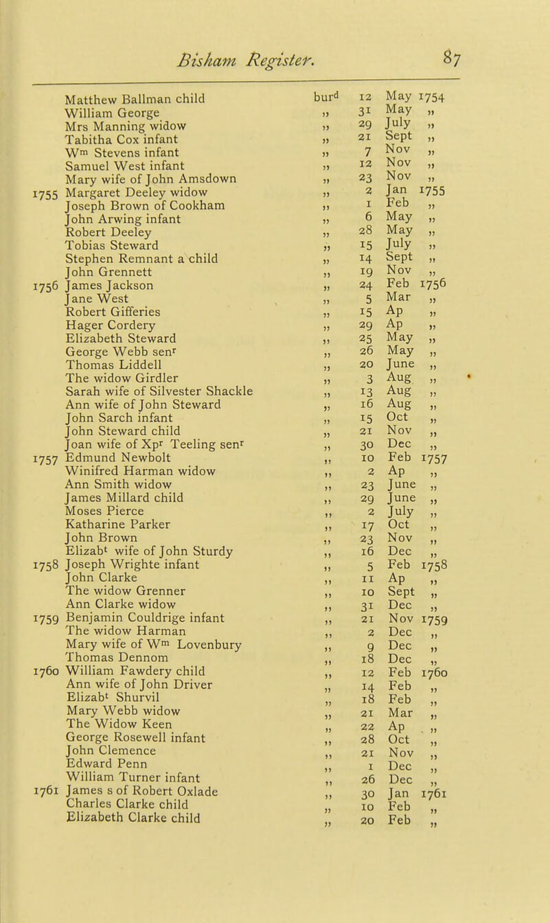 Matthew Ballman child William George Mrs Manning widow Tabitha Cox infant W™ Stevens infant Samuel West infant Mary wife of John Amsdown 1755 Margaret Deeley widow Joseph Brown of Cookham John Arwing infant Robert Deeley Tobias Steward Stephen Remnant a child John Grennett 1756 James Jackson Jane West Robert Gifferies Hager Cordery Elizabeth Steward George Webb sen' Thomas Liddell The widow Girdler Sarah wife of Silvester Shackle Ann wife of John Steward John Sarch infant John Steward child Joan wife of Xp^ Teeling sen^ 1757 Edmund Newbolt Winifred Harman widow Ann Smith widow James Millard child Moses Pierce Katharine Parker John Brown Elizab' wife of John Sturdy 1758 Joseph Wrighte infant John Clarke The widow Grenner Ann Clarke widow 1759 Benjamin Couldrige infant The widow Harman Mary wife of W^ Lovenbury Thomas Dennom 1760 William Fawdery child Ann wife of John Driver Elizab' Shurvil Mary Webb widow The Widow Keen George Rosewell infant John Clemence Edward Penn William Turner infant 1761 James s of Robert Oxlade Charles Clarke child Elizabeth Clarke child bur° 12 May 1754 )) 31 May )) ») 29 July )> » 21 oept )> n 7 Nov }» )> 12 Nov I) 23 JNOV 1) » 2 J 3-n 1755 » » 1 r CD )) 0 May » » 20 Ma.y )) » 15 July )5 )) 14 oept Jl 19 XT Nov J) » 24 r eb 1750 5 Mar JJ 5) 15 Ap JJ )) 29 Ap JJ >) 25 May JJ » 20 May JJ » 20 June JJ 3 Aug JJ 13 Aug JJ » Tfi Aug JJ 15 uct JJ 21 N ov JJ » 30 Dec JJ )i 10 Feb 1757 )) 2 Ap J> )i 23 June JJ >) 29 June J) July JJ 0 17 uct IJ )» 23 XT Nov JJ )) 10 uec JJ )) 5 r eb 1758 >) II Ap JJ ») 10 oept JJ J) 31 Wan jjec JJ )) 21 XT Nov 1759 )» 2 JJec )J J) 9 JJec JJ )) 10 Dec JJ >) 12 reb 1760 )) 14 Jt'eb JJ )) reb JJ 5) 21 Mar >J )) 22 An Ap IJ >) 28 Oct JJ 21 Nov JJ )) I Dec JJ )> 26 Dec JJ )» 30 Jan I76I )> 10 Feb JJ » 20 Feb JJ