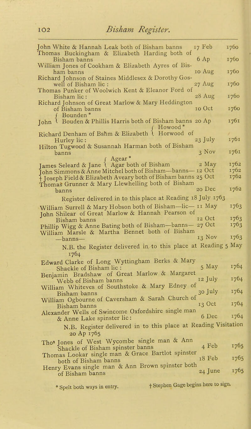 John White & Hannah Leak both of Bisham banns 17 Feb 1760 Thomas Buckingham & Elizabeth Harding both of Bisham banns 6 Ap 1760 William Jones of Cookham & Elizabeth Ayres of Bis- ham banns 10 Aug 1760 Richard Johnson of Staines Middlesex & Dorothy Gos- well of Bisham lie : 27 Aug 1760 Thomas Punker of Woolwich Kent & Eleanor Ford of Bisham lie: 28 Aug 1760 Richard Johnson of Great Marlow & Mary Heddington of Bisham banns 10 Oct 1760 / Bounden* John Bouden & Phillis Harris both of Bisham banns 20 Ap 1761 ( Howood* Richard Denham of Bshm & Elizabeth I Horwood of Hurley lie: 23 July 1761 Hilton Tugwood & Susannah Harman both of Bisham banns 3 Nov 1761 / Agear* James Seleard & Jane I Agar both of Bisham 2 May 1762 John Simmons& Anne Mitchel both of Bisham—banns— 12 Oct 1762 f Joseph Field & Elizabeth Aveary both of Bisham banns 25 Oct 1762 ThomaS Grunner & Mary Llewhelling both of Bisham banns 20 Dec 1762 Register delivered in to this place at Reading 18 July 1763 William Surrell & Mary Hobson both of Bisham—lie— 11 May 1763 John Shilear of Great Marlow & Hannah Pearson of Bisham banns 12 Oct 1763 Phillip Wigg & Anne Bating both of Bisham—banns— 27 Oct 1763 William Marsle & Martha Bennet both of Bisham —banns— i3 Nov 1763 N.B. the Register delivered in to this place at Reading 5 May 1764 Edward Clarke of Long Wyttingham Berks & Mary Shackle of Bisham lie : 5 May 1764 Benjamin Bradshaw of Great Marlow & Margaret Webb of Bisham banns 12 July 1764 William Whiteves of Southstoke & Mary Edney of Bisham banns ^ 30 July 1764 William Ogbourne of Caversham & Sarah Church ot Bisham banns i3 Oct 1764 Alexander Wells of Swincome Oxfordshire smgle man & Anne Lake spinster lie: 6 Dec 1704 N.B. Register delivered in to this place at Reading Visitation 20 Ap 1765 Tho Jones of West Wycombe single man & Ann Shackle of Bisham spinster banns 4 Feb 1705 Thomas Lookar single man & Grace Bartlot spmster both of Bisham banns 18 Feb 1705 Henry Evans single man & Ann Brown spinster both of Bisham banns 24 June 1765 * Spelt both ways in entry. + Stephen Gage begins here to sign.