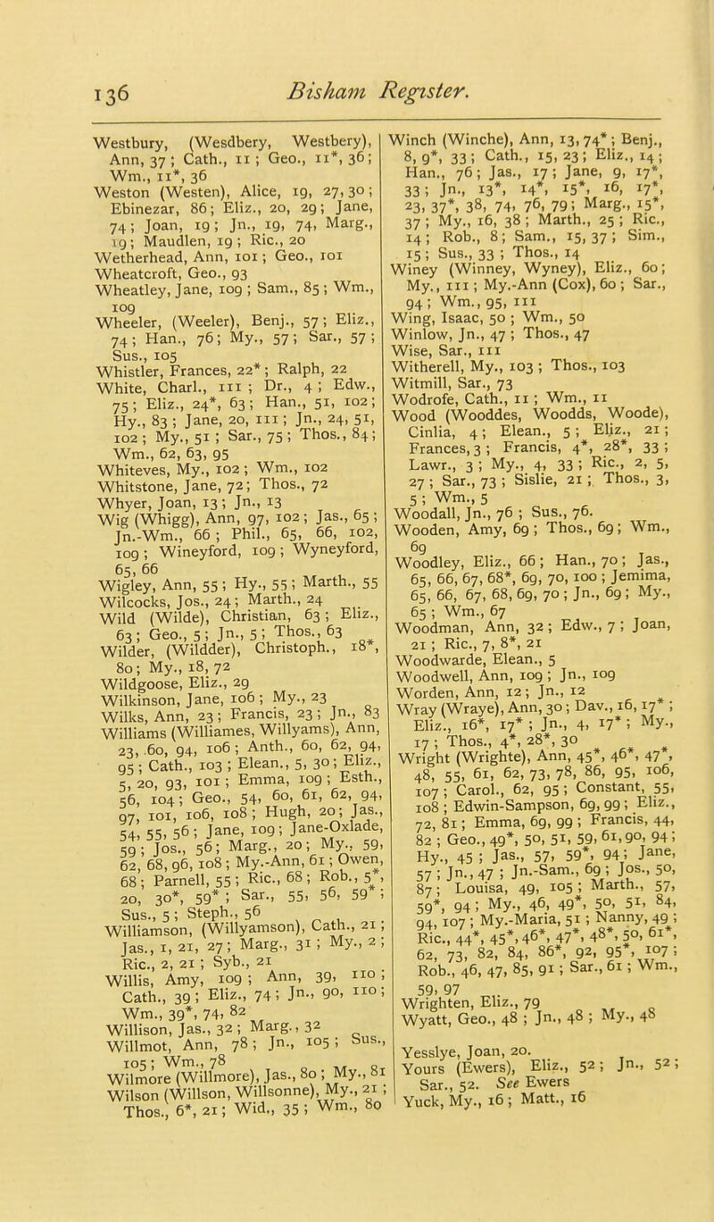 Westbury, (Wesdbery, Westbery), Ann, 37; Cath., 11; Geo., 11*, 36; Wm., II*, 36 Weston (Westen), Alice, 19, 27,30; Ebinezar, 86; Eliz., 20, 29; Jane, 74; Joan, 19; Jn., 19, 74, Marg., ig; Maudlen, 19; Ric, 20 Wetherhead, Ann, loi; Geo., loi Wheatcroft, Geo., 93 Wheatley, Jane, log ; Sam., 85; Wm., 109 Wheeler, (Weeler), Benj., 57; Eliz., 74; Han., 76; My., 57; Sar., 57; Sus., 105 Whistler, Frances, 22*; Ralph, 22 White, Charl., m ; Dr., 4 ; Edw., 75; Eliz., 24*, 63; Han., 51, 102; Hy., 83 ; Jane, 20, iii; Jn., 24, 51, 102 ; My., 51 ; Sar., 75 ; Thos., 84; Wm., 62, 63, 95 Whiteves, My., 102 ; Wm., 102 Whitstone, Jane, 72; Thos., 72 Whyer, Joan, 13 ; Jn., 13 Wig (Whigg), Ann, 97, 102 ; Jas., 65 ; Jn.-Wm., 66 ; Phil., 65, 66, 102, 109 ; Wineyford, 109 ; Wyneyford, 65, 66 Wigley, Ann, 55 ; Hy., 55 ; Marth., 55 Wilcocks, Jos., 24 ; Marth., 24 Wild (Wilde), Christian, 63; Ehz., 63; Geo., 5; Jn., 5; Thos., 63 Wilder, (Wildder), Christoph., 18 , 80; My., 18, 72 Wildgoose, Eliz., 29 Wilkinson, Jane, 106 ; My., 23 Wilks, Ann, 23; Francis, 23 ; Jn., 83 Williams (Williames, Willyams), Ann, 23, 60, 94, 106; Anth., 60, 62, 94, 95; Cath., 103 ; Elean., 5, 3°; Eliz., 5, 20, 93, loi; Emma, 109 ; Esth., 56, 104; Geo., 54. 60, 61, 62, 94, 97, loi, 106, 108; Hugh, 20; Jas., 54, 55, 56 ; Jane, 109 ; Jane-Oxlade, 59; Jos., 56; Marg., 20; My., 59. 62, 68, 96, 108 ; My.-Ann, 61; Owen, 68; Parnell, 55; Ric, 68; Rob., 5^, 20, 30*, 59* ; Sar., 55, 56, 59 ; Sus., 5 ; Steph., 56 , ^ , Williamson, (Willyamson), Cath., 21; Jas., I, 21, 27; Marg., 31 ; My., 2 ; Ric, 2, 21; Syb., 21 Willis, Amy, 109 ; Ann, 39, . Cath., 39; Eliz., 74; Jn-. 9o. ; Wm., 39*. 74, 82 WiUison, Jas., 32; Marg., 32 Willmot, Ann, 78; Jn., 105; bus., 105; Wm., 78 Wilmore (WiUmore), Jas., 80 ; My., 81 Wilson (Willson, Willsonne), My., 21 ; Thos. 6*, 21; Wid., 35 ; Wm., 80 Winch (Winche), Ann, 13, 74* ; Benj., 8, 9*. 33; Cath., 15, 23; Eliz., 14; Han., 76; Jas., 17; Jane, 9, 17*, 33; Jn., 13*. 14*. 15*. 16, 17*, 23. 37*, 38, 74, 76. 79; Marg., 15*, 37 ; My., 16, 38 ; Marth., 25 ; Ric, 14; Rob., 8; Sam., 15,37; Sim., 15; Sus., 33 ; Thos., 14 Winey (Winney, Wyney), Eliz., 60; My., Ill; My.-Ann (Cox), 60 ; Sar., 94; Wm., 95, III Wing, Isaac, 50 ; Wm., 50 Winlow, Jn., 47 ; Thos., 47 Wise, Sar., in Witherell, My., 103 ; Thos., 103 Witmill, Sar., 73 Wodrofe, Cath., 11; Wm., 11 Wood (Wooddes, Woodds, Woode), Cinlia, 4; Elean., 5 ; Eliz., 21 ; Frances, 3 ; Francis, 4*, 28*, 33 ; Lawr., 3 ; My., 4, 33 ; Ric, 2, 5, 27 ; Sar., 73 ; Sislie, 21; Thos., 3, 5 ; Wm., 5 Woodall, Jn., 76 ; Sus., 76. Wooden, Amy, 69 ; Thos., 69; Wm., 69 Woodley, Eliz., 66 ; Han., 70 ; Jas., 65, 66, 67, 68*, 69, 70,100 ; Jemima, 65, 66, 67, 68, 69, 70 ; Jn., 69; My., 65 ; Wm., 67 Woodman, Ann, 32 ; Edw., 7 ; Joan, 21; Ric, 7, 8*, 21 Woodwarde, Elean., 5 Woodwell, Ann, 109 ; Jn., 109 Worden, Ann, 12; Jn., 12 Wray(Wraye),Ann, 3o;Dav., 16,17 ; Eliz., 16*, 17* ; Jn., 4. 17* ; My., 17 ; Thos., 4*, 28*, 30 Wright (Wrighte), Ann, 45*, 46 , 47 , 48, 55, 61, 62, 73, 78, 86, 95, 106, 107; Carol., 62, 95; Constant, 55, 108 ; Edwin-Sampson, 69, 99 ; Eliz., 72, 81; Emma, 69, 99 ; Francis, 44, 82 ; Geo., 49*, 50. 51, 59, 61,90, 94 ; Hy., 45 ; Jas., 57, 59*, 94; Jane, 57; Jn.,47; Jn.-Sam., 69 ; Jos., 50, 87; Louisa, 49, io5 ; Marth., 57, 59*, 94; My., 46, 49*, 50, 51, 84, 04, 107 ; My.-Maria, 51 ; Nanny, 49 ; Ric. 44*. 45*. 46*, 47*. 48*, 50, 61*, 62, 73, 82, 84, 86*, 92. 95*,, 107; Rob., 46, 47. 85. 91; Sar., 61; Wm., 59. 97 Wrighten, Eliz., 79 „ <, Wyatt, Geo., 48 ; Jn., 48 ; My., 48 Yesslye, Joan, 20. Yours (Ewers), Eliz., 52; Jn., 52; Sar., 52. See Ewers Yuck, My., 16 ; Matt., 16