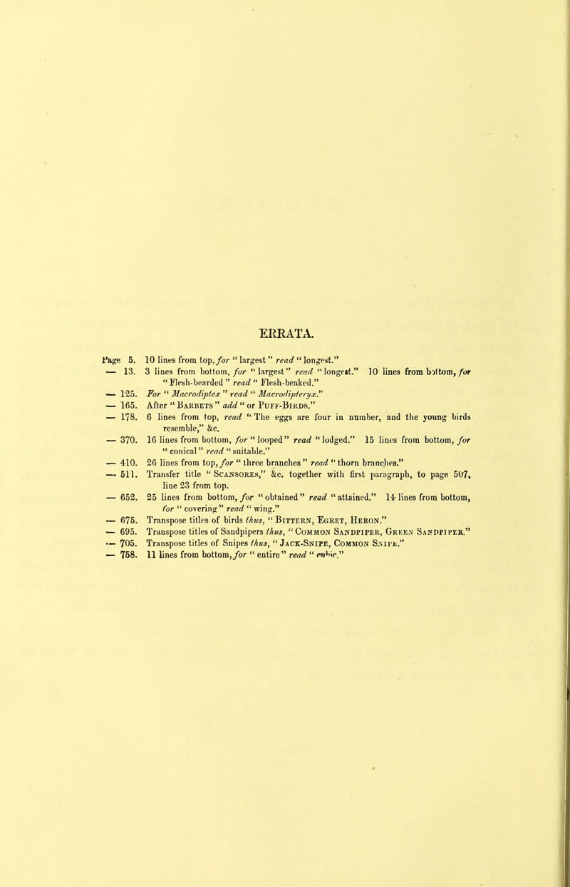 EERATA. rage 5. 10 lines from top,/or  largest read  longpst. — 13. 3 lines from bottom,/or largest read  longcit. 10 lines from bDltom,/of Tlesli-bearded  read Flesh-beaked. — 125. For  Macrodiptex  read  Macrodipieryx. — 165. After  Baruets  add  or PuFr-BiiiDS. — 178. 6 lines from top, read  The eggs are four in number, and the young birds resemble, iitc. — 370. 16 lines from bottom, for  looped read lodged. 15 lines from bottom, for  conical  read  suitable. — 410. 26 lines from top, for  three branches  read  thorn branches. — 511. Transfer title  ScAJfSORE.s, &c. together with first paragraph, to page 507, line 23 from top. — 652. 25 lines from bottom, for  obtained  read  attained. \i lines from bottom, for  covering read  wing. — 675. Transpose titles of birds thus,  Bittern, Egret, Heron. — 695. Transpose titles of Sandpipers thus, Common Sandpiper, Grken Sahdfipeb. — 705. Transpose titles of Snipes thus,  Jack-Snipe, Common S-Mte. — 758. 11 lines from bottom,/or  entire  read  mW.