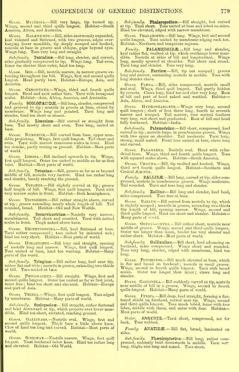 GeiMS. MvOTEiUA. — Bill very large, tip turned up. \Viu>;-.s, second and third qiiills longest. Habitat—South America, Africa, and Australia. Genus. BAL.ENICEPS.—Bill, sides enormously expanded, keel widened and flattened, with two grooves, edges over- hanging lower mandible, tip deeply scooped and hooked, nostrils at base in groove and oblique, gape beyond eyes. Wings long. Toes very long and straight. Sah-famili/. Tantalinae.—Bill long, slender, and curved, sides gradually compressed to tip. Wings long. Tail even. Inner toe shorter than outer, hind toe long. Oemis. Ibis.—Bill, nostrils narrow, in narrow groove ex- tending throughout the bill. Wings, first and second quills longest. Head partly bare. Habitat—Europe, Asia, and America. Genus. Geronticus.—Wings, third and fourth quills longest. Head and neck rather bare. Tarsi with hexagonal scales. Habitat—Asia, Africa, America, and Australia. Famili/. SCOLOPAC!D.ffi.—Bill long, slender, compressed and grooved to tip ; nostrils in groove at base, closed by membrane. Wings long and pointed. Tarsi long and slender, hind too short or absent. Sub-familt/. Limosinss.—Bill curved or straight from base. Tad mostly short and even. Toes long, united at base. Genus. NUMENIUS.—Bill cun'ed from base, upper man- dible i5rojccting. Wings, first quill longest. Tail .short and even. Tarsi with narrow transverse scales in front. Hind toe slendei-, partly resting on ground. Habitat—Most jiarts of world. Geiins. LiMOSA.—Bill inclined upwards to tip. Wings, tist quill longest. Outer toe uniteil to middle as far as first ioint. Habitat—Most parts of world. Suh-famili). Totaninas.-—Bill, groove as far as or beyond middle of bill, nostrils very narrow. Hind toe rather long and slender, barely reaching the ground. Genus. ToTANUS.—Bill slightly curved at tip; groove half length of bill. Wings, first quill longest. Tarsi with very narrow scales in front. Habitat—Both hemispheres. Genus. Tringoides.-—Bill rather straight above, curved at tip; groove extending nearly whole length of bill. Tail rounded, broad. Habitat—Old and New Worlds. Suh-famibj. Recurviiostrinse.—Nostrils very narrow, membranous. Tail short and rounded. Tarsi with netted scales in front. Thigh naked above knee. Genus. Recurvirostra.—Bill, keel flattened at base. Tarsi rather compressed ; toes united by indented web; hind toe very short. Habitat—l\Iost parts of world. Genus. Himantopus.—Bill long and straight, opening <if nostrils long and narrow. Wings, first quill longest. Toes united at base, hind toe wanting. Habitat—Many parts of the world. Suh-famih/. Tringinss.—Bill rather long, keel near tip, ratlier flat and wide ; nostiils in groove, extending two-thirds of bill. Toes united at ba.se. Genus. PeiLOiMACHUS.—Bill straight. Wings, first and second quills longest. Outer toe united as far as first joint, inner free ; hind toe short and elev ated. Habitat—Europe and part of Asia. Genus. Tringa.—Wings, first quilllongest. Toes edged by membrane. Habitat—Many parts of world. SaJi-famibj. Scolopacinae.- Bill straight, rather flattened and bent downward at tip, which projects over lower man- di ble. Hind toe shoi-t, elevated, reaching gi-ound. Genus. GaLLINago.—Nostrils oval. Wings, first and second quills longest. Thigh bare a little above knee. CUiw of hind toe long and curved. Habitat—Most parts of world. Genus. ScoLOPAX.—Nostrils narrow. Wings, fir.st quill li^.gest. Tarsi feathered below knee. Hind toe rather long and elevated. Habitat—Old World. Sal-J'amihj. Phalaropodinae.—Bill straight, but curved at tij). Tarsi short. Toes united at base and lobed on sides. Hind toe elevated, edged with narrow membrane. Genus. Phalaropus.—Bill long-. Wings, first and second quills longest. Toes united by membrane edging each toe. Habitat—Northern and temperate regions. Familij. PALAMEDEID.E Bill long and slender, keel rather flat, vaulted at tip, which overhangs lower man- dible. Nostrils at sides of bill and longitudinal. Wings long, mostly spurred at shoulder. Tail short and round. Tarsi long and slender. Toes very long. Stih-famiii/. Parrinae.—Bill, tip not scooped ; groove long and narrow, containing nostrils in middle. Toes with long slender claws. Genus. Parra.—Bill, sides compressed, nostrils small and oval. Wings, third quill longest. Tail partly hidden by coverts. Claws long, hind toe and clav/ very long. Base of bill and part of head naked and wattled. Habitat— Asia, Africa, and America. Genus. Hydroi'Hasianus.—Wings very long, second quill longest ; shaft of first three long, fourth to seventh narrow and scooped. Tail narrow, four central featliera very long, rest short and graduated. Base of bill and head fully featJhered, Habitat—India. Suh-famil)/. Palamedeinae.—Bill short, compressed, keel curved to tip ; nostrils large, in membranous groove. Wings with two spurs on shoulder. Tail moderate. Tarsi long, strong, small scaled. Front toes united at base, claws long and curved. Genus. PaLA MEDEA. Nostrils oval. Head with cylin- drical horn. Wings, third and fourth quills longest. Toes with squared scales above. Habitat—South America. Genus. Chauna.—Bill, tip vaulted and hooked. Wings, third ard fourth quills longest. Habitat—Southern and Central America. Famili/. RALLID.S;.—Bill long, curved at tip, sides com- ]iressed, nostrils in membranous groove. Wings moderate. Tail rounded. Tarsi and toes long and slender. Snlj-famili/. Rallinae.—Bill long and slender, keel bold, sides compressed. Toes free at base. Genus. PiALLUS.—Bill curved from nostrils to tip, which is slightly scooped ; nostrils in groove, extending two-thirds the length of bill, opening narrow. Wnigs, second and third quills longest. Hind toe short and slender. Habitat— Many parts of world. Genus. Ortuvgometra.—Bill rather short, nostrils near middle of groove. Wings, second and third quills longest. Outer toe longer than inner, hinder toe very slender and rather short. Habitat—Most parts of world. Siib-famib/. Gallinulinae.—Bill short, keel advancing on forehead, sides compressed. Wings short and rounded. Toes very long, slender, edged with membrane, hind toe long. Genus. Porphyrio.—Bill much elevated at base, which is flat and broad on forehead ; nostrils in small groove. Wings, second to fourth quills longest. Tarsi with bread scales. Outer toe longer than inner; claws long and slender. Genus. GaLLINULA.—Bill suddenly curved at tip, nostrils near middle of bill in a groove. Wings, second to fourth quills longest. Habitat—Many parts of world. Genus. FULICA. —Bill deep, keel straight, forming a flat- tened shield on forehead, curved near tip. Wings, second and third quills longest. Toes much lobed, inner with two lobes, middle with three, and outer with four. Habitat— Most parts of world. Order. ANSERES.—Tarsi short, compressed, set far back. Toes webbed. ^ Famihj. ANATID.E. — Bill flat, broad, laminated on sides. Suh-famLli/. PhoenicopteriiiEe.—Bill long, rather com- pressed, suddenly bent downwards in middle. Tarsi ver' long, thighs also long and nased. Toes short.