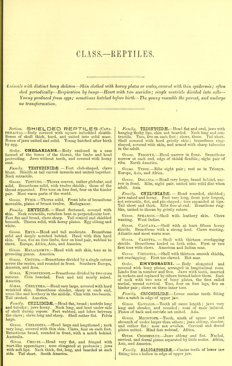 CLASS.—REPTILES. inimaJs with distinct bony skeleton—Skin clothed with horny plates or scales, covered with thin epidermis; often shed periodically—Respiration hy lungs—Heart with two auricles; single ventricle divided into cells— Young produced from eggs; sometimes hatched before birth—The young resemble the parent, and undergo no transformation. Seclion. SHIELDED REPTILES (Cata- PHRacta).—Body covered with square imbudded shields. Bones of skull thick, hard, and united into solid mass. Bones of jaws united and solid. Young hatched after birth by egg. Order. CHELARIANS—Body enclosed in a case formed of the bones of the thorax, the limbs and head protruding. Jaws without teeth, and covered with horny coat. Family. TESTUDIKID.S1. — Feet club-shaped, claws blunt. Shields at tail curved inwards and united together. Neck retractile. Genus. Testudo.—Thorax convex, rather globular, and solid. Breastbone solid, with twelve shields ; those of the throat separated. Five toes on fore feet, four on the hinder pair. Most warm parts of the world. Genus. Pyxis.—Thorax solid. Front lobe of breastbone moveable, plates of breast twelve. Madagascar. Famili/. EMYDID^. — Head flattened, covered with skin. Neck retractile, vertebrae bent in 23ei-pendicular bow. Feet flat and broad, claws sharp. Tail conical and shielded beneath. Thorax solid, with horny plates. Egg oblong and white. Genus. Emts.—Head and tail moderate. Breastbone solid and deeply notched behind. Head with tbin hard skin. Toes, five on fore limbs, four on hind pair, webbed to claws. Europe, Africa, Asia, and America. Genus. Malaclemts.—Head with soft skin, toes as in preceding genus. America. Gemis. CiSTUDA.—Breastbone divided by a single suture aci oss the centre, and rounded in front. Southern Europe, America, and Asia. Genus. Kinosternon.—Breastbone divided by two cross sutures. Chin bearded. Feet and tail nearly naked. America. Genus. Chelydra.—Head very large, covered with hard wrinkled skin. Breastbone slender, sharp at each end, cross-like and leatliery in the middle. Chin with two beards. Tail crested. America. Family. CHELIDIDiE.—Head flat, broad ; nostrils long and tubular ; jaws homy. Neck long, and bent under side of shell during repose. Feet webbed, and lobes between the claws ; claws long and sharp. Shell rather flat. Pelvis large. Genus. Chelodina. —Head large and lengthened ; neck very long, covered with thin skin. Claws, four on each foot. Breastbone broad, rounded in front, with a notch behind. Australia. Genus. Chelys.—sHead very flat, and fiinged with wart-like appendages; nose elongated at proboscis ; jaws with soft lips. Neck thick, flat, long, and bearded at each side. Tail short. South America. Famili/. TEIONYCID.5;.— Head flat and oval, jaws with hanging fleshy lips, chin not bearded. Neck long and con- tractile. Toes, five on each foot; claws, three. Tail short. Shell covered with hard gristly skin ; breastbone ring- shaped, covered with skin, and aimed with sharp tubercles in the adult. Genus. Trionyx.—Head narrow in front. Breastbone narrow at each end, edge of shield flexible; eight pair of riba. North America. Genus. Tyrse.—Ribs eight pair ; rest as in Trionyx. Europe, Asia, and Africa. Genus. Dogania.—Head very large, broad behind, nar- row in front. Ribs, eight pair, united into solid disc when adult. Asia. Family. CHEL0NIAD51. — Head rounded, shielded; jaws naked and horny. Feet very long, front pair largest, not retractile, flat, and pin-shaped ; toes expanded at tips. Tail short and thick. Ribs free at end. Breastbone ring- like, united to thorax by gristly suture. Genus. Sphargis.—Shell with leathery skin. Claws wanting. West Indies. Genus. CaouaNA.—Shell with at least fifteen horny shields. Breastbone with a strong keel. Claws wanting. Atlantic and most warm seas. Genus. Caretta. — Shell with thirteen overlapping shields. Breastbone keeled on both sides. First or two first toes with claws. American aud Indian seas. Genus. Chelonia.—Shell with thirteen smooth shields, not overlapping. First toe clawed. Hot seas. Order. EMYDOSAURI. — Body elongated and covered with bony plates, arranged in longitudinal rows. Limbs four in number and free. Jaws with teeth, inserted in sockets and replaced by others formed below them. Back of neck with two sets of bony plates, the first called nuchal, second cervical. Toes, four on fore legs, five on hinder pair ; claws on three inner toes. Family. CROCODILlDyS.—Lower canine teeth fitting into a notch in edge of upper jaw. Genus. Gavialis.—Teeth all same length ; jaws very- long and slender, and rounded ; nose of male inflated. Plates of back and cervicle set united. Asia. Genus. Mecistops.—Teeth, ninth of upper jaw and eleventh of under larger than others ; jaws oblong, slender, and rather flat; nose not swollen. Cervical and dorsal plates united. Hind feet webbed. Africa. Genus. Crocodiltjs.—Jaws oblong and flat. Nuchal, cervical, and dorsal plates separated by little scales. Africa, Asia, and America. Family. ALLIGATOKID.^.—Canine teeth of lower jaw fitting into a hollow in edge of upper jaw.