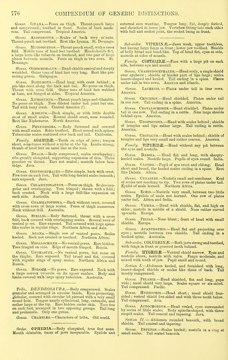 GcnuK. Tguana.—Pores on thigh. Throat-pouch large and compressed; toothed in fi-ont. Scales of back mode- rate. Tail compressed. Tropical America. Oenus. Aloponotds. — Scales of back very m'nute. Tliroat-pouch not toothed. Rest like Iguana. St. Dorinngo. Oenu.i. Metopoceros.—Throat-pouch small, with a cross fold. Middle toes of hind feet toothed. Head-shields Act, a large hora-like tubercle on forehead, and two pair of lai'ge plates between nostrils. Pores on thigh in two rows. St. Domingo. Oenus. OreocephaLUS.'—Head-shields conical and deeply wrinkled. Outer toes of hind feet very long. Rest like pre- ceding genus. Galapagos. Genus. Basiliscus.—Head long, with crest behind ; a pin-like crest along the back and tail. No pores on thigh. Throat with ci'oss fold. Outer toes of hind feet webbed at base, not fringed at sides. Tropical America. Oenus. XiPHOSURUS.—Throat-pouch large and dilatable. No pores on thigh. Toes dilated vmder last joint but one. Tail with bony crest. Central America (?). Genus. Anolius.—Back simple, or with little double crest of small scales. Rostral shield erect, nose rounded. Rest like Xiphosurus. North America. Genus. Phrtnosoma. — Body flattened and covered with small scales. Sides toothed. Head armed with spines. Tubercular scales scattered over back and tail. California. Famili/. AGABIID-ffi.—Teeth on edge of jaws; tongue short, sometimes without a niche at the tip. Limbs strong, thumb of hind feet on same line as the toes. Oenus. Draco.—Body compressed, scales overlapping ; ribs greatly elongated, supporting expansion of skin. Three pouches on throat. Ears not scaled; nosti-ils below face- ridge. Java. Genus. Gontocephaltjs.—Ribs simple, back with crest. Five toes on each foot. Tail with long-keeled scales beneath; ears exposed. Java. Genus. Chlamtdosatjrus.—Pores on thigh. Scales irre- gular and overlapping. Toes fringed ; throat with a fold ; back crested. Neck with a large frill-like expansion on each side. Australia. Genus. Grammatophora.—Back without crest, covered with cross rows of large scales. Pores of thigh numerous. Neck without fnll. Australia. Genus. Stellio.—Body flattened, throat with a cross fold, back covered with overlapping scales. Several rows of ventral p-. res. Ears exposed. Tail covered with large spine- like scales in regular rings. Northern Africa and Asia. Genus. AqamA.—Single row of ventral pores. Scales keeled. Back not crested or toothed. Northern Africa. Genus. Megalochilus.—No ventral pores. Ears hidden. Toes fringed on side. Edge of mouth fringed. Russia. Oenus. Uromastyx.—No ventral pores, but some on the thighs. Ears exposed. Tail broad and flat, covered with regular rings of spiny scales. Northern Africa and Russia. Genus. Moloch.—No pores. Ears exposed. Neck with a large convex tubercle on its upper surface. Body and limbs covered with large spiny tubercles. Australia. Tribe. BENBROSAURA.—Body compres!<ed. Scales granular and aiTanged in circular bands. Eyes projecting, globular, covered with circular lid pierced with a very small round hole. Tongue nearly cylindrical, long, extensile, and rather large at the tip. Ears hidden under skin. Toes live on each foot, arranged in two opposing groups. Tail long and prehensile. Only one genus. Oenus. Chameleo.—Characters of tribe. Old world. Order. OPHIBIA.—Body elongated, true feet none. Mouth dilatable, bases of jaws inseparable. Eyelids and external ears wanting. Tongue long, fiat, deeply forked, and sheathed in lower jaw. Vortebrse fittmg into each other with ball and socket joint, the socket being in front. Sub-order. VIPERIN^E.—Jaws weak, upper toothless, but having large fangs in front; lower jaw toothed. Shields of belly broad and band-like. Top of head flat, eyes at side, nostrils at sides of muzzle. Family. CEOTALID.ffi.—Face with a large pit on each side, between eye and nostril. Genus. Cbaspedocephalus.—Head scaly, a single shield over eyebrow ; shields of hinder part of lips large; scales lancet-shaped and keeled. Tail ending in a spine. Plates under tail in two rows. America and islands. Oenus. Lachesis. — Plates under tail in four rows. America. Genus. Cenchris.—Head shielded. Plates under tail in one row. Tad ending in a spine. America. Oenus. Crotalophokus.—Head shielded. Plates under tail in one row. Tail ending in a rattle. Nine large shields behind eyes. America. Genus. Ubopsophus.—Head with scales behind ; shields of temples and lips rather large. Tail ending in rattle. America. Oenus. Crotalus.—Head with scales behind ; shields of temples and lips very small and rather convex. America. Family. VIPERID.ffi.—Head without any pit between the ej-es and nostrils. Oenus. Daboia. — Head flat and long, with sharply- keeled scales. Nostrils large. Pupils of eyes round. India. Genus. Clotho.—Pupil of eye erect and oblong. Head short and broad, the keeled scales ending in a spine. Rest like Daboia. Africa. Genus. Cerastes. —Nostrils small and semilunar. Keel of scales not reaching to tip. Two rows of plates under tail. EyeUd of male horned. Northern Africa. Oenus. ECHIS.—Nostrils very small, between two little scales. Eyehds of male not homed. One row of plates under tail. Africa and India. Oenus. ViPERA.—Head with shields, flat, and high on sides; nostrils in middle of a shield. Nose rather curved upwards. Europe. Genus. Pelias.—Nose blunt; front of head with small shields. Europe. Oenus. ACANTHOPHIS.—Head fiat and projecting over eyes ; nostrils between two shields. Tail ending in a hooked spine. Australia. Sub-order. COLUBRINtB.—Both jaws strong and toothed, with fangs in front or grooved teeth behind. Family. HYBRID^;.—Ventral shield naiTow. Eyes and nostrils above, nostrUs with valve. Fangs moderate, and mixed with teeth of jaw. Pupil small and round. Section I.—Abdomen keeled, and furnished with long, lancet-shaped shields or scales like those of back. Tail mostly compressed. Oenus. Pelamis.—Head shielded, flat and long, gape w'ide ; nasal shield very large. Scales square or six-sided. Tail compressed. Pacific. Genus. Hydrophis.—Head short ; nasal shield four- sided ; rostral shield five-sided and with three teeth below. Tail compressed. Asia. Genus. Acrochobdus.—Head renled, eyes surrounded by series of little scales. Body spindlo-shaped, with three cuspid scales. Tail conical and tapering. Java. Section II. — Abdomen rounded beneath, with bread shields. Tail conical and tapering. Genus. Erpeton.—Scales keeled; nostrils in a ring of small scales. Tail scaled beneath.