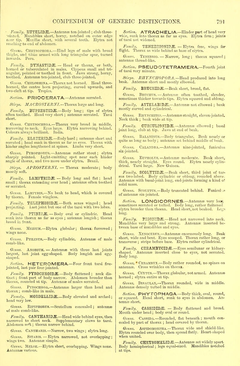 ' Family. ETJTELID^.—AntennEE ten-jointed ; club three- 'oiuted. Mandibles short, horny, notched on outer edge near tip. Maxillae short, with several teeth. Elytra not reaching to end of abdomen. Genus. Chrysophoka.—Hind legs of male with broad thighs, and tibiaa armed with long triangular spur, turned inwards. Peru. Family. DYNASTID.ffi;. — Head or thorax, or both, horned or tuberculated in males. Clj'peus small and tri- angular, pointed or toothed in front. Jaws strong, horny, toothed. Antennae ten-jointed, club three-jointed. Geiins. Cheloehina.—Thorax not horned. Head three- horned, the centre horn projecting, curved upwards, and two-cleft at tip. Tropics. Section. PRIOCERATA.—Antennae serrated. Stirps. MA C'ROS TERN I.—Thora.x large and long. Family. BUPRESTIB.5;.—Body long; tips of elytra often toothed. Head very short ; antennas serrated. Tarsi short. Germs. Chrysochroa.—Thorax very broad in middle, narrowing to neck. Eyes large. Elytra narrowing behind. Colours always brilliant. India. Family. ELATEEID.E.—Body hard ; antennae short and serrated ; head sunk in thorax as far as eyes. Thorax with hinder angles lengthened at spines. Limbs very short. Genus, Pyrophortjs.—Antennae rather stout; elytra shai'ply pointed. Light-emitting spot near each hinder angle of thorax, and two moi'e under elytra. Brazil. tHirps. APROSTERiYI. — Thorax moderate; body mostly soft. Family. LAMPYEID.a;. — Body long and flat ; head small ; thorax extending over head ; antennae often toothed or serrated. Genus. Lamptri.S.—No beak to head, which is covered by thorax. Female wingless. Family. TELEPHORIDJE.—Both sexes winged; head projecting. Last joint but one of the tarsi with two lobes. Family. PTINID.ffi:. — Body oval or cylindric. Head sunk into thorax as far as eyes ; antennae longish; thorax broad in front. Genus. Mezitjm.—Elytra globular ; thorax furrowed ; wings none. Genus. Ptiliutjs.—Body cylindric. Antennae of male comb-like. Genus. Anobium. — Antennae with three last joints largest, last joint egg-shaped. Body longish and egg- shaped. Sedion. HETEROMERA.—Four front tarsi five- jointed, last pair four-jointed. Family. PYK0CHE0ID.3:.—Body flattened ; neck dis- tinct ; front part of body narrow. Abdomen broader than thorax, rounded at tip. AntennEe of males serrated. Genus. Pyrochroa.—Antennae larger than head and thorax ; comb-like in male. Family. MOEDELLID.ffi Body elevated and arched; head very low. Genus. KipiphoruS.—Scutellum concealed ; antennae of m.ale comb-like. Family. CANTHARIDa;.—Head wide behind eyes, then narrowed to short neck. Supplementary claws to tarsi. Abdomen soft; thorax narrow behind. Genus. Caktharis.—Narrow, two wings; elytra long. Genus. Sitaris. — Elytra narrowed, not overlapping ; wings two. Antennae simple. Genus. Meloe.—El3'tra short, overlapping. Wings none. Antennae various. Sedion. ATRAC H ELI A-—Kinder part of head very wice, sunk into thorax as far as eyes. Elytra firm ; joints of tarsi not widened. Family. TENEBFJONID.S;. — Elytra free, wings for flight. Thorax as wide behind as base of elytra. Gen.vs. Tenebrio. — Narrow, long ; thorax squared ; antenn;e thread-like. Sedion. PSEUDOTETRAMERA.—Fourth joint of tarsi very minute. Slirps. RHYNCHOPORA.—Heai produced into long beak. Antennae short and mostly elbowed. Family. BEUCHIDiE.—Beak short, broad, flat. Genus. Bruchcs.—Antennae often toothed, slender, sometimes thicker towards tips. Elytra squared and oblong. Family. ATTELAEID.E.—Antennae not elbowed ; beak mostly curved and cylindrical. Genus. Rhynchites.—Antennae straight, eleven-jointed. Neck thick ; beak wdde at tiji. Family. CURCTTLIONIDiE.—Antennae elbowed ; basal joint long, club at tip. Jaws at end of beak. Gemis. Balanitjus.—Bodj' triangular. Beak nearly or quite as long as body; antennae set behind middle of beak. Gcntts. Calandra.—Antennae nine-jointed, funiculus six-jointed. Genus. EuPHOLIlS. —Antennas moderate. Beak short, thick, nearly straight. Eyes round. Elytra nearly cylin- drical. Tarsi large. New Guinea. Family. SCOLYTID^:.—Beak short, third joint of tar- sus two-lobed. Body cylindric or oblong, rounded above. Antennae with basal-joint long, end-joints forming a kind of solid mass. Genus. SCOLYTUS.—Body truncated behind. Funioul of antennas six-jointed. Sedion. LONGICORNES-—Antennas very lon^ sometimes serrated or tufted. Body long, rather flattened elyti'a broader than thorax. Head short, not beaked. Legs long. Family. PIIIOIIID.51.—Head not narrowed into neck. Mandibles very large and strong. Antennae inserted be- tween base of mandibles and eyes. Genus. Xenocerus.—Antennae enormously long. Beak short, wide and bent. Eyes scooped. Thorax rather long, or transverse ; stripe before base. Elytra rather cylindrical. Family. CEEAMBYCIDjE.—Eyes semilunar or kidney- shaped. Antennas inserted close to eyes, not serrated. Body long. Genus. ' Cerambyx.—Bod}' rather rounded, no spines on antennre. Cross wrinkles on thorax. Genus. CVYTXJS.—Thorax globular, not armed. Antennae homed ; elytra entire at tip. Genus. DiSAULAX.—Thorax roimded, wide in middle. Antennae densely tufted in middle. Section. PHYTOPHAGA.—Body thick, oval, round, or squai-ed. Head short, sunk to eyes in abdomen. An- tennae short. Family. CASSIDIDiE. — Body flattened and broad. Mouth under head ; body oval or round. Genus. CaSSIDA.—Rounded, flat beneath ; mouth con- cealed by part of thorax ; head covered by thorax. Genus. Aspidomorpha.—Thorax wide and shield-like. Elytra rounded over body, then spread flatly. Heart-shaped when united. Family. CHEYSOMELID.^.—Antennai set widely apai-t Body hemispherical ; legs equal-sized. Mandibles notched at tips.