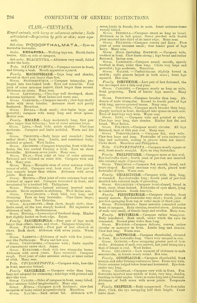 CLASS-CRUSTACEA. Ringed animals, with horny or calcareous exterior ; limbs articulated—Respiration by gills or skin; sexes sepa- rate. Sah-dasa. PODOPTHAUMATA .—Eyes on moveable footstalks. Order. DECAPODA—Walking legs ten. Mouth-limbs twelve. Gills on side of carapace. 8uh-m-der. BRACHYUllA.—Abdomen very small, folded under the body. Tribe. OXYRH YAVCfffTA .—Carapace narrow in front, and forming a beak. Jlouth apparatus squared. Famili/. MACROPODIAD.ffi. —Legs long and slender, second or third pair larger than first. Genus. StenokhtNchus. — Carapace triangidar, pro- longed into two-foiied beak. Eyes not retractile. First joint of outer antennoe narrow, third larger than second. Abdomen six joints. Many seas. Uenns. Leptopodia.—Claw-legs well developed, short. Antennoe feathered. West Indies and warm seas. (je.iMs. Camposcia.—Carapace .smooth ; claw-legs small; limbs with stout bristles. Antennae short ar.d partly feathered. Mauritius. Genus. Doclea.—Beak small ; claw-limbs large and powerful; carapace with many long and stout spines. Hotter seas. Famili/. MAIACffi.—Legs moderately long, first pair often larger than following ; base of outer antenna3 large. Gentis. LisSA.—Beak wide, notch shallow. Claw-legs moderate. Carapace and limbs noduled. Warm and hot sea.s. Gemis. Choeiitos.—Body large and rounded ; limbs rather short; beak long. Limbs, and sometimes body, noduled or spined. West Indies. Genus. Arctopsis.—Carapace triangular, front with four horns, the two central forming a beak. Eyes on short footstalks. Abdomen seven joints. Many seas. Genus. IIyas.—First joint at base of outer antennas flattened and widened on outer side. Carapace wide and flat. Many se.as. Genus. Maia.—Moveable stem of outer antennae within corner of orbit. Carapace oval, beak stout. First pair of legs scarcely larger than others. Abdomen with seven joints. Most seas. Genus. Micippa.—First joint of outer antennre bent and widened at upper end. Carapace truncated in front, and terminated by a toothed bill. Philippines. Genus. Periceba.—Lateral antennte inserted under muzzle. Seven segments in abdomen. West Indian seas. Genus. Criocarcinus. — Beak bifid, very long, and diverging. Eyes on long footstalks. Claw-limbs large; carapace spinoso. New Hebrides. Genus. ACANTHONTX.—Beak shoi-t, deeply cleft; claw- limbs .small, all the toes sharply hooked. Six segments in abdomen of male. Mediterranean. Genv.i. HUENIA.-—Lower edge of forehead sharp. Hinder feet slightly keeled on front edge. Japan. Fu,m:i>j. PARTHENOPID.ffl.—First pair of legs much larger th.an others, large, and stout. Carapace triangular. Genus. Parthenope.—First pair of feet elbowed at claws. Beak short. Abdomen with seven joints. Warm seas. Oenus. Lambrtjs.—Abdomen of male with five joints ; rest like Parthenope. Warm and hot seas. Genus. Crtptopodia.—Carapace wide ; limbs capable of concealment under shell. Japan. Genus. EURYNOME.—Beak with two triangular homs. Abdomen with seven joints. Eyes retractile. Carapace rough. First joint of outer antenna ending at inner comer of orbit. Many seas. Tribe. CrCLOMETOPITA.—Ca.i!ipsice wide, bow-like in front, narrower behind. Family. CANCEKID.S. — Carapace wider than long. Legs not adapted for swimming; hind-legs with pointed and tflaw-like toes. Genas. Cancer.—Sides of carapace in front, many-lobed. Inner antenna; folded longitudinally. Many seas. Genus. Mtbha.—Carapace much flattened ; claw-feet incapable of being raised perpendicularly. Mauritius. Gtnvs. Xantho.-—Back rather flat. Abdomen wit^i .seven joints in female, five in male. Inner antennae trans- versely folded. Oenus. Perimela.—Carapace about as long as broad. AVidomen as in last genus. Outer jaw-feet with fourth joint inserted into third of its inner edge. Manj' seas. Genns, PlLtJJlNDS.—Carapace convex and hairy. First joint of oiiter antennae small; four hinder pairs of leg.s hairy. Many seas. Genus .iEoLE (including ZozYMns). — Carapace wide, toothed in front. Claw-limbs strong ; legs broad and rather flattened. Indian seas. Genus. Cabpilius.—Carapace round, smooth, sparely tootljed in front, wider than long. Claws very large anil powerful; legs moderate. Mauritius. Genus. Galenb. — Cephalothorax slightly bowed in middle; right pincers largest in both sexes ; front legs squared. Hot seas. Family. POKTUNID.®.-Last pair of feet flattened, the toe developed into a thin oval plate. Genus. Carcinds.—Carapace nearly as long as wide, front projecting. Tarsi of hinder legs narrow. Many seas. Genus. PORTUNU.S.—Carapace broader than long. Ab- domen of male triangular. Second to fourth pairs of legs with long, narrow-grooved tarsus. Many seas. Genus. Neptunus.—Carapace much broader than long, sharply toothed in front, developed into spines on each side. Tarsi of hind-legs veiy wide. Warm seas. Genus. LuPA. — Carapace wide and pointed at sides. Claw-legs very long, claw slender. Hinder feet flat and broad. West Indies. Genus. Polybids.—Carapace nearly circular. All legs flattened, tarsi of fifth pair oval. Many seas. Genus. Podopthalmus. — Carapace flat, very wide. Claw-feet large and long. Footstalks of eyes enormously long and moveable, resting in groove when not raised. Claws short. Mauritius and Philippines. Tribe. CA TOME TOP IT A. —Carapace nearly square or oval, front nearly straight. Eyes on long footstalks. Family. THELPHUSID.ai!.—Carapace more or less oval. Eye-footstalks short; fourth joint of jaw-feet not inserted into external angle c f preceding. Genus. Thelphdsa.—Carapace flat, smooth, bi'oad, and heart-shaped External antennas very short, placed near footstalks of eyes. Warm seas. Family. GECARCINID.ffi.—Carapace wide, thin, long, or rounded. Eye-footstalks long ; fourth joint of jaw-feet inserted into external angle of preceding. Genus. GECARcrans.—Carapace heart-shaped, broad in front, stout, blunt behind. Footstalks of eyes short, lying in rounded furrows. South America. Fo,m.ily. PINNOTHEIlID.aE.—Carapace circular, front mostly narrow. Eye-footstalks very short ; fourth joint of jaw-feet springing from top or outer angle of third joint. Genus. Pinnotheres.- Inner antennis concealed under front of carapace. Body circular, rounded above. Abdomen of male very small, of female large and swollen. Many seas. Family. MYCTIKICai.—Carapace rather triangular. Body lameUated. Beak small, under which the eyes lie concealed. Sternal plate wider than long. Genus. Myctiris.—Carapace delicate, convex, rather circular or narrower in front. Limbs long and slender. Claw-feet long. Warm seas. Family. 0CYP0DID.S1.—Carapace rhomboidal, elevated in front. Eye-footstalks long. Claws very unequal in size. Genus. Ocypode.—Eyes occupying greater part of foot- stalks. Abdomen of male very narrow, last joint triangular; that of female is oval. West Indies. Genus. GELASIM0S.—Last segment of abdomen in male semicircular, in female nearly round. Hot seas. Family. GONOPLACID.*!.—Carapace rhomboidal, front margin and sides forming continuous lines. Front very wide. Outer antennas lodged below front and horizontal. Eye-foot- stalks very long. Genus. GonOPLAX.—Carapace very wide in front. Fye- footstalks inserted near middle of front, very long, slender, reaching to front angles. Claws in males long and cylindrical. Abdomen ,of both sexes with seven joints. Temperate seas. Family. GEAPSIU.S!.—Body compressed. I^ye-footstalka short, thick, the eye occupying half their length. Front lirobs short.