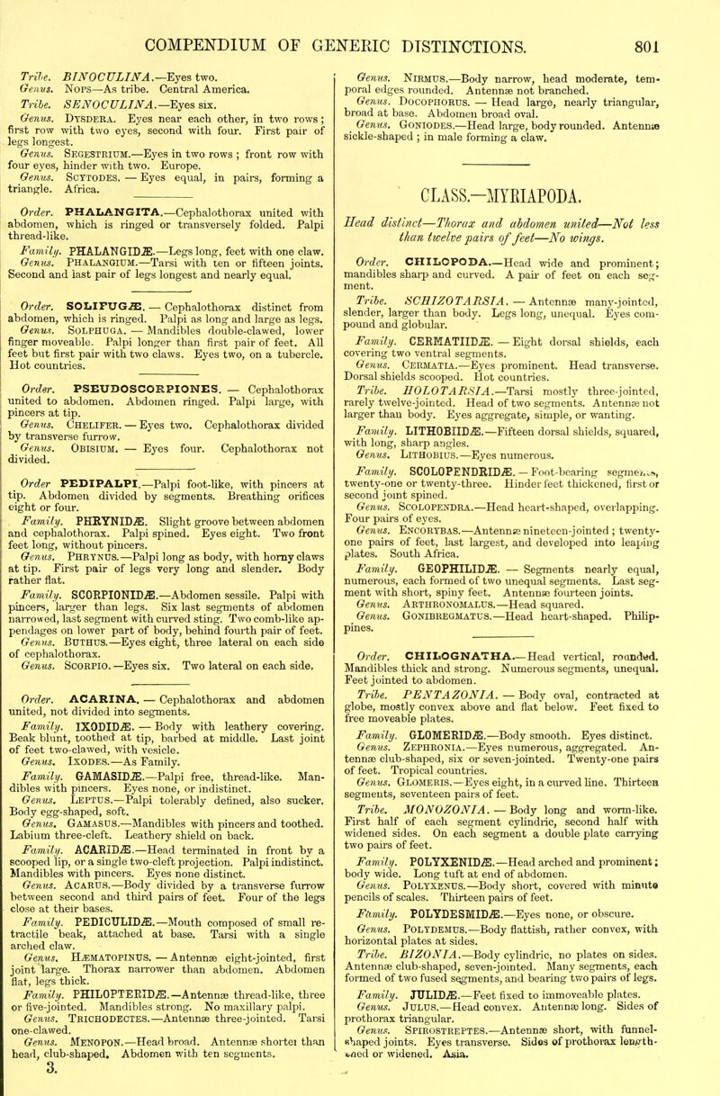 Trihe. BfNOCULmA.—Eyes two. Geaus. NoPS—As tribe. Central America. THhe. SENOCULINA.—Eyes six. Genus. Dtsdera. Eyes near each other, in two rows; first row with two eyes, second with four. First pair of legs longest. Genus. Segestkium.—Eyes in two rows ; front row with four eyes, hinder with two. Europe. Genus. Scttodes. — Eyes equal, in pairs, forming a triangle. Africa. Order. PHALANGITA.—Cephalothorax united with abdomen, which is ringed or transversely folded. Palpi thread-like. Familt/. PHALANGID.ffi.—Legs long, feet with one claw. Genus. Phalahgium.—Tarsi with ten or fifteen joints. Second and last pair of legs longest and nearly equal. Order. SOLIFUCffi. — Cephalothorax distinct from abdomen, which is ringed. Palpi as long and large as legs. Genus. SOLPHUGA. — Mandibles double-clawed, lower finger moveable. P.ilpi longer than first pair of feet. All feet but first pair with two claws. Eyes two, on a tubercle. Hot countries. Order. PSEUDOSCORPIONES. — Cephalothorax united to abdomen. Abdomen ringed. Palpi large, with pincers at tip. Genus. Chelifer. — Eyes two. Cephalothorax divided by transverse furrow. Genus. Obisium. — Eyes four. Cephalothorax not divided. _ Order PEDI PALPI.—Palpi foot-like, with pincers at tip. Abdomen divided by segments. Breathing orifices ! eight or four. Family. PHIIYNID.S!. Slight groove between abdomen and cephalothorax. Palpi spined. Eyes eight. Two front feet long, without pincers. Genus. Phrtnds.—Palpi long as body, with homy claws at tip. First pair of legs very long and slender. Body rather flat. Family. SCORPIONID.ffl.—Abdomen sessile. Palpi with pincers, larger than legs. Six last segments of abdomen narrowed, last segment with curved sting. Two comb-like ap- pendages on lower part of body, behind fourth pair of feet. Genus. BUTHUS.—Eyes eight, three lateral on each side of cephalothorax. Genus. SCORPIO. —Eyes six. Two lateral on each side. Order. ACARINA. — Cephalothorax and abdomen united, not divided into segments. Family. IXODID.S!. — Body with leathery covering. Beak blunt, toothed at tip, barbed at middle. Last joint of feet two-clawed, with vesicle. Genus. Ixodes.—As Family. Family. GAMASID.a:.—Palpi free, thread-like. Man- dibles with pincers. Eyes none, or indistinct. Genus, Leptds.—Palpi tolerably defined, also sucker. Body egg-shaped, soft. Genus. Gamasus.—Mandibles with pincers and toothed. Labium three-cleft. Leathery shield on back. Family. ACARID.ffi.—Head terminated in front by a scooped lip, or a single two-cleft projection. Palpi indistinct. Mandibles with pincers. Eyes none distinct. Genus. ACARUS.—Body divided by a transverse furrow between second and third pairs of feet. Four of the legs close at their bases. Family. PEDICULID.ffi.—Mouth composed of small re- tractile beak, attached at base. Tarsi with a single arched claw. Genus. H.EMAT0PINUS.—Antennae eight-jointed, first joint large. Thorax narrower than abdomen. Abdomen flat, legs thick. Family. PHILOPTERID.®.—Antennae thread-like, three or five-jointed. Mandibles strong. No maxillary palpi. Genus. Trichodectes.—Antennae three-jointed. Tarsi one-clawed. Genus. MenOPON.—Head broad. Antcnnse shortei than head, club-shaped. Abdomen with ten segments. 3. Genm. Nirmus.—Body narrow, head moderate, tem- poral edges rounded. Antennae not branched. Genus. Docophorus. — Head large, nearly triangular, broad at base. Abdomen broad oval. Gemts. GoNlODES.—Head large, body rounded. Antennas sickle-shaped ; in male forming a claw. CLASS.-ilYEIAPODA. Uead distinct—Thorax and abdomen united—Not less than twelve pairs of feet—No wings. Order. CHILOPODA—Head wide and prominent; mandibles sharp and curved. A pail' of feet on each seg- ment. Trihe. iiCHIZOTARSIA. — Antenna} many-jointed, slender, larger than body. Legs long, unequal. Eyes com- pound and globular. Family. CERMATIIDJE. — Eight dorsal shields, each covering two ventral segments. Genus. Cermatia.—Eyes prominent. Head transverse. Dorsal shields scooped. Hot countries. Tribe. IIOLOTAB.STA.—T!irsi mostly three-jointed, rarely twelve-jointed. Head of two segments. Antennas not larger than body. Eyes aggregate, simple, or wanting. Family. LITHOBIIDiE.—Fifteen dorsal shields, squared, with long, sharp angles. Genus. Lithobius.—Eyes numerous. Family. SCOLOPENDRID^. — Foot-bearing segmei..*, twenty-one or twenty-three. Hinder feet thickened, first or second joint spined. Genus. Scolopendra.—Head heart-shaped, overlapping. Four pairs of eyes. Genus. EncortbaS.—Antennre nineteen-jointed ; twenty- one pairs of feet, last largest, and developed into leaping plates. South Africa. Family. GE0PHILID.5!. — Segments nearly equal, numerous, each formed of two unequal segments. Last seg- ment with short, spiny feet. Antennae fourteen joints. Genus. Arthronomaltjs.—Head squared. Genus. Gonibreqmatds.—Head heart-shaped. Philip- pines. Order. CHILOGNATHA—Head vertical, roand«d. Mandibles thick and strong. Numerous segments, unequal. Feet jointed to abdomen. Tribe. PFNTAZONIA. — Body oval, contracted at globe, mostly convex above and flat below. Feet fixed to free moveable plates. Family. GLOMEEID.ffl.—Body smooth. Eyes distinct. Genus. Zephronia.—Eyes numerous, aggregated. An- tennae club-shaped, six or seven-jointed. Twenty-one pairs of feet. Tropical countries. Gemis. Glomeris.—Eyes eight, in a curved Une. Thirteen segments, seventeen pairs of feet. Tribe. MONOTONIA.—Body long and worm-like. First half of each segment cylindric, second half with widened sides. On each segment a double plate carrying two pairs of feet. Family. P0LYXENID.5!. —Head arched and prominent; body wide. Long tuft at end of abdomen. Genus. Polyxenus.—Body short, covered with miniito pencils of scales. Thirteen pairs of feet. Family. POLyDESMID.ffi.—Eyes none, or obscure. Genus. Poltdemus.—Body flattish, rather convex, with horizontal plates at sides. Tribe. BIZONIA.—Body cylindric, no plates on sides. Antenna club-shaped, seven-jomted. Many segments, each formed of two fused segments, and bearing two pairs of legs. Family. JXHIDM.—Feet fixed to immoveable plates. Genus. Jtjlus.—Head convex. Antennae long. Sides of prothorax triangular. Genus. Spirostreptes.—Antennae short, with funnel- shaped joints. Eyes transverse. Sides of prothorax len^th- «.nod or widened. Asia.