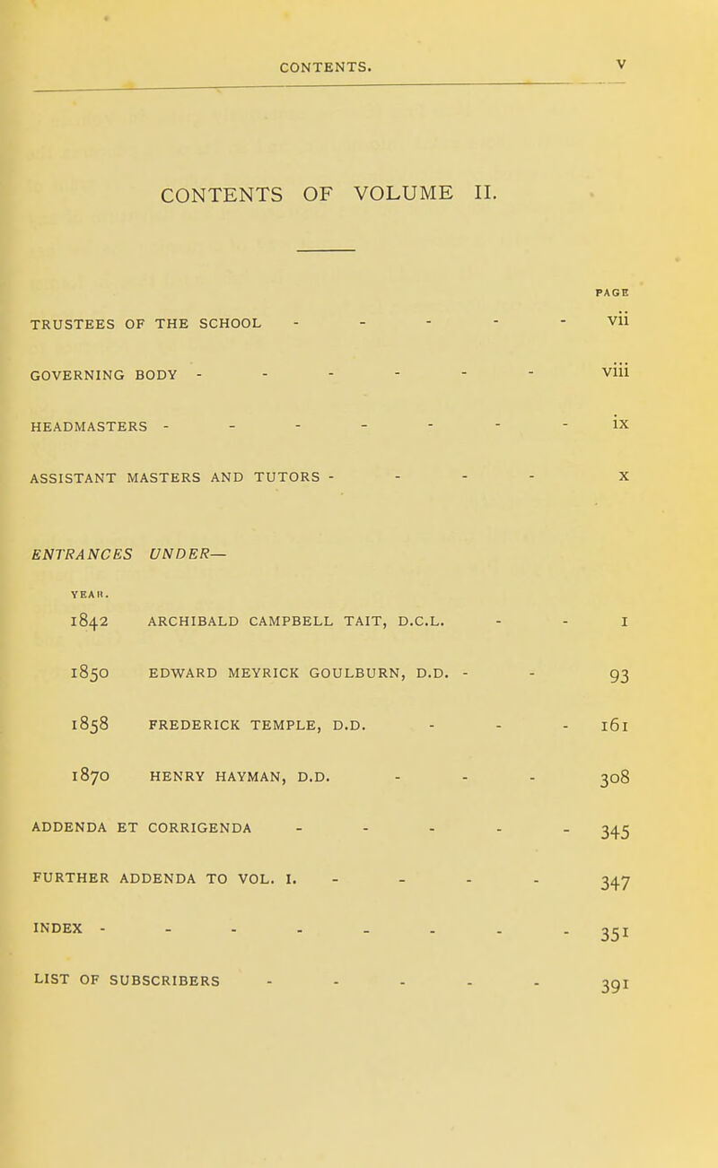 CONTENTS. CONTENTS OF VOLUME TRUSTEES OF THE SCHOOL GOVERNING BODY - - - - HEADMASTERS - - - - - ASSISTANT MASTERS AND TUTORS - ENTRANCES UNDER— VEAM. 1842 ARCHIBALD CAMPBELL TAIT, D.C.L. 1850 EDWARD MEYRICK GOULBURN, D.D. 1858 FREDERICK TEMPLE, D.D. 1870 HENRY HAYMAN, D.D. ADDENDA ET CORRIGENDA ... FURTHER ADDENDA TO VOL. I. - INDEX LIST OF SUBSCRIBERS