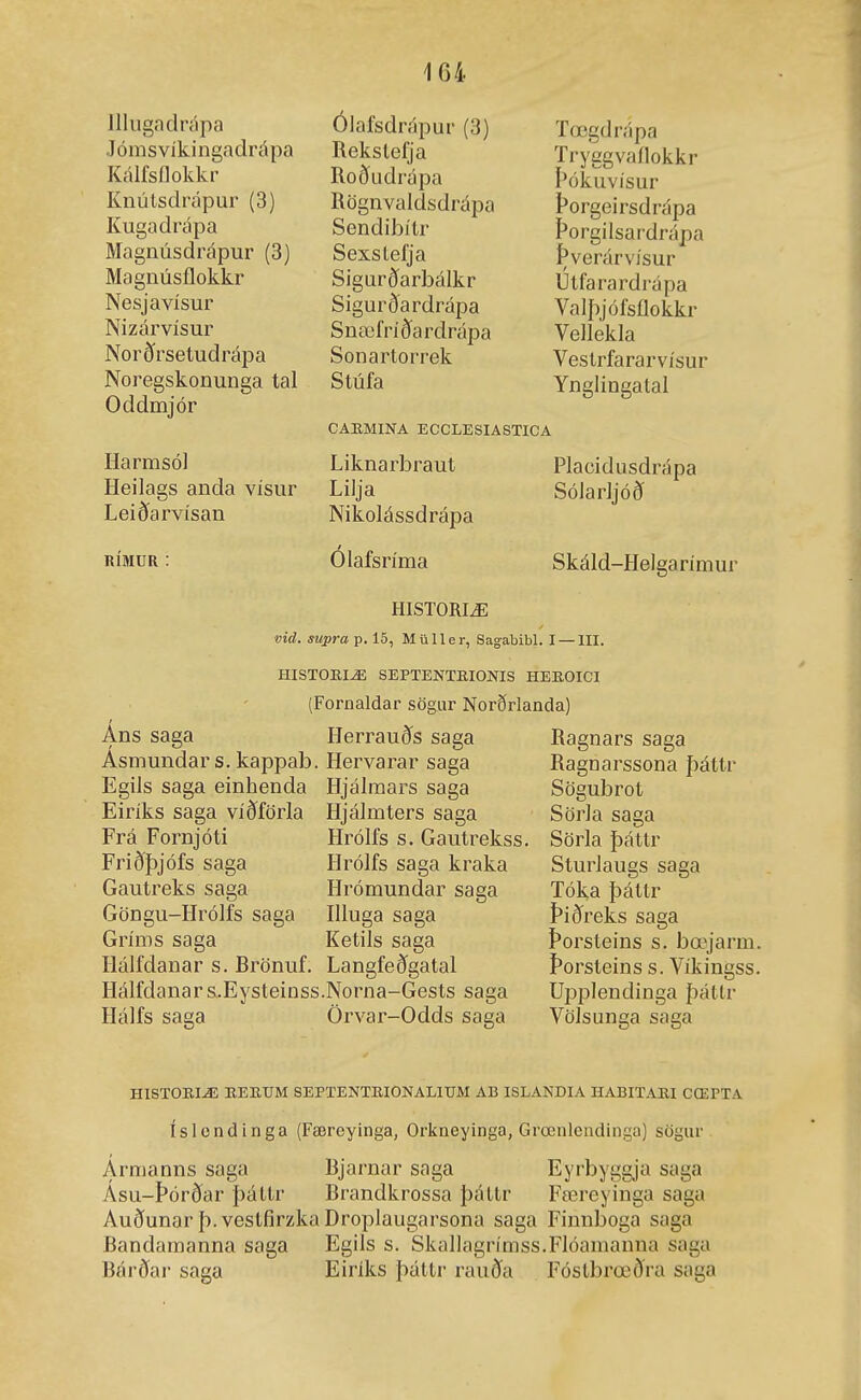 llliigaclrápa Jómsvíkingadrápa Kálfsflokkr Knútsdrápur (3) Kugadrápa Magnúsdrápur (3) Magnúsflokkr Nesjavísur Nizárvísur Norðrsetudrápa Noregskonunga tal Oddmjór Harmsó] Heilags anda vísur Leiðarvísan RIMUR : Ólafsdrápur (3) Rekstefja Roðudrápa Rögnvaldsdrápa Sendibílr Sexstefja Sigurcíarbálkr Sigurðardrápa Snæfrícíardrápa Sonartorrek Stúfa CAEMINA ECCLESIASTICA Liknarbraut Lilja Nikolássdrápa Olafsríma Tœgdrápa Tryggvaflokkr Þókuvísur Þorgeirsdrápa í'orgilsardrápa Þverárvísur Útfarardrápa Valþjófsflokkr Vellekla Vestrfararvísur Ynglingatal Placidusdrápa Sólarljóð Skáld-Helgarimur HISTORIÆ vid. supra p. 15, Múller, Sagabibl. I- ■m. HISTORIÆ SEPTENTRIONIS HEKOICI (Fornaldar sögur Norðrlanda) Áns saga Asmundar s. kappab. Egils saga einhenda Eiríks saga víðförla Frá Fornjóti Friðþjófs saga Gautreks saga Göngu-Hrólfs saga Gríms saga Hálfdanar s. Brönuf. Hálfdanar s.Eysteinss Hálfs saga Herrauðs saga Hervarar saga Hjálmars saga Hjálmters saga Hrólfs s. Gautrekss. Hrólfs saga kraka Hrómundar saga Illuga saga Ketils saga Langfeðgatal .Norna-Gests saga Örvar-Odds saga Ragnars saga Ragnarssona þáttr Sögubrot Sörla saga Sörla þáttr Sturlaugs saga Tóka þáttr Þiðreks saga Þorsteins s. bœjarm. Þorsteins s. Víkingss. Upplendinga þáttr Völsunga saga HISTOKIÆ EEEUM SEPTENTIIIONALITTM AB ISLANDIA HABITAE.I CŒPTA íslondinga (Færeyinga, Orkneyinga, Grœnlendinga) sögur Ármanns saga Bjarnar saga Eyrbyggja saga Ásu-Þórðar þátlr Brandkrossa þáttr Fœreyinga saga Auðunar þ. vestfirzka Droplaugarsona saga Fiunboga saga Bandamanna saga Egils s. SkalIagrímss.FIóamanna saga Bárðar saga Eiriks þáttr rauða Fóstbrœðra saga