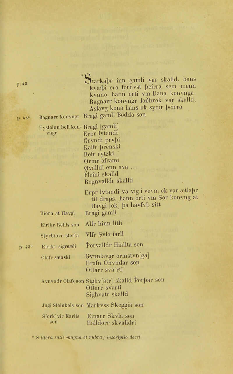 p.43 p. 43» Ragnarr konvngr 4 3'' Starkaþr inn gamli var skalld. hans kvæþi ero fornvst þeirra sem menn kvnno. hann orti vm Dana konvnga. Ragnarr konvngr loð'brok var skalld. Aslavg kona hans ok synir þeirra Bragi gamli Bodda son Eysteinn beli kon- Bragi [gamli] vngf Erpr Ivtandi Grvndi prvþi Kalfr þrenski Refr rytzki Ormr oframi (^valldi enn ava .. Fleini skalld Rognvalldr skalld Biorn at Havgi Erpr Ivtandi vá vig i vevm ok var œtlaþr til draps. hann orti vm Sor konvng at Havgi [ok] þá havfvþ sitt Bragi gamli Eirikr Refils son Alfr hinn litli Styrbiorn slerki Eirikr sigrsæli Olafr sænski Vlfr Svlo iarll Þorvalldr Hialita son Gvnnlavgr ormstvn[ga] Hrafn Onvndar son Ottarr sva[rti] Avnvndr Olafs son Sighv[atr] skalld Þorþar son Ottarr svarti Sighvatr skalld Jngi Steinkels son Markvss Skeggia son S[ork]vir Karlls Einarr Skvla son son Halldorr skvalldri * S lUera salis marjna el rubra; inscriptio deesl