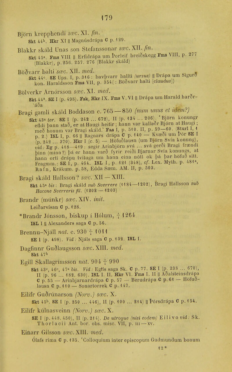 Björn krepphendi sœc. XI. fin. ■ Skt i>!>^. Hkr XI || Magnúsdrápa C p. 129. Blakkr skáld Unas son Slefanssonar sœc.XU. fin. Skt 45. Fms Vni H EiTidrápa iim Þorleif breiðskegg Fms VIII, p. 277 (Blakkr), p.256. 257. 276 (Blakkr skáld) Böðvarr balti 'sæc. XII. med. Skt 44<= SE Ups I p. 316 : bavþvarr ballti (ursus) \\ Drápa ura Sigurð kon. Haraldsson Fms VII, p. 354( : Böðvarr halti [claudus]) Bölverkr Arnórsson sœc.XI. med. Skt 44'\ SE I (p. 498). Fsk, Hkr IX. Fms V. VI || Drápa umHarald harðr- áða Bragi gamli skáld Boddason c. 765 — 8-50 (num unus et idem?) Skt 43a ter. SE I (p. 242 ... 672), II (p. 134 ... 206) ' Björn konungr efldi þann stað, er atHaugi heitir; hann var kalla-ðr Björn atHaugi; með honum var Bragi skáld.' Fas I, p. 510. II, p. 59-60. (Sturl I 1 p 2 ) ISL I, p. 66 11 Ragnars drápa C p. 140 — Kvæði uni Pór SE I (p 242 ... 370). Hkr I (c. 5) — Höfuðlausn (um Björn Svía konung), vid ■ Eg p. 418—419 : segir Arinbjörn svá ... svá gerði Bragi frændi þinn (minn?) þá er hann varð fyrir reiði Bjarnar Svía konungs, at hann orti drápu tvítuga um hann eina nólt ok þá þar höfuð sitt. Fragmm.: SE I, p. 464. ISL I, p. 121 (348), cf. Lex. Myth. p. 481», Rafn, Krákum. p. 58, Edda Sæm. AM. H, p. 503. Bragi skáld Hallsson ? sœc. XII — XIII. Skt 45» bis: Bragi skáld sub Sverrere (11 84—1202), Bragi Hallsson sub flacone Sverrerís /í/. (12 0 2 — 12 0 3) Brandr (múnkr) sœc. XIV. inií. Leiðarvísan C p. 128. *Brandr Jónsson, biskup í Ilólum, f 1264 ISL III Alexanders saga C p. 56. Brennu-Njáll nat. c. 930 f ^ 011 SE I (p. 498). Vid: Njáls saga'C p. 132. ISL I. Dagfinnr Guðlaugsson sæc. XIII. med. Skt 47b Egill Skallagnmsson nat. 904 f 990 Skt 43«=, 46«, 47 bis. Vid: Egíls saga Sk. C p.77. SE I (p. 238 ... 670), II (p. 96 ... 1 82. 630). ISL I. II. Hkr VI. Fms I. II || Aðalsteinsdrápa C p. 55 — Arinbjarnardrápa C p. 57 — Berudrápa C p. 61 — Höfuð- lausn C p. 11 0 — Sonartorrek C p. 1 47. Eilífr Gnðrúnarson (Norv.) sœc. X. Skt 45''. SE I (p. 250 ... 446), II (p. 100 ... 214) || í>órsdrápa C p.154. Eilífr kúlnasveinn (Norv.) sœc. X. SE I (p. 448. 450), II (p. 214). De ulroque (nisi eodem) Eilivo vid: Sk. Thorlacii Ant. bor. obs. misc. VII, p. ui — xv. Einarr Gilsson sœc.XWl. med. Ólafs ríma C p. 135. 'ColIoquium inter episcopum Gudmundum bonum 12 *