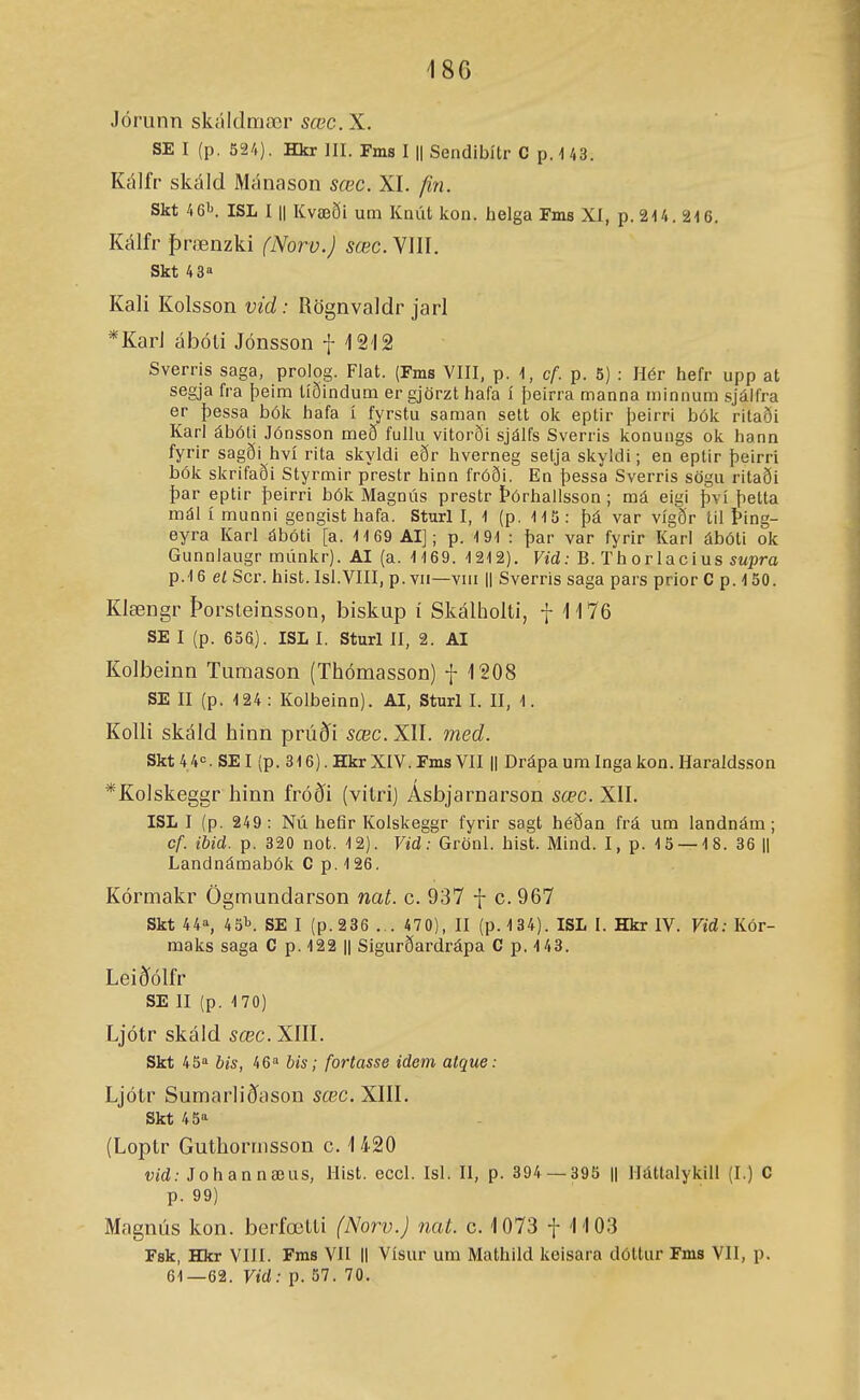 Jórunn skálclmær ííbc.X. SE I (p. 524). Hkr III. Fms I || Sendibítr C p.US. Kálfr skáld Mánason sœc. XI. fin. Skt 461^. ISL I II Kvæði um Kaút kon. helga Fms Xí, p. 214. 2-16. Kálfr þrænzki (Norv.) 5œc. VIII. Skt 43 Kali Kolsson vid: Rögnvaldr jarl *KarJ ábóli Jónsson f 1212 Sverris saga, prolog. Flat. (Fms VIII, p. \, cf. p. 5) : Hér hefr upp at segja fra þeira tíðindum er gjörzt hafa í þeirra manna minnum sjáifra er þessa bók hafa í fyrstu saman sett ok eplir þeirri bók ritaði Kari ábóli Jónsson með fullu vitorði sjálfs Sverris konungs ok hann fyrir sagði hví rita skyldi eðr hverneg selja skyldi; en eptir þeirri bók skrifaði Styrmir prestr hinn fróði. En þessa Sverris sögu ritaði þar eptir þeirri bók Magnús prestr Þórhalisson; má eigi því þetta mál í munni gengist hafa. Sturl I, 1 (p. -110 : þá var vígðr lil Ping- eyra Karl ábóti [a. 1U9 AI]; p. 191 : þar var fyrir Karl ábóti ok Gunnlaugr múnkr). AI (a. 1169. 1212). Ftó; B. Th or lacius swpra p.16 et Scr. hist. Isl.VIII, p. vii—vni || Sverris saga pars prior C p. 150. Klængr Þorsteinsson, biskup í Skálholti, -{-1176 SE I (p. 656). ISL I. Sturl II, 2. AI Kolbeinn Tumason (Thómasson) f 1208 SE II (p. 124 : Kolbeinn). AI, Sturl I. II, 1. KoIIi skáld hinn prúði sæc. XII. med. Skt^^^. SEI (p. 316).HkrXIV.FmsVII || Drápaum Inga kon. Haraldsson *Kolskeggr hinn fróði (vilri) Asbjarnarson sœc. XII. ISL I (p. 249 : Nú hefir Kolskeggr fyrir sagt héðan frá um landnám; cf. ibid. p. 320 not. 12). Vid: Grönl. hist. Mind. I, p. 15 — 18. 36 |1 Landnámabók C p. 126. Kórmakr Ögmundarson nat. c. 937 f c. 967 Skt 44^ 43l>. SE I (p.236 ... 470), II (p. 134). ISL I. Hkr IV. Vid: Kór- maks saga C p. 122 || Sigurðardrápa C p. 143. Leiðólfr SE II (p. 170) Ljótr skáld sœc. XIII. Skt 45a his, 46 bis; fortasse idem atque: Ljótr Sumarliðason sœc. XIII. Skt 45 (Loptr Guthormsson c. 1420 vid: Johannæus, Hist, eccl. Isl. II, p. 394 — 395 || Háttalykill (I.) C p. 99) Magnús kon. berfœtti (Norv.J nat. c. 1073 f 1103 Fsk, Hkr VIÍI. Fms VII || Vísur um Mathild keisara dóttur Fms VII, p. 61—62. Vid: p. 57. 70.
