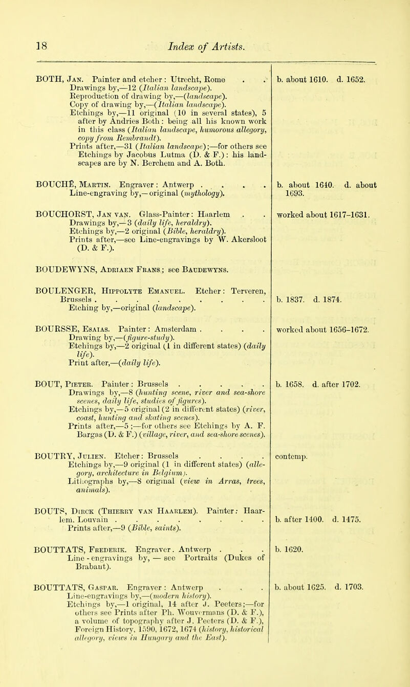 BOTH, Jan. Painter and etcher : Utrecht, Rome . . b. about 1610. d. 1652. Drawings by,—12 {Italian landscape). Eeproduction of drawing by,—(Jaruhcape). Copy of diawiug by,—(Italian landscape). Etchings by,—11 original (10 in several states), 5 after by Andries Botli: being all his known work in tliis class (Italian landscape, humorous allegory, copy from Remhrandt). Prints after,—31 {Italian landscape);—for others see Etchings by Jacobus Lutma (D. & F.) : his land- scapes are by N. Berchem and A. Both. BOUCHE, Martin. Engraver: Antwerp . . . . b. about 1610. d. about Line-engraving by,—original {mythology), 1693. BOUCHOEST, Jan VAN. Glass-Painter: Haarlem . . worked about 1617-1631, Drawings by,— 3 {daily life, heraldry). Etchings by,—2 original {Bible, heraldry). Prints after,—see Line-engravings by VV. Akersloot (D. & F.). BOUDEWYNS, Adriaen Frans ; see Baudewtns. B0ULEN6ER, Hippolyte Emanuel. Etcher: Terveren, Brussels ......... Etching by,—original {landscape). BOURSSE, EsAiAS. Painter : Amsterdam .... Drawing by,—( figure-study). Etchings by,—2 original {I in different states) {daily life). Print after,—{daily life). BOUT, PiETEK. Painter : Brussels ..... Drawings by,—8 {hunting scene, river and sea-shore scenes, daily life, studies of figures). Etchings by,—5 original (2 in different states) {river, coast, liuiding and skating scenes). Prints after,—5 ;—fur others see Etchings by A. F. Bargas (D. & F.) {village, river, and sea-shore scenes). BOUTRY, JuLiEN. Etcher: Brussels .... Etchings by,—9 original (1 in different states) {alle- gory, architecture in Belgium). Lithographs by,—8 original {view in Arras, trees, animals). Painter; Haar- BOUTP, DiRCK (Thierry van Haarlem). leni, Louvaiu .... Prints after,—9 {Bihle, saints). BOUTTATS, Frederik. Engraver. Antwerp . Line-engravings by, — see Portraits (Dukes of Brabant). BOUTTATS, Gaspar. Engraver : Antwerp Line-engravings by,—{modern history). Etchings by,—1 original, 14 after J. Peeters;—for otliei.s see Prints after Ph. Wouvi rnians (D. & F.), a volume of topograpliv after J. Peeters (D. & F.), Foreign History, 1590, 1072, 1074 {history, historical allegory, cieirs in Hungary and the East). b. 1837. d. 1874. worked about 1656-1672. b. 1658. d, after 1702. contemp. b. after 1400. d. 1475. b. 1020. b. about 1G25. d. 1703.