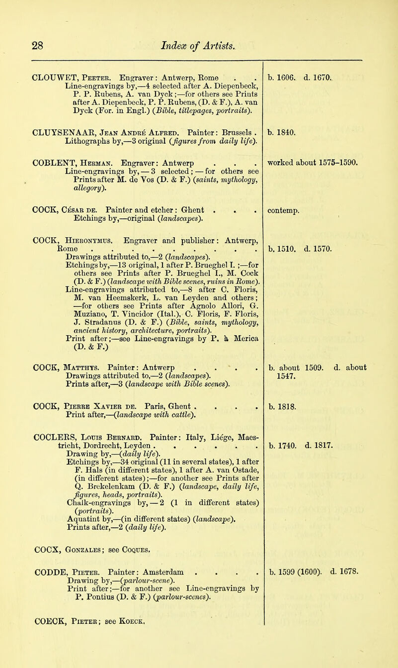 CLOUWET, Peeteb. Engraver : Antwerp, Eome Line-engravings by,—-4 selected after A. Diepenbeck, P. P. Rubens, A. van Dyck;—for otbers see Prints after A. Diepenbeck, P. P. Rubens, (D. & F.), A. van Dyck (For. in Engl.) {Bible, titlepages, portraits). CLUYSENAAR, Jean Andre Alfred. Painter: Brussels . Lithographs by,—3 original (figures from daily life). COBLENT, Herman. Engraver: Antwerp Line-engravings by, — 3 selected; — for otbers see Prints after M. de Vos (D. & F.) (saints, mythology, allegory). COCK, Cesar de. Painter and etcher : Ghent . . Etchings by,—original (landscapes). COCK, Hieeontmus. Engraver and publisher: Antwerp, Eome ......... Drawings attributed to,—2 (landscapes). Etchings by,—13 original, 1 after P. Brueghel L ;—for others see Prints after P. Brueghel I., M. Cock (D. & F.) (landscape with Bible scenes, ruins in Borne). Line-engravings attributed to,—8 after C. Floris, M. van Heemskerk, L. van Leyden and others; —for others see Prints after Agnolo Allori, G. Muziano, T. Vincidor (Itab), C. Floris, F. Floris, J. Stradanus (D. & F.) (Bible, saints, mythology, ancient history, architecture, portraits). Print after;—see Line-engravings by P. h, Merica (D. & F.) COCK, Matthts. Painter: Antwerp . . * . Drawings attributed to,—2 (landscapes). Prints after,—3 (landscape with Bible scenes). COCK, Pierre Xavier de. Paris, Ghent . . . . Print after,—(landscape with cattle). COOLERS, Louis Bernard. Painter: Italy, Lie'ge, Maes- tricht, Dordrecht, Leyden ...... Drawing by,—(daily life). Etchings by,—34 original (11 in several states), 1 after F. Hals (in different states), 1 after A. van Ostade, (in different states);—for another see Prints after Q. Brekelenkam (D. & F.) (landscape, daily life, figures, heads, portraits). Chalk-engravings by, — 2 (1 in different states) (portraits). Aquatint by,—(in different states) (landscape). Prints after,—2 (daily life). COCX, Gonzales ; see Coqdes. CODDE, PiETER. Painter: Amsterdam . . . . Drawing by,—(parlour-scene). Print after;—for another see Line-engravings by P. Pontius (D. & F.) (parlour-scenes). b. 1606. d. 1670. b. 1840. worked about 1575-1590. contemp. b. 1510. d. 1570. b. about 1509. 1547. b. 1818. b. 1740. d. 1817. d. about b. 1599 (1600). d. 1678. COECK, PiETEE; see Koeck,