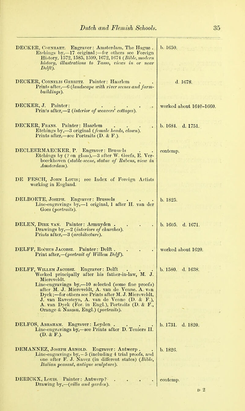 DECKEE, CoENRAET. Engraver: Amsterdam, Tlie Hague . Etfliiiiga by,—17 original;—for others see Foreign History, 1572,1585,1599,1672,1G74 (Bihle,modcrn history, illustrations to Tasso, views in or near Delft). DECKER, CoRNEUS Gehbitz. Painter: Haarlem Prints after,—G (Jandsca'pe loith river scenes and farm- huildings). DECKER, J. Painter: Prinfs after,—2 (interior of weavers' cottages). DECKEE, Frans. Painter: Haarlem Etchings by,—3 original {female heads, clown). Prints after,—see Portraits (D. & F.). DECLEERMAECKER, P. Engraver : Brussi Is Etchings by (? on glass),—3 after W. Geefs, E. Ver- boeoklioven (stable-scene, statue of Rubens, view in Amsterdam). DE FESCH, John Louis; working ia England. see Index of Foreign Artists DELBOETB, Joseph. Engiaver: Brussels Line-engravings by,—1 original, 1 after H. van der Goes (portraits). DELEN, Dirk van. Painter: Armuyden . Drawings by,—2 (interiors of churches). Prints after,—3 (architecture). DELFF, EocHus Jacobsz. Painter: Delft . Print after,—(■portrait of Willem Delff). DELFF, Willem Jacobsz. Engraver: Delft Worked principally after his fatlier-in-law, M. J. Miereveldt. Line-engravings by,—10 selected (some fine proofs) after M. J. Miereveldt, A. van de Vcnne, A. van Dyck;—for others see Prints after M. J. Miereveldt, J. van Eavesteyn, A. van de Venne (D. & F.), A. van Dyck (For. in Engl.), Portraits (D. & F., Orange & Nassau, Engl.) (portraits). DELFOS, Abraham. Engraver: Leyden .... Line-engravings by,—see Prints after D. Teniers II. (D. & F.). DEMANNEZ, Joseph Arnold. Engraver: Antwerp . Line-engravings by, —5 (including 4 trial proofs, and one after F. J. Navez (in different states) (Bible, Italian peasant, antique sculpture). DERICKX, Louis. Painter: Antwerp? Drawing by,—(villa and garden). b. 1G50. d. 1G78. worked about 1G40-1GGO. b. IG84. d. 1751. contcmp. b. 1825. b. 1G05. d. 1G71. worked about 1G20. b. 1580. d. 1G38. b. 1731. d. 1820. b. 1826. eontemp. D 2