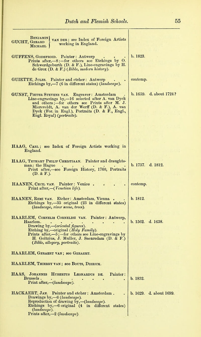 r^rintm VAN DEB; see Index of Foreign Artists '^''^'''^'S^J working in England. GrUFFENS, GoDEFROiD. Painter : Antwerp Prints after,—8;—for others see Etchings by O. Schwerdgeburth (D. & F.), Line-engravinga by H. de Grox (D. & F.) {Bible, modern history). GUIETTE, Jules. Painter and etcher: Antwerp Etchings by,—7 (6 in different states) (landscape'). GUNST, PiETER Stevens van. Engraver: Amsterdam Line-engravings by,—16 selected after A. van Dyck and others;—for others see Prints after M. J. Miereveldt, A. van der Werff (D. & F.), A. van Dyck (For. in Engl.), Portraits (D. & F., Engl., Engl. Royal) (portraits). HAAG, Carl ; see Index of Foreign Artists working in England. HAAG, Tethart Philip Christiaan. Painter and draughts- man; the Hague ....... Print after,—see Foreign History, 1760, Portraits (D. & F.). HAANEN, Cecil van. Painter: Venice .... Print after,—(Venetian life). HAANEN, Remi van. Etcher: Amsterdam, Vienna . Etchings by,—35 original (23 in different states) (landscape, river scene, trees). HAARLEM, Coknelis Cornelisz van. Painter: Antwerp, Haarlem. ........ Drawing by,—(oriental figures). Etching by,—original (Holy Family). Prints after,—5;—for others see Line-engravings by H. Goltzius, J. Muller, J. Saenredam (D. & F.) (Bible, allegory, portraits). HAARLEM, Geraert van ; see Geraeet. HAARLEM, Thierry van ; see Bouts, Dierick. HAAS, Johannes Hubertcs Leonaedus db. Brussels ....... Print after,—(landscape). Painter: HACKAERT, Jan. Painter and etcher : Amsterdam . Drawings by,—6 (landscape). Reproduction of drawing by,—(landscape). Etchings by,—6 original (4 in diiierent states) (landscape). Prints after,—2 (landscape). b. 1823. con temp. b. 1659. d. about 1724? b. 1737. d. 1812. contemp. b. 1812. b. 1562. d. 1638. b. 1832. b. 1629. d. about 1699.