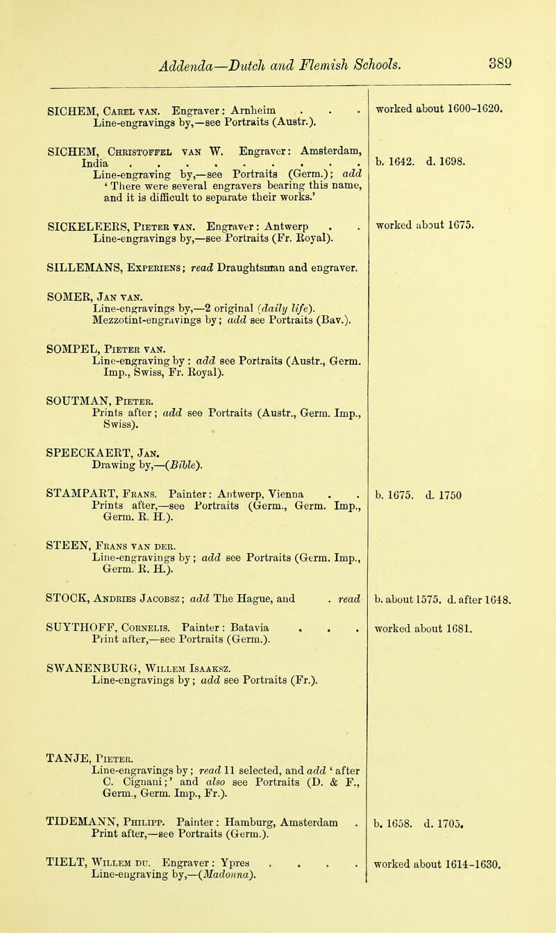 SICHEM, Caeel van. Engraver: Arnlieim Line-engravinga by,—see Portraits (Austr.). SICHEM, Christoffel van W. Engraver: AmBterdam, India ......... Line-engraving by,—see Portraits (Germ.); add ' There were several engravers bearing this name, and it is difficult to separate their works.' SICKELEEES, Pieter van. Engraver: Antwerp Line-engravings by,—see Portraits (Fr. Koyal). SILLEMANS, Experiens ; read Draughtsman and engraver. SOMEB, Jan van. Line-engravings by,—2 original (daily life). Mezzotint-engravings by; add see Portraits (Bav.). SOMPEL, Pieter van. Line-engraving by : add see Portraits (Austr., Germ. Imp., Swiss, Pr. Eoyal). SOUTMAN, Pieter. Prints after; add see Portraits (Austr., Germ. Imp., Swiss). SPEECKAEET, Jan. Drawing by,—(JBihle). STAMPAET, Frans. Painter: Antwerp, Vienna Prints after,—see Portraits (Germ., Germ. Imp., Germ. E. H.). STEEN, Frans van der. Line-engravings by; add see Portraits (Germ. Imp., Germ. E. H.). STOCK, Andeies Jacobsz ; add The Hague, and . read SUYTHOFF, CORNELIS. Painter : Batavia Print after,—see Portraits (Germ.). SWANENBUEG, Willem Isaaksz. Line-engravings by; add see Portraits (Fr.). TANJE, Pieter. Line-engravings by; read 11 selected, and add ' after 0. Cignaui;' and also see Portraits (D. & F., Germ., Germ. Imp., Fr.). TIDEMANN, Philipp. Painter : Hamburg, Amsterdam Print after,—see Portraits (Germ.). TIELT, Willem du. Engraver: Ypres .... Line-engraving by,—(^Madonna). worked about 1600-1620. b. 1642. d. 1698. worked about 1G75. b. 1675. d. 1750 b. about 1575. d. after 1648. worked about 1G81. b. 1658. d. 1705. worked about 1614-1630.