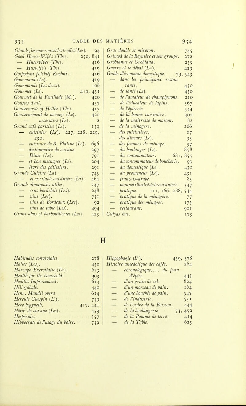 Glands, les marrons et les truffes {Les). 94 Good Hoiise-Wife's {The). 250, 841 — Hitservives {The). 416 — Hiiswife's [The). 416 Gospodyni polskiéj Kuchni. 416 Gourmand (Le). 419 Gourmands (Les deux). 108 Gourmet (Le). 419, 431 Gourmet de la Feuillade (M.). 420 Gousses d'ail. 437 Gouvernayh of Helthe (The). 417 Gouvernement de ménage (Le). 420 — nécessaire (Le). 2 Grand café parisien (Le). 139 — cuisinier (Le). 227, 228, 229, 230. — cuisinier de B. Platine (Le). 696 — dictionnaire de cuisine. 297 — Dîner (Le). 791 — et bon mesnager (Le). 204 —• livre des pâtissiers. 291 Grande Cuisine (La). 745 — et véritable cuisinière (La). 464 G7-ands almanachs utiles. 347 — crus bordelais (Les). 248 — vins (Les). 731 — vins de Bordeaux (Les). 92 —• vins de table (Les). 494 G7ans abus et barbouilleries (I^s). 423 Habitudes conviviales. 278 Halles (Les). 436 Harengo Exercitatio (De). 623 Health for the household. 903 Healths Improvement. 613 Héliogabale. 440 Henr. Mundii opéra. 614 Hercule Guespin (L'). 759 Here begyneth. 417, 441 Héros de cuisine (Les). 459 Hespérides. 357 Hippocrate de l'usage du boire. 739 Gras double et miroton. 745 Grimod de la Reynière et son groupe. 272 Grobianiis et Gi-obiana. 255 Guerre et le débat (La). 429 Guide d'économie domestique. 79, 543 — dans les principaux restau- rants. 430 — de santé (Le). 430 —• de Vamateur de champignons. 210 — de Vèducateiir de lapins. 567 — de l'épicerie. 544 — de la bonne cuisinière. 302 — de la maîtresse de maison. 82 — de la ménagère. 266 — des cuisinières. 67 — des dîneurs (Le). 93 — des femmes de ménage. 97 — du boulanger (Le). 858 — du consommateur. 681,855 — du consommateur de boucherie. 9 3 — du domestique (Le]. 4.30 — du promeneur (Le). 431 — jrançais-arabe. 85 — manuel illustrédelacuisinière. 347 — pratique. m, 166, 288, 544 — pratique de la ménagère. 77 —• pratique des ménages. 173 — restaurant. 901 Gulyas hus. 173 Hippophagie [L'). 439, 578 Histoire anecdotique des cafés. 264 — chronologique du pain d'épice. 443 — d'un grain de sel. 864 — d'un morceau de pain. 164 — d'une bouchée de pain. 545 — de l'industrie. 551 — de l'ordre de la Boisson. 444 — de la boulangerie. 73, 459 — de la Pomme de terre. 414 — de la Table. 623 H