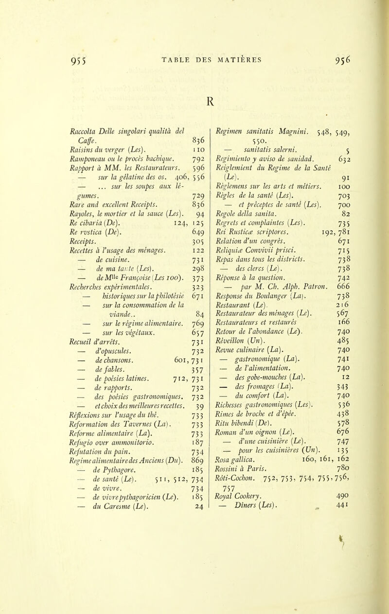 RaccoUa Délie singolari qmlità del Caffe. 836 Raisins du verger- (Les). 110 Raniponeaii ou le procès bachique. 792 Rajyport à MM. les Restaurateurs. 596 — sur la gélatine des os. 406, 556 — ... sur les soupes aux lé- gumes. 729 Rare and excellent Receipts. 836 Rayoles, le mortier et la sauce [Les). 94 Re cibaria(De). 124, 125 Re rvstica [De). 649 Receipts. 305 Recettes à l'usage des ménages. 122 — de cuisine. 731 — de ma tar.te (Les). 298 — de Mlle Françoise [Les 100). 373 Recherches expérimentales. 323 — historiques sur laphilotésie 671 — sur la consommation de la viande.. 84 — sur le régime alimentaire. 769 — sur les végétaux. 657 Recueil d'arrêts. 731 — d'opuscules. 732 — de chansons. 601,731 — de failes. 357 — de poésies latines. 712, 731 — de rapports. 732 — des poésies gastronomiques, 732 — et choix des meilleures recettes. 39 Réflexions sur l'usage du thé. 733 Reformation des Tavernes {La). 733 Reforme alimentaire (La). 733 Réfugia over ammonitorio. 187 Réfutation du pain. 734 Régime alimentaire des Anciens (Du). 869 — de Pythagore. 185 — desanté(Le). 511,512,734 — de vivre. 734 — de vivre pythagoricien {Le). 185 — du Caresme (Le). 24 R Regimen sanitatis Magnini. 548, 549, 550. — sanitatis salerni. 5 Regimiento y aviso de sanidad. 632 Reiglemient du Régime de la Santé (Le). 91 Règlemens sur les arts et métiers. 100 Règles de la santé (Les). 703 — et préceptes de santé (Les). 700 Regole délia sanita. 82 Regrets et complaintes (Les). 735 Rei Rustica scriptores. 192, 781 Relation d'un congrès. 671 Reliquia Convivii prisci. 715 Repas dans tous les districts. 738 — des clercs (Le). 738 Réponse à la question. 742 — par M. Ch. Alph. Patron. 666 Response du Boulanger (La). 738 Restaurant (Le). 216 Restaurateur des ménages (Le). 567 Restaurateurs et restaurés 166 Retour de l'abondance (Le). 740 Réveillon (Un). 485 Revue culinaire (La). 740 — gastronomique (La). 741 — de l'alimentation. 740 — des gobe-mouches (La). 12 — des fromages (La). 343 — du comfort (La). 740 Richesses gastronomiques (Les). 536 Rimes de broche et d'épêe. 438 Ritu bibendi (De). 578 Roman d'un oignon (Le). 676 — d'iine cuisinière (Le). 747 — pour les cuisinières (Un). 135 Rosagallica. 160, 161, 162 Rossini à Paris. 780 Rôti-Cochon. 752, 753, 754, 755'756, 757 /?qyaZ Cookery. 49° — Dîners (Les). ^ 441