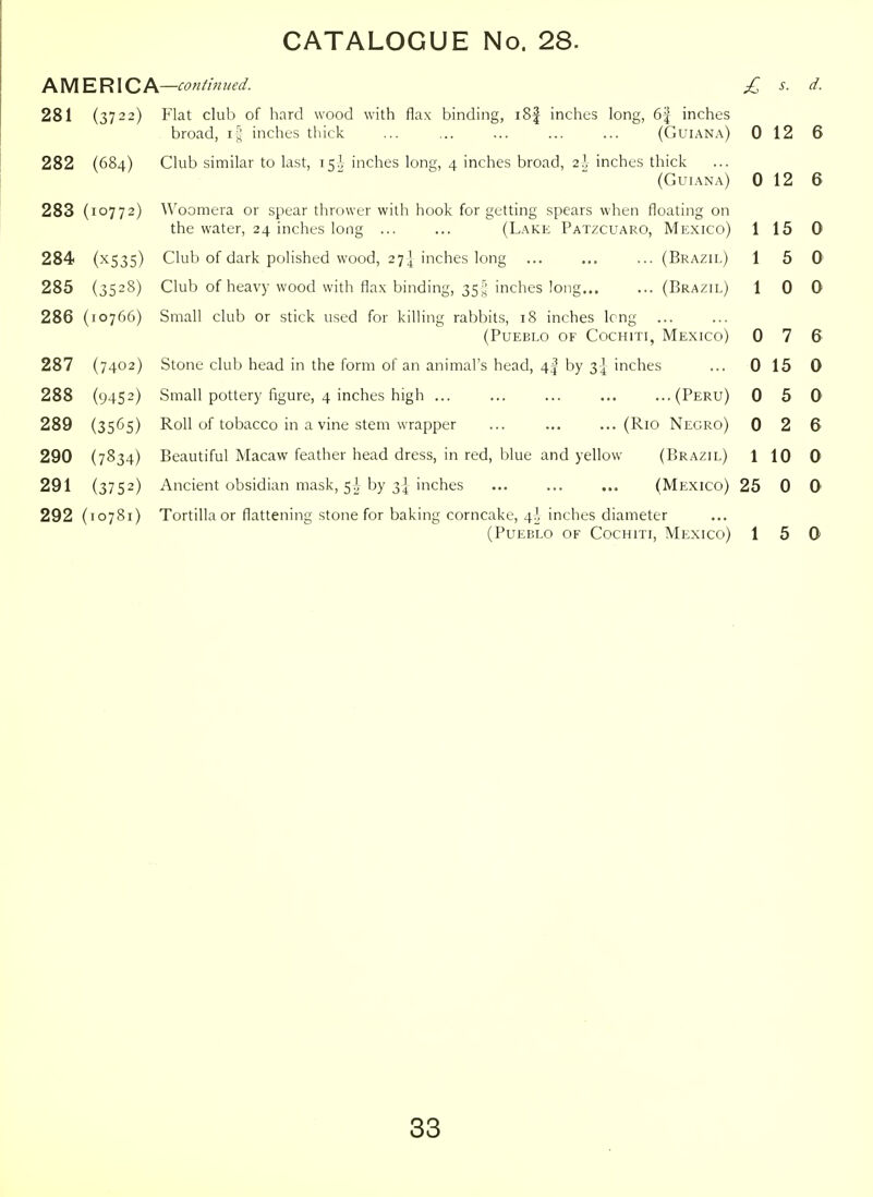 AMERICA—conffm^ed. £ s. d. 281 (3722) Flat club of hard wood with flax binding, i8| inches long, 6| inches broad, inches thick ... ,.. ... ... ... (Gui.-^na) 0 12 6 282 (684) Club similar to last, 15.! inches long, 4 inches broad, inches thick (Guiana) 0 12 6 283 (10772) Woomera or spear thrower with hook forgetting spears when floating on the water, 24 inches long ... ... (Lake Patzcuaro, Mexico) 115 0 284 (X535) Club of dark polished wood, 27] inches long ... ... ... (Brazil) 15 0 285 (3528) Club of heavy wood with flax binding, 35i; inches long... ... (Brazil) 10 0 286 (J0766) Small club or stick used for killing rabbits, 18 inches Icng ... (Pueblo of Cochiti, Mexico) 0 7 6 287 (7402) Stone club head in the form of an animal's head, 4I by 3I inches ... 0 15 0 288 (9452) Small pottery figure, 4 inches high ... ... ... ... ...(Peru) 0 5 0 289 (3565) Roll of tobacco in a vine stem wrapper ... ... ...(Rio Negro) 0 2 6 290 (7834) Beautiful Macaw feather head dress, in red, blue and yellow (Brazil) 110 0 291 (3752) Ancient obsidian mask, 5i by 3I inches ... (Mexico) 25 0 0 292 (10781) Tortilla or flattening stone for baking corncake, 4^ inches diameter (Pueblo of Cochiti, Mexico) 15 0